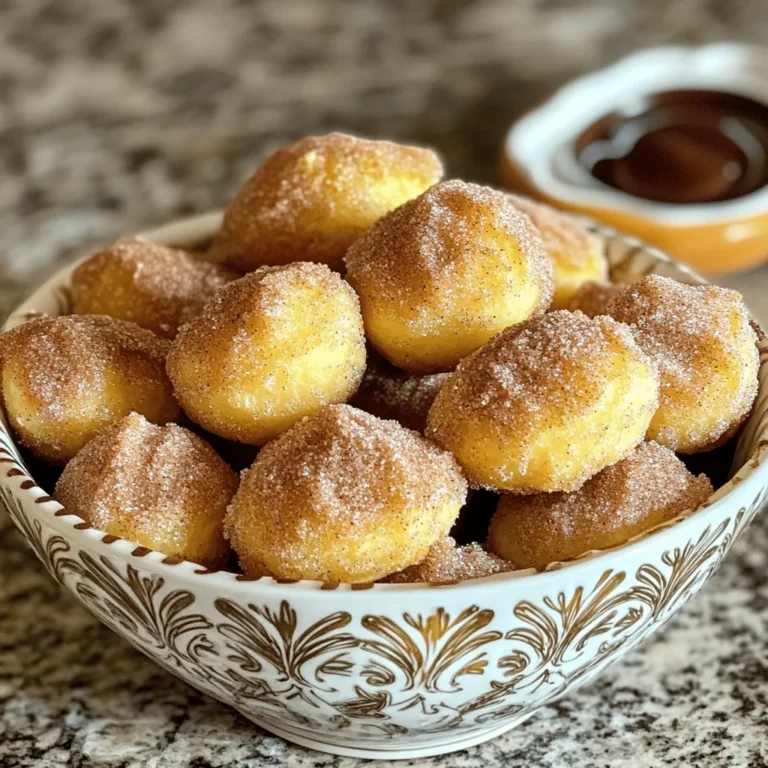 To make these tasty donut holes, you will need: - 1 cup all-purpose flour - 1/4 cup granulated sugar - 1 tablespoon baking powder - 1/4 teaspoon salt - 1/2 teaspoon ground cinnamon - 1/2 cup milk - 1 large egg - 2 tablespoons melted butter - 1/4 cup granulated sugar (for coating) - 1 tablespoon ground cinnamon (for coating) Using the right amounts of each ingredient is key. Here are some tips: - Use dry measuring cups for flour and sugar. Fill the cup and level it off with a knife. - For liquids, use a liquid measuring cup. Check the measurement at eye level. - To measure sticky ingredients like butter, use a scale if you can. This gives the best results. - Always sift dry ingredients if the recipe calls for it. Sifting helps to avoid lumps. You can easily swap some ingredients if needed: - Flour: Use whole wheat flour for a nuttier taste. - Milk: Almond milk or soy milk works well as a dairy-free option. - Egg: A flax egg (1 tablespoon flaxseed meal mixed with 2.5 tablespoons water) can replace the egg. - Butter: Use coconut oil or applesauce for a lighter option. - Sugar: Substitute brown sugar for a deeper flavor, or use coconut sugar for a healthier choice. These options help you customize the donut holes to fit your tastes and needs. To start, gather your ingredients. I use 1 cup of all-purpose flour, 1/4 cup of sugar, 1 tablespoon of baking powder, 1/4 teaspoon of salt, and 1/2 teaspoon of ground cinnamon. In a mixing bowl, whisk these dry ingredients together. Mix until everything is well combined. Next, in another bowl, combine 1/2 cup of milk, 1 large egg, and 2 tablespoons of melted butter. Pour this wet mix into the dry mix. Stir gently until just combined. It’s okay if it has a few lumps. This means your donut holes will be soft and fluffy. Now, let’s preheat the air fryer. Set it to 350°F (175°C). Preheating helps cook the donut holes evenly. It takes just a few minutes to reach the right temperature. This step is key for getting that perfect golden brown color. After preheating, form the dough into small balls. Use a small cookie scoop or your hands to make balls about 1 inch in diameter. Place them in a greased air fryer basket. Make sure to leave space between each ball so they can rise and expand. Next, lightly spray the tops with cooking spray. This helps them brown nicely. Air fry the donut holes for about 7-8 minutes. Keep an eye on them to avoid burning. They should look golden brown and cooked through. Once they are done, mix together 1/4 cup of sugar and 1 tablespoon of ground cinnamon in a small bowl. Roll the warm donut holes in this mix. The heat helps the sugar stick well. Let them cool slightly before serving. Enjoy your delicious treat! To get that perfect golden brown color, you need to follow a few steps. First, preheat your air fryer to 350°F (175°C) before you start cooking. This warm air helps create a nice crust. Second, space the donut holes well in the air fryer basket. This allows the heat to move around them easily. Finally, lightly spray the tops with cooking spray. This helps them brown evenly. Overmixing can make your donut holes tough. It’s best to mix the batter just until the dry and wet ingredients combine. You want some lumps to stay. This makes the donut holes fluffy and soft. Use a gentle hand when stirring. If you see dry spots, fold the batter carefully without beating it too much. If your donut holes are not cooking evenly, check the spacing in the basket. If they touch each other, they may not cook well. For donut holes that are too dry, they might need a few more minutes in the fryer. Keep an eye on them. If they are too bland, try adding a pinch of salt or more cinnamon to the batter. Always taste your batter before cooking! {{image_2}} You can easily change the flavor of your donut holes. For chocolate, use cocoa powder. Substitute 2 tablespoons of flour with cocoa powder. This gives a rich, chocolatey taste. For pumpkin spice, add pumpkin puree and a mix of spices. Use 1/4 cup of puree and 1 teaspoon of pumpkin spice. These flavors make your donut holes exciting and fun! To make gluten-free donut holes, swap the all-purpose flour for gluten-free flour. Look for a blend that works well for baking. You may also need to add a binding agent. A tablespoon of ground flaxseed or a bit of xanthan gum works great. This way, everyone can enjoy the delight of donut holes! For different coatings, think outside the box! You can use powdered sugar instead of cinnamon sugar. Or try a mixture of brown sugar and nutmeg for a warm flavor. You can even roll them in toasted coconut or crushed nuts. These options add a fun twist to your donut holes. Enjoy experimenting with flavors and textures! To store leftover donut holes, place them in an airtight container. Make sure they cool completely first. This keeps them soft and fresh. You can also layer parchment paper between them. This prevents sticking and keeps them fluffy. Reheat your donut holes in the air fryer for a few minutes. Set the temperature to 350°F (175°C). This gives them a nice crisp outside again. You can also use a microwave if you're in a hurry. Just heat them for about 10-15 seconds. But be careful, as they can get chewy. Cinnamon sugar donut holes last about 2-3 days at room temperature. If you want to keep them longer, store them in the fridge. They can last up to a week this way. However, fresh is always best! Yes, you can bake donut holes instead of using an air fryer. To bake them, preheat your oven to 350°F (175°C). Grease a mini muffin tin or a donut hole pan. Fill each cavity with the donut dough, leaving some space for rising. Bake for 10-12 minutes. Keep an eye on them, as baking time may vary. The donut holes should be golden brown when done. You can tell when donut holes are done by checking their color. They should be golden brown all over. You can also use a toothpick. Insert it into a donut hole; if it comes out clean, they are done. Be careful not to overcook them, as they can become dry. Donut holes taste great on their own, but you can serve them with fun dips. Try chocolate sauce or caramel sauce for a sweet touch. You can also serve them with coffee or milk for a delightful snack. If you want to be fancy, dust them with extra cinnamon sugar before serving. This makes them look even more inviting! This article covered all you need to make tasty Air Fryer Cinnamon Sugar Donut Holes. You learned about the right ingredients and how to measure them. I shared steps for making the batter and cooking the donut holes. You also found clever tips to avoid common issues. Lastly, we explored fun flavors and storage tips. Enjoy your delicious treats, and remember, baking is fun. Keep experimenting with new flavors!