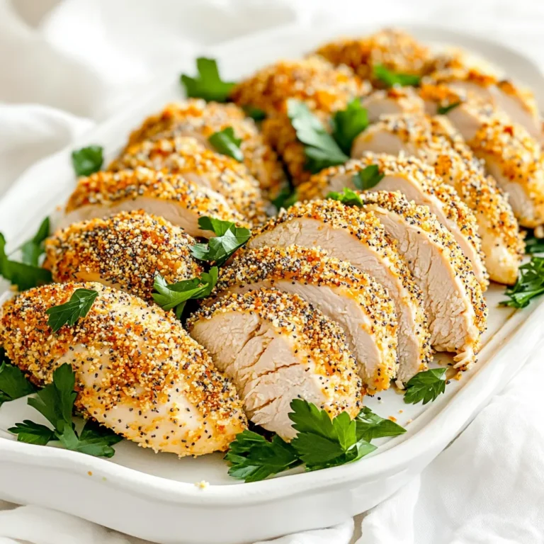 - 4 boneless, skinless chicken breasts - 1 cup plain Greek yogurt - ½ cup breadcrumbs (panko preferred for crunch) - 3 tablespoons everything bagel seasoning - 1 teaspoon garlic powder - 1 teaspoon onion powder - Salt and pepper to taste - Olive oil spray - Fresh herbs for garnish - Side dish suggestions (mixed greens, light salad) The key to this dish is using simple, fresh ingredients. Each one plays a big role in flavor. The chicken breasts give a nice base. The Greek yogurt adds creaminess and helps keep the chicken juicy. Panko breadcrumbs make the crust crispy. Everything bagel seasoning brings a fun and tasty twist. You can feel free to play with the optional ingredients. Fresh herbs not only taste great but also look pretty. A light salad or mixed greens makes a nice side. This way, you can create a full meal that’s not just tasty, but also colorful and appealing. When you gather your ingredients, make sure they are fresh. This step sets the stage for a yummy dish. Trust me, the better the ingredients, the better your chicken will taste. To start, you need to marinate the chicken in a yogurt mixture. This gives it flavor and keeps it moist. In a medium bowl, mix 1 cup of plain Greek yogurt with 1 teaspoon of garlic powder, 1 teaspoon of onion powder, salt, and pepper. Stir well to combine. Next, place 4 boneless, skinless chicken breasts in the bowl. Make sure each piece is covered in the marinade. Let the chicken sit for at least 15 minutes. If you have time, you can marinate it for up to 2 hours in the fridge. While the chicken marinates, prepare the breadcrumb coating. In a separate bowl, mix ½ cup of breadcrumbs with 3 tablespoons of everything bagel seasoning. This will add a great crunch and flavor to your chicken. Now, it’s time to air fry the chicken. First, preheat your air fryer to 375°F (190°C). This step is key for even cooking. After preheating, remove each chicken breast from the marinade. Let any extra marinade drip off. Roll the chicken in the breadcrumb mixture until fully coated. Place the chicken breasts in a single layer in the air fryer basket. Spray the tops lightly with olive oil spray. This helps them get crispy. Air fry the chicken for 15-18 minutes. You want the internal temperature to reach 165°F (75°C). Remember to flip the chicken halfway through cooking for even browning. Once the chicken is done, let it rest for 5 minutes before slicing. This keeps the juices inside. For presentation, slice the chicken and serve it on a platter. Garnish with fresh herbs like parsley or chives. A sprinkle of extra everything bagel seasoning adds a nice touch. Pair it with a side of mixed greens or a light salad for a tasty meal. Enjoy your flavorful delight! To get the best flavor, marinate your chicken for at least 15 minutes. If you can, let it sit for up to 2 hours in the fridge. This gives the yogurt time to soak in. You can adjust spice levels by adding more garlic or onion powder. If you want it spicier, try adding a dash of cayenne pepper. Always check for doneness using a meat thermometer. The chicken should reach 165°F (75°C). This ensures it's safe to eat. For crispy results, lightly spray the chicken with olive oil before cooking. This helps the breading get that golden crunch we all love. You can customize the flavor by using different seasonings. Try adding paprika for a smoky taste or Italian herbs for a fresh twist. If you want extra crunch, substitute the breadcrumbs with crushed nuts. Serve your chicken with dips like ranch or honey mustard. These add a fun kick to each bite. {{image_2}} You can switch up the chicken in this recipe. Turkey works great. It stays juicy and cooks well in the air fryer. Pork is another tasty choice. Just make sure to use pork chops or tenderloin for the best results. If you're looking for vegetarian options, try tofu or seitan. Tofu soaks up flavors really well and gives a great texture. Just press it first to remove excess water. Seitan is chewy and makes a good meat substitute. Want to shake things up? Add herbs like dill or thyme to your coating. These herbs bring fresh flavors that pair well with the everything bagel seasoning. You can also mix in some red pepper flakes for heat. This adds a spicy kick that makes the dish more exciting. How about serving this in a fun way? You can make a bagel sandwich with your favorite toppings. Try cream cheese, lettuce, and tomatoes for a classic combo. For a lighter meal, serve the chicken over a salad. Mixed greens, cucumber, and a light vinaigrette work well. This gives you a healthy option that still tastes great. The chicken lasts about 3 to 4 days in the fridge. Store it in an airtight container. Before reheating, slice the chicken. This helps it warm evenly. You can use a microwave or a skillet to reheat. Heat it gently until warm to keep it juicy. You can freeze the chicken before or after cooking. If freezing raw, marinate and coat it first. Wrap it tightly in plastic wrap, then place it in a freezer bag. For cooked chicken, let it cool, then slice and store. To defrost, place it in the fridge overnight or use the microwave. Avoid letting it sit out at room temperature. To save time, prep the chicken ahead. Marinate it a day before cooking. You can also coat it and freeze it. Use glass or plastic containers with lids for storage. Label each container with the date. This way, you'll know when to use it. Enjoy the ease of having a tasty meal ready to go! To make this recipe gluten-free, switch the breadcrumbs. Use gluten-free breadcrumbs or crushed gluten-free crackers. You can find these in most stores. Be sure to check the label for any hidden gluten. This simple swap keeps the crunch while making it safe for those with gluten sensitivity. If you don’t have an air fryer, you can bake the chicken in your oven. Preheat your oven to 400°F (200°C). Place the coated chicken on a baking sheet lined with parchment paper. Bake for about 20-25 minutes, flipping halfway. Look for a golden crust and ensure the chicken reaches 165°F (75°C) inside. The oven method gives a nice result too. Yes, you can use frozen chicken. However, you must adjust the cooking time. If using frozen breasts, increase cooking time to about 25-30 minutes. Ensure the chicken reaches the safe temperature of 165°F (75°C) before serving. If possible, thaw the chicken first for better marinating. This recipe combines simple ingredients for a tasty air-fried chicken. We explored the necessary steps, from marinating to perfecting the crust. I offered tips for customization and storage, ensuring you can enjoy it later. Remember, you can easily adjust the flavors or proteins to suit your taste. With these guidelines, you can create a delightful dish that fits various diets. Enjoy your cooking adventure and the delicious meals ahead!