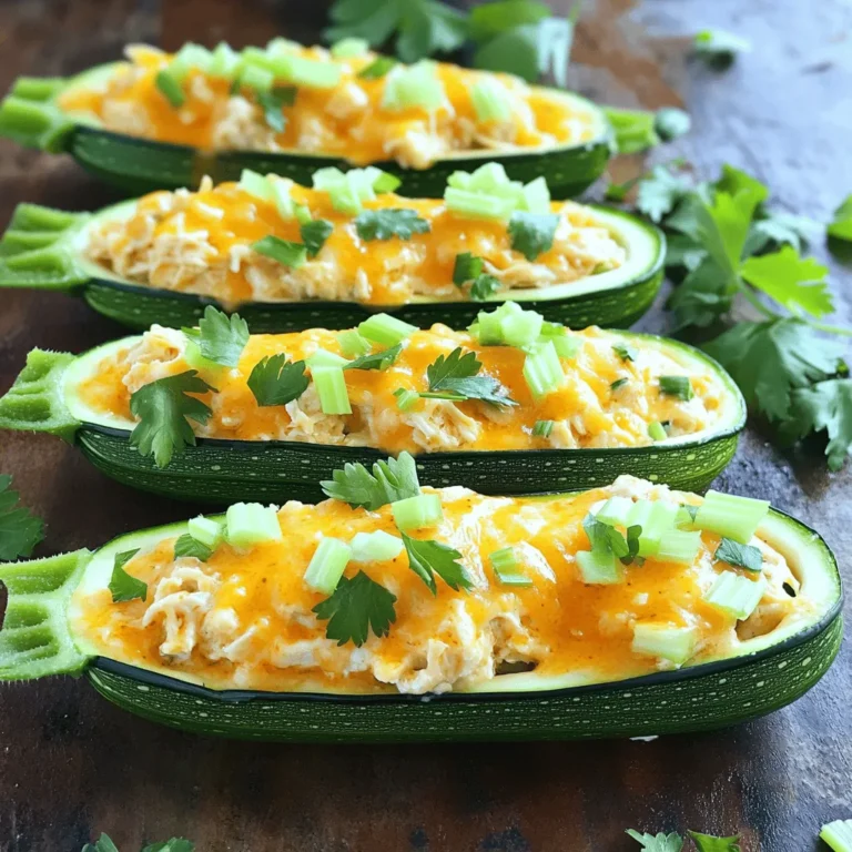To make Buffalo Chicken Stuffed Zucchini Boats, gather these main ingredients: - 4 medium zucchinis - 2 cups cooked chicken, shredded - 1/2 cup hot buffalo sauce (adjust to taste) - 1 cup cream cheese, softened - 1 cup shredded cheddar cheese - 1/2 cup celery, finely chopped - 1/4 cup green onions, chopped - Salt and pepper to taste - Olive oil for brushing Each ingredient plays a key role in creating that perfect flavor. The zucchinis serve as the perfect vessel, while the chicken provides protein and the buffalo sauce brings heat. Cream cheese adds creaminess to balance the spices. You can enhance your zucchini boats with a few extras. Consider adding: - Fresh parsley for garnish - Additional hot sauce for extra heat - Crumbled blue cheese for a classic touch These garnishes can make your dish more appealing and add even more flavor. If you need to swap some ingredients, here are a few ideas: - Use Greek yogurt instead of cream cheese for a lighter option. - Substitute shredded turkey for chicken if you prefer. - Try different cheeses, like mozzarella or pepper jack, for a unique twist. These substitutions can keep your dish fresh and exciting while still maintaining its delicious character. 1. Preheat your oven to 375°F (190°C). 2. Cut the zucchinis in half lengthwise. Scoop out the seeds to create boats. 3. Brush the inside of each zucchini boat with olive oil. Place them on a baking sheet. 4. In a bowl, mix the shredded chicken and buffalo sauce. 5. Add softened cream cheese to the bowl. 6. Stir in half of the cheddar cheese, chopped celery, and green onions. 7. Season the mixture with salt and pepper to taste. 1. Spoon the buffalo chicken mixture into each zucchini boat. 2. Top the boats with the remaining cheddar cheese. 3. Bake them in the oven for 25-30 minutes. 4. The zucchinis should be tender, and the cheese should be melted and bubbly. 5. Take them out of the oven and let them cool slightly. 6. If you like, garnish with fresh parsley for a pop of color. - Choose zucchinis that are firm and bright in color. This ensures freshness. - Make sure to scoop out enough seeds to create space for the filling. - Don't overfill the zucchini boats. Leave a little space for the cheese to melt. - Let the stuffed zucchini cool for a few minutes before serving. This helps the filling set. - Serve right away for the best flavor and texture. When picking zucchinis, look for firm ones. They should be bright green with no spots. Choose smaller zucchinis, as they are more tender. Bigger zucchinis can be watery and tough. I suggest zucchinis about 6 to 8 inches long. Fresh zucchinis will give your dish the best taste and texture. To shred chicken easily, start with cooked chicken. I prefer using rotisserie chicken for flavor. You can also boil or bake chicken breast until done. Let it cool before shredding. Use two forks to pull apart the meat. This method works well for making fine shreds. Make sure the chicken is moist for the best flavor in your zucchini boats. Buffalo sauce can be adjusted to fit your taste. If you like it spicy, use more sauce. For a milder version, mix in cream cheese before adding buffalo sauce. You can also add a bit of honey to balance the heat. This takes the edge off while keeping the flavor. Always taste the mixture before filling the zucchini boats. This way, you get the perfect spice level for everyone. {{image_2}} If you want a veggie twist on this dish, try using cooked quinoa or lentils instead of chicken. Mix these with buffalo sauce, cream cheese, and chopped veggies like bell peppers and spinach. This way, you keep the fun flavor but make it plant-based. These boats taste great and appeal to non-meat eaters. Buffalo sauce is a classic, but feel free to explore! You can swap it with barbecue sauce for a smoky taste. Ranch dressing can also work well, giving a creamy touch. Try mixing in some sriracha for a spicy kick. Each sauce adds a unique flavor to your zucchini boats, so experiment and find your favorite! To make your zucchini boats lighter, you can switch to low-fat cream cheese or Greek yogurt. For the cheese, consider using vegan cheese or nutritional yeast. Both options cut down on fat while keeping a tasty flavor. You can enjoy your dish without feeling guilty, making it a great choice for health-conscious eaters! To store leftover stuffed zucchini, let them cool first. Place them in an airtight container. Keep them in the fridge. They will stay fresh for up to three days. If you want to keep them longer, consider freezing. Reheat the stuffed zucchini in the oven for best results. Preheat the oven to 350°F (175°C). Place the zucchini on a baking sheet and cover them with foil. Heat for about 15-20 minutes until warm. You can also use the microwave. Heat them for about 2-3 minutes or until hot. To freeze your stuffed zucchini, prepare them but do not bake. Place the filled zucchini in a single layer on a baking sheet. Freeze until solid. After they are frozen, transfer them to a freezer bag. They can last up to three months in the freezer. When you’re ready to eat, bake them from frozen, adding a few extra minutes to the cooking time. Yes, you can use store-bought rotisserie chicken. It saves time and adds flavor. Just shred the chicken and mix it with the other ingredients. This shortcut makes the recipe quick and easy. Yes, this recipe is gluten-free. The main ingredients, like zucchini and chicken, do not contain gluten. Just ensure your buffalo sauce is gluten-free. Some sauces may have gluten, so check the label. Each stuffed zucchini boat has about 300 calories. This number may vary based on the amount of cheese and sauce you use. For a healthier option, you can adjust the cheese or sauce. In this post, we explored how to make buffalo chicken stuffed zucchini boats. We detailed key ingredients, cooking steps, and helpful tips. You learned ingredient swaps, variations for different diets, and storage methods for leftovers. Remember, these stuffed zucchini boats are tasty and fun to make. Feel free to get creative with flavors and ingredients. This recipe can fit many tastes and needs. Enjoy cooking and sharing your delicious creations!