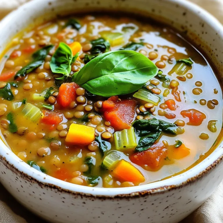 To make this creamy Tuscan lentil soup, gather these ingredients: - 1 cup green or brown lentils, rinsed - 1 medium onion, diced - 2 cloves garlic, minced - 2 medium carrots, diced - 1 celery stalk, diced - 1 can (14 oz) diced tomatoes, with juices - 4 cups vegetable broth - 1 cup coconut milk (or heavy cream for a richer flavor) - 2 cups fresh spinach, roughly chopped - 1 teaspoon dried oregano - 1 teaspoon dried basil - Salt and pepper to taste - 2 tablespoons olive oil - Optional: Fresh basil for garnish You can easily swap some ingredients to fit your taste or diet. - Lentils: Use red lentils for a faster cook time. - Coconut Milk: Swap for heavy cream if you want a rich flavor. - Spinach: Use kale or Swiss chard for a different green. - Diced Tomatoes: Fresh tomatoes work well if you have them. - Broth: Chicken broth adds a meaty flavor. Using fresh herbs can brighten the soup's taste. They add a vibrant flavor. - Fresh basil gives a sweet and aromatic touch. Add it near the end. - Dried oregano and basil are great for slow cooking. They release flavors over time. - If you have both, mix them for a more complex flavor. Use double the amount of fresh herbs compared to dried. Start by rinsing 1 cup of lentils. This removes any dust or debris. In your slow cooker, add the rinsed lentils, 1 diced onion, and 2 minced garlic cloves. Next, add 2 diced carrots and 1 diced celery stalk. Pour in 1 can of diced tomatoes, juices and all, along with 4 cups of vegetable broth. Stir everything together. Drizzle 2 tablespoons of olive oil over the mix. Then, add 1 teaspoon of dried oregano and 1 teaspoon of dried basil. Season with salt and pepper to your liking. Cover the slow cooker. Set it to cook on low for 6-8 hours or on high for 3-4 hours. The lentils should be tender and soft when done. About 30 minutes before serving, stir in 1 cup of coconut milk or heavy cream, depending on your choice. Add 2 cups of chopped spinach at this time. Let it cook until the spinach wilts and becomes tender. Once the cooking time is up, taste the soup. Adjust the seasoning if needed. If you want a creamier texture, use an immersion blender to puree part of the soup. Leave some lentils whole for a nice bite. Serve the soup hot in bowls. For a lovely finish, garnish with fresh basil and a drizzle of olive oil. Enjoy your comforting bowl of creamy Tuscan lentil soup! To make great soup, start with good ingredients. Rinse your lentils well before use. Dice your onion and garlic small for even cooking. Add veggies like carrots and celery to boost flavor. Layer the ingredients in the slow cooker. This helps the flavors mix well. Always season your soup. Salt and pepper enhance the taste. For a creamy soup, use coconut milk or heavy cream. Add this 30 minutes before serving. This prevents curdling and keeps the texture smooth. If you want a thicker soup, blend a small part. This gives a nice mix of creamy and chunky. Stir in fresh spinach right before serving. It wilts quickly and adds color. One mistake is not rinsing lentils. This can lead to a gritty texture. Avoid overcooking the soup. Lentils should be tender, not mushy. Don’t skip the seasoning. It makes a big difference in taste. Lastly, check your slow cooker settings. Cooking on high can make the soup too thick. Always taste before serving. Adjust seasoning as needed for the best flavor. {{image_2}} This soup is already vegetarian and can be vegan too! To keep it vegan, use coconut milk instead of heavy cream. The coconut milk adds a rich flavor. You can also use vegetable broth instead of chicken broth. This way, everyone can enjoy it! If you want extra protein, consider adding sausage or beans. Cooked sausage adds a nice, hearty flavor. You can use Italian sausage for a spicy kick. If you prefer beans, add a can of drained beans, such as cannellini or kidney beans. They mix well and boost the protein. To make this soup even tastier, try adding more herbs or spices. Fresh herbs like parsley or thyme brighten the flavors. A splash of lemon juice adds a zesty twist too! You can also stir in some red pepper flakes for heat. Don't forget to top it with fresh basil or a swirl of olive oil before serving! After you finish your delicious soup, let it cool down. Once cooled, store it in an airtight container. This keeps the soup fresh and tasty. Place it in the refrigerator if you plan to eat it within a few days. It can stay fresh for up to five days. To reheat, pour the soup into a pot over medium heat. Stir it often until it's hot. You can also use a microwave-safe bowl. Heat it in the microwave for about two to three minutes. Stir halfway through to warm it evenly. If the soup is too thick, add a splash of vegetable broth or water. You can freeze this soup too! Just make sure it is completely cool. Pour the soup into freezer-safe containers. Leave some space at the top for expansion. Seal tightly and label with the date. It can freeze for up to three months. To thaw, place it in the fridge overnight. Reheat it as discussed above, adding liquid if needed. Yes, you can make this soup on the stovetop. Start by sautéing the onion and garlic in olive oil. Then, add the carrots, celery, and rinsed lentils. Pour in the diced tomatoes and vegetable broth. Bring it to a boil, then reduce the heat. Let it simmer for about 30 to 40 minutes. Stir in the coconut milk and spinach before serving. To adjust for more servings, simply double the ingredients. Use two cups of lentils, two cans of diced tomatoes, and eight cups of broth. You can also increase the seasoning to match the larger batch. Just keep an eye on the cooking time, as it may change slightly with more volume. Pair this soup with a crisp green salad or crusty bread. A light side of roasted vegetables works well too. If you want something hearty, serve it with a side of garlic bread. These options complement the rich flavors of the soup and make for a complete meal. This blog post covered key steps to make a tasty Tuscan Lentil Soup. We explored ingredients, possible swaps, and herb options. I shared clear steps for prep, cooking times, and last touches. You learned best practices for slow cooking and how to get a creamy texture. We also discussed fun variations and storage tips. In the end, making this soup is easy and rewarding. Enjoy creating something delightful for you and your loved ones!