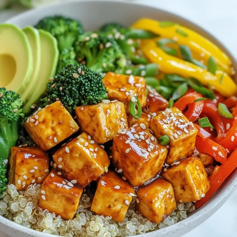 - 14 oz firm tofu, pressed and cubed - 1 cup cooked quinoa - 1 cup broccoli florets - 1 cup bell peppers, sliced (red and yellow) - 1 cup snap peas - 2 tablespoons sesame oil - ½ cup homemade or store-bought teriyaki sauce - 2 tablespoons soy sauce (or tamari for gluten-free) - 1 tablespoon fresh ginger, minced - 2 cloves garlic, minced - 1 tablespoon sesame seeds - Green onions, sliced (for garnish) - Avocado slices for topping Tofu is a great source of protein and helps build strong muscles. Quinoa is full of fiber and keeps you full longer. Broccoli and bell peppers add vitamins and minerals that support your health. Snap peas are crunchy and full of antioxidants. Ginger and garlic boost your immune system. Sesame seeds provide healthy fats and add crunch. By mixing these ingredients, you create a meal that is tasty and good for your body. {{ingredient_image_1}} First, press the tofu for about 30 minutes. This helps remove extra moisture. After pressing, cut the tofu into bite-sized cubes. This size will help it cook evenly and absorb flavors. Next, take a bowl and mix the cubed tofu with teriyaki sauce, soy sauce, minced ginger, and garlic. Let the tofu marinate for at least 15 minutes. This step is key for getting rich flavors into the tofu. If you haven't cooked quinoa yet, rinse 1/2 cup of it under cold water. Then, boil it in 1 cup of water. Let it simmer until it's fluffy. This usually takes about 15 minutes. Quinoa is a great base for your bowl. Now, heat 1 tablespoon of sesame oil in a large skillet over medium-high heat. Add the marinated tofu cubes. Cook them for about 8 to 10 minutes. Turn them occasionally until they turn golden and crispy. Once done, remove the tofu from the skillet and set it aside. In the same skillet, add another tablespoon of sesame oil. Next, toss in the broccoli florets, bell peppers, and snap peas. Sauté these veggies for about 5 to 7 minutes. You want them to be tender-crisp for the best bite. To assemble, place a scoop of cooked quinoa in serving bowls. Top it with your sautéed vegetables and crispy tofu cubes. For the final touch, sprinkle sesame seeds and sliced green onions over the top. If you like, add avocado slices for an extra creamy flavor. A drizzle of teriyaki sauce can add even more taste! Pressing tofu is key to getting rid of extra water. Start by wrapping the tofu block in a clean kitchen towel. Place a heavy object, like a skillet or books, on top. Let it sit for at least 30 minutes. This helps the tofu absorb flavors better when you marinate it. To make tofu crispy, ensure it's well-pressed first. After marinating, use a hot skillet with sesame oil. Cook the tofu cubes for 8 to 10 minutes. Turn them often to get all sides golden. The high heat helps create a nice crust. You can also try air frying or baking tofu. For air frying, preheat your air fryer to 375°F. Cook the marinated tofu cubes for about 15 to 20 minutes. Shake the basket halfway through for even cooking. If baking, spread the cubes on a lined baking sheet and bake at 400°F for 25 to 30 minutes. For teriyaki sauce, you have options! You can use store-bought sauce for convenience or make your own for fresh flavor. Combining soy sauce, mirin, and sugar creates a tasty homemade version. Adjust the sweetness to your liking, and don't forget to add garlic or ginger for extra flavor! Pro Tips Press Tofu Thoroughly: Ensure that the tofu is pressed well to remove as much moisture as possible. This helps achieve a firmer texture and allows it to absorb more marinade, enhancing the overall flavor. Customize the Veggies: Feel free to substitute or add any of your favorite vegetables. Carrots, zucchini, or bok choy can also work well in this bowl, adding different flavors and textures. Make it Spicy: For an extra kick, consider adding red pepper flakes or a drizzle of sriracha to the teriyaki sauce during marination. This will give your dish a delightful heat. Perfectly Cooked Quinoa: To ensure fluffy quinoa, rinse it thoroughly before cooking. This removes the natural coating called saponin, which can impart a bitter flavor if not washed off. {{image_2}} You can switch up the protein in your Teriyaki Tofu Power Bowl. If you want chicken, use boneless, skinless chicken breasts. Cut them into bite-sized pieces and cook them the same way as the tofu. You can also try tempeh. It's made from fermented soybeans and has a delicious, nutty flavor. Just cube it like tofu and marinate it in the teriyaki sauce. If you want to keep it vegetarian or vegan, tofu is great. But you can also use seitan. Seitan is made from wheat gluten and has a chewy texture. It absorbs flavors well. You can marinate it just like tofu. Another option is chickpeas. They are high in protein and add a nice bite. Just toss them in the teriyaki sauce and sauté until warm. Using seasonal veggies can make your power bowl fresh and tasty. In spring, try asparagus or snap peas. In summer, add zucchini or corn. Fall brings great flavors like butternut squash or Brussels sprouts. In winter, you can use hearty greens like kale or Swiss chard. Just sauté them until tender-crisp and mix them in! These variations help you customize your bowl. Play around with flavors and textures to find your favorite mix! Store any leftovers in an airtight container. Make sure to cool the dish to room temperature first. This keeps the tofu and veggies fresh. Place it in the fridge for up to three days. If you want to keep it longer, consider freezing it. To reheat, use the microwave or a skillet. If using the microwave, heat in short bursts. Stir in between to avoid uneven heating. If using a skillet, add a splash of water to keep it moist. Heat on medium until warm, about 5-7 minutes. This helps keep the tofu crispy and the veggies crisp-tender. You can freeze the Teriyaki Tofu Power Bowl for meal prep. However, tofu can change texture after freezing. For best results, freeze the cooked tofu and veggies separately. Place them in freezer-safe bags. When ready to eat, thaw in the fridge overnight. Reheat in a skillet for the best texture. To make teriyaki sauce, you need simple ingredients. Mix ¼ cup soy sauce, ¼ cup mirin, and 2 tablespoons sugar in a pot. Heat it on low until the sugar dissolves. Add 1 tablespoon of cornstarch mixed with 2 tablespoons of water to thicken. Stir until it’s smooth and shiny. This sauce works well for marinades, too. Yes, this recipe can be gluten-free. Use tamari instead of soy sauce for a gluten-free option. Make sure the teriyaki sauce you use is also gluten-free. Many brands offer gluten-free options, so check the label. Absolutely! You can add any vegetables you like. Carrots, zucchini, or spinach are great choices. Just chop them small and sauté them with the other veggies. This way, you can customize your bowl based on what you have or what you enjoy. Some great sides include steamed rice or a fresh salad. You can also serve it with pickled vegetables for a tangy touch. For a heartier meal, add a side of edamame. These sides balance the flavors in your bowl nicely. In this article, we explored how to make a Teriyaki Tofu Power Bowl. You learned about essential ingredients, recipe steps, and important tips for success. We also discussed protein alternatives, storage options, and common FAQs. Remember, you can adjust this bowl to fit your taste and needs. Enjoy your cooking journey, and make this dish your own! You will love how tasty and nutritious it can be.