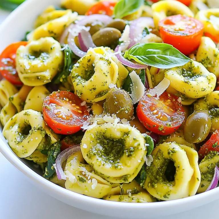 - 12 oz cheese tortellini - 1 cup cherry tomatoes, halved - 1 cup spinach, roughly chopped - 1/2 cup olives, sliced (green or black) - 1/4 cup red onion, finely chopped - 1/2 cup pesto sauce - 1/4 cup grated Parmesan cheese - 2 tablespoons olive oil - Salt and pepper to taste - Fresh basil leaves for garnish The cheese tortellini serves as the star of this dish. It brings a rich, cheesy flavor and a delightful texture. Cherry tomatoes add a sweet burst. Their bright color makes the salad pop. Spinach gives a fresh crunch and a vibrant green hue. Olives add a briny taste. They balance the flavors well. Red onion brings a sharp bite that complements the other ingredients. Pesto sauce ties everything together. It gives the salad a herby, nutty flavor. Olive oil adds richness and helps blend the ingredients. Finally, Parmesan cheese adds a savory finish. If you can’t find cheese tortellini, try using plain pasta. Bowtie or penne work well. For a lighter touch, use zucchini noodles instead. Instead of cherry tomatoes, diced bell peppers add a nice crunch. Swap spinach for arugula or kale for a different flavor. If you dislike olives, try artichoke hearts or capers. For a nut-free option, use a dairy-free pesto or make your own. If you want a creamier salad, mix in some cream cheese or Greek yogurt. {{ingredient_image_1}} Start by boiling water in a large pot. Make sure to add a good pinch of salt. Once the water boils, add 12 oz of cheese tortellini. Cook it according to the package, usually 3-5 minutes. You want the tortellini to be al dente. After cooking, drain the tortellini and rinse it under cold water. This cools it down and stops the cooking. In a large mixing bowl, combine the cooled tortellini with other fresh ingredients. Add 1 cup of halved cherry tomatoes, 1 cup of roughly chopped spinach, and 1/2 cup of sliced olives. You can use green or black olives based on your taste. Finally, add 1/4 cup of finely chopped red onion. Gently mix everything together to ensure even distribution. For the dressing, grab a small bowl. Whisk together 1/2 cup of pesto sauce and 2 tablespoons of olive oil. The oil makes the dressing smooth and rich. Once mixed, pour the pesto dressing over your salad. Gently toss it to coat all the ingredients. Season with salt and pepper to taste. Top with 1/4 cup of grated Parmesan cheese. Let the salad sit for 15-20 minutes. This allows the flavors to blend and become even tastier. Before serving, add fresh basil leaves for a lovely touch. To cook cheese tortellini perfectly, use a large pot. Bring salted water to a boil. Add the tortellini and watch them closely. Cook for 3 to 5 minutes until they are al dente. Drain the tortellini and rinse them under cold water. This stops the cooking and keeps the pasta firm. To boost flavor, use fresh ingredients. Fresh cherry tomatoes and spinach make a big difference. Olives add a nice salty kick. Red onion gives a sweet crunch. When mixing in the pesto sauce, blend it well with olive oil. This helps coat every piece of tortellini. Taste the salad before serving. Adjust salt and pepper to your liking. A sprinkle of grated Parmesan cheese adds a rich finish. Lastly, don’t forget fresh basil leaves for a pop of flavor. Serve the pesto tortellini salad cold or at room temperature. It makes a great side dish for grilled meats or fish. You can also serve it as a light main course. If you want to impress guests, add a simple green salad on the side. This dish is perfect for picnics or potlucks. For extra fun, serve it in a large bowl with a ladle. This way, everyone can help themselves! Pro Tips Perfectly Cook Tortellini: Ensure you cook the tortellini until al dente for the best texture. Overcooking can make them mushy. Customize Your Greens: Feel free to substitute spinach with arugula or kale for a different flavor profile and added nutrients. Add Protein: For a heartier salad, consider adding grilled chicken, shrimp, or chickpeas to make it a complete meal. Make It Ahead: This salad can be made a day in advance. Just add the fresh basil right before serving to keep it vibrant. {{image_2}} You can add many vegetables to your pesto tortellini pasta salad. Try bell peppers for some crunch. Zucchini adds a nice, fresh flavor. Carrots bring a bit of sweetness. You can even toss in some peas for a pop of color. Just remember to chop them small, so they mix well with the tortellini. Want to make your salad heartier? Consider adding protein. Grilled chicken works great with the pesto. Shrimp can add a nice touch too. For a vegetarian option, try chickpeas or white beans. These will give you a boost of energy. Just mix them in after you combine the veggies and tortellini. If you want to change the flavor, try different sauces. You can use sun-dried tomato pesto for a tangy twist. A spinach or arugula pesto can add a fresh taste. You can even make a creamy version with Greek yogurt. Just blend the yogurt with herbs to create a smooth sauce. Each option gives your salad a new flair. After enjoying your pesto tortellini pasta salad, store any leftovers in an airtight container. Make sure to cool the salad to room temperature first. This keeps the flavors fresh and prevents sogginess. Refrigerate the container for up to three days. If you want to keep it longer, consider freezing it. However, the texture may change after thawing. To reheat the salad, take it out of the fridge. You can eat it cold or warm it up. If you prefer warm pasta salad, place it on the stove over low heat. Stir gently until warm. Avoid high heat; it may dry out the ingredients. If you freeze the salad, thaw it in the fridge before reheating. Pesto tortellini pasta salad is best eaten fresh but lasts well in the fridge. Keep an eye on the ingredients, especially the spinach and tomatoes. If they start to look wilted or slimy, it’s time to toss the salad. Always check for any off smells or changes in texture before eating. Yes, you can make this salad ahead of time. It tastes even better after sitting. The flavors mix well when you let it chill. I recommend making it a few hours before serving. Just keep it in the fridge until you are ready to eat. You can easily customize this salad to fit your taste. Add different veggies like bell peppers or cucumbers. Try using different cheeses, like feta or mozzarella. If you like more protein, add grilled chicken or chickpeas. The options are endless! Absolutely! This salad is great for meal prep. It keeps well in the fridge for a few days. Just store it in airtight containers. Portion it out for easy lunches or dinners. You can enjoy it cold or at room temperature. This blog post covered all you need for a great Pesto Tortellini Pasta Salad. We explored the ingredients, step-by-step cooking methods, and useful tips to enhance flavor. You learned about variations, storage tips, and answers to common questions. Enjoy making this dish your own with different veggies or proteins. Remember, this salad is not just easy to prepare but also fun to customize. Whether for a quick lunch or a meal prep staple, it offers fresh flavors and fills you up. Enjoy!
