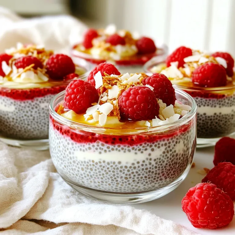 When making Coconut Raspberry Chia Pudding, you need simple and fresh ingredients. Here’s what you will need: - 1 cup coconut milk (canned or carton) - 1/4 cup chia seeds - 2 tablespoons maple syrup (or honey) - 1 teaspoon vanilla extract - 1 cup fresh raspberries (plus extra for topping) - A pinch of salt - Toasted coconut flakes (for garnish) Each ingredient plays a key role in the flavor and texture of the pudding. Coconut milk adds creaminess and a rich coconut flavor. You can use canned or carton coconut milk. Both work well! Chia seeds are magical! They soak up liquid and turn into a pudding-like consistency. They are also full of fiber and healthy fats. Maple syrup or honey sweetens the pudding. You can adjust the amount based on your taste. Vanilla extract gives a lovely aroma and taste. It enhances all the flavors in the pudding. Fresh raspberries add a burst of tartness. They balance the sweetness from the syrup. Plus, they look beautiful in the dish! A pinch of salt brings out all the flavors. It adds depth to the overall taste. Toasted coconut flakes make a great garnish. They add texture and extra coconut flavor. With these ingredients, you can create a delightful and healthy treat that everyone will love. Enjoy the process of mixing and creating! Start by taking a medium mixing bowl. Add 1 cup of coconut milk. Next, pour in 2 tablespoons of maple syrup or honey. Then, add 1 teaspoon of vanilla extract and a pinch of salt. Use a whisk to mix everything well. You want it smooth and blended. This step creates a sweet and creamy base. Now, it’s time to add the chia seeds. Measure out 1/4 cup of chia seeds and sprinkle them into the mixture. Stir well to ensure all seeds are mixed in evenly. This is key for the pudding texture. If seeds clump, it won’t set right. Cover the bowl with plastic wrap or a lid. Place it in the fridge for at least 4 hours or overnight. This chilling time allows the chia seeds to absorb the coconut milk. You know it’s ready when the mixture is thick and gel-like. Once the pudding sets, take it out of the fridge. Gently fold in 1 cup of fresh raspberries. Reserve a handful for topping later. This adds a pop of flavor and color. Be careful not to mash the berries too much. Now it’s time to serve! Spoon the chia pudding into clear glasses or bowls. This shows off the beautiful layers. Top each serving with the reserved raspberries. Sprinkle some toasted coconut flakes on top for crunch. For extra sweetness, drizzle a little maple syrup on top if you like. Enjoy your delightful and easy treat! To get the best texture for your coconut raspberry chia pudding, timing is key. You should refrigerate your pudding for at least four hours. This allows the chia seeds to absorb the coconut milk and become soft. For a thicker pudding, feel free to add a bit more chia seeds. Start with an extra tablespoon if you want it creamier. You can switch up the flavors in your pudding by trying different sweeteners. Maple syrup is great, but honey or agave syrup works too. Each sweetener brings its own taste. You can also add extra flavors, like a pinch of cinnamon or a splash of coconut extract, to give it a unique twist. How you serve your pudding matters! Layer the chia pudding and fresh raspberries in clear glasses. This showcases the beautiful colors. For a finishing touch, sprinkle some toasted coconut flakes on top. You can also add a sprig of mint for a fresh look. This makes your dessert not just tasty but also pretty to see! {{image_2}} You can change the flavor of your Coconut Raspberry Chia Pudding easily. Try using different fruits like mango or blueberry. These fruits add a new taste and color. You can also mix in some strawberries or peaches for a fresh twist. Another fun option is to swap the coconut milk. You can use almond milk, oat milk, or soy milk. Each type of milk gives a unique flavor. Choose what you like best! If you follow a vegan diet, this recipe is already perfect for you! It uses plant-based ingredients, so you can enjoy it without any changes. For those looking for low-calorie options, reduce the amount of maple syrup or honey. You can also use a sugar substitute like stevia. This way, you can enjoy a lighter version of this tasty pudding. You can adapt your pudding based on what fruits are in season. In the summer, use juicy peaches or plump blueberries. In the fall, think about adding apples or pears. This keeps your pudding fresh and exciting. Using local flavors can also enhance your pudding. If you have access to unique fruits, try them out! You might discover new favorites. Each season brings different tastes, making your Coconut Raspberry Chia Pudding even more delightful. Store your Coconut Raspberry Chia Pudding in an airtight container. This keeps it fresh and tasty. Make sure the lid closes tightly. Place the container in the fridge right after you make it. The cold helps it stay firm and flavorful. This pudding can last for about 4 to 5 days in the fridge. Check for signs of spoilage before eating. If you see any mold or if it smells bad, throw it away. Freshness is key for the best taste and texture. You can freeze this pudding if you want to save some for later. Use a freezer-safe container and leave some space for expansion. To thaw, move it to the fridge overnight. Stir well before enjoying to regain its creamy texture. Yes, you can make this pudding ahead of time. It keeps well in the fridge. I recommend preparing it the night before. This gives the chia seeds time to soak up the coconut milk. Store it in an airtight container. It stays fresh for about three days. Just add your toppings before serving. If you don’t have chia seeds, you can use flaxseeds. Ground flaxseeds work best. They will also thicken the pudding but may change the flavor slightly. You can also try tapioca pearls. They create a different texture but still taste great. To adjust sweetness, you can add more or less maple syrup. Honey is another option. Start with a little and taste as you go. You can also use stevia or agave syrup for a lower-calorie option. Just remember to mix well after adding. Yes, chia seeds are very healthy! They are full of fiber, protein, and omega-3 fatty acids. These nutrients help with digestion and heart health. Plus, they are low in calories, making them a great addition to your diet. Eating chia seeds can keep you full longer, too. This blog post showed you how to make coconut raspberry chia pudding. We covered ingredients like coconut milk, chia seeds, and fresh raspberries. I provided steps for mixing, chilling, and serving the pudding. Tips for perfect texture and flavor enhanced your experience. Feel free to play with flavors or add seasonal fruits. With the right storage, you can enjoy this tasty treat for days. Enjoy your delicious and healthy pudding creation!