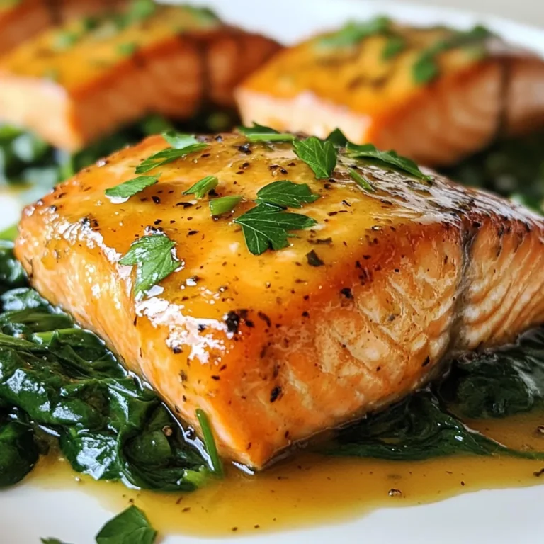 To make Maple Dijon Glazed Salmon, gather these simple ingredients: - 4 salmon fillets (6 ounces each) - 1/4 cup pure maple syrup - 2 tablespoons Dijon mustard - 1 tablespoon soy sauce (low sodium) - 1 tablespoon lemon juice - 2 cloves garlic, minced - Salt and pepper, to taste - Fresh parsley, chopped (for garnish) These ingredients come together to create a sweet and tangy glaze. The salmon is rich and flaky, perfectly balanced by the maple syrup and Dijon mustard. You get a hint of brightness from the lemon juice and garlic. I love how easy it is to prepare. With just a few ingredients, you can impress anyone at the dinner table. Make sure to use pure maple syrup for the best flavor. The Dijon mustard adds a nice kick, while the soy sauce gives depth. Fresh parsley brings a pop of color and freshness to the dish. Trust me, this ingredient list is all you need for a delicious meal. {{ingredient_image_1}} To start, get a small bowl. In that bowl, add the maple syrup, Dijon mustard, soy sauce, lemon juice, and minced garlic. Use a whisk to mix them well. You want to blend these until you have a smooth glaze. This glaze adds flavor and makes the salmon shine. Next, let's get the oven ready. Preheat it to 400°F (200°C). This is the perfect heat for cooking salmon. While the oven warms up, take a baking dish. You can lightly grease it or line it with parchment paper. This will help with easy cleanup later. Now, it's time to cook the salmon. Take your salmon fillets and place them in the baking dish. Make sure the skin side is down. Now, season them with salt and pepper. It adds a nice touch to the flavor. Pour the maple Dijon glaze over each fillet. Make sure every piece is well coated; this is key for great taste. Bake the salmon in your preheated oven for 12 to 15 minutes. You know it's done when it flakes easily with a fork. If you want a crispy top, you can broil the salmon for an extra 2 to 3 minutes. This caramelizes the glaze and makes it even tastier. Once it's ready, take it out and let it rest for a minute. Don't forget to garnish with fresh parsley before serving. To get the perfect salmon texture, aim for a medium doneness. Cook the salmon until it's just opaque and flakes easily. This usually takes about 12-15 minutes at 400°F. To avoid overcooking, check the salmon a few minutes early. If your fork easily flakes the fish, it’s done. Remember, it will continue to cook a bit after you take it out of the oven. For great accompaniments, serve your glazed salmon on a bed of sautéed spinach or next to roasted veggies. These sides add color and nutrients to your plate. For a stunning look, drizzle any leftover glaze over the salmon after plating. Garnish with fresh parsley for a bright touch. Feel free to experiment with spices. A dash of cayenne or paprika can add a nice kick. You can also try other glazes. Honey works well instead of maple syrup. Or mix in some orange juice for a citrus twist. Each variation can give your meal a new taste sensation! Pro Tips Use Fresh Ingredients: Always opt for fresh salmon and high-quality maple syrup to enhance the flavor of your dish. Marinate for Extra Flavor: For a deeper flavor, let the salmon marinate in the glaze for 30 minutes before baking. Experiment with Flavors: Feel free to add herbs like thyme or dill to the glaze for an extra layer of flavor. Check for Doneness: Use a fork to gently flake the salmon to check for doneness; it should be opaque and flake easily. {{image_2}} You can use other fish with this recipe. Cod, trout, or tilapia work well. Choose a fish that you enjoy. Each will soak up the glaze nicely. If you want to adapt this for chicken, go for it! Chicken breast or thighs will taste great with the maple Dijon glaze. Just adjust the cooking time. Chicken usually takes a bit longer to cook than salmon. Need this dish to be gluten-free? Swap out the soy sauce for coconut aminos. This will keep the flavor while making it safe for gluten-free diets. If you want a low-sugar version, try using sugar-free maple syrup. The taste may change slightly but will still be delicious. Adding seasonal vegetables can enhance your meal. Try asparagus, zucchini, or bell peppers. They add color and flavor to your plate. You can roast them alongside the salmon for a complete dish. Fresh herbs also boost flavor. Use parsley, dill, or chives for a bright touch. Just sprinkle them on before serving for a fresh taste. To keep your Maple Dijon Glazed Salmon fresh, follow these steps. First, let the salmon cool to room temperature. Then, place it in an airtight container. This helps prevent moisture loss. You can store it in the fridge for up to three days. If you want to keep it longer, consider freezing it. When it's time to enjoy your leftovers, reheating properly is key. The best method is to use the oven. Preheat it to 350°F (175°C). Place the salmon on a baking sheet and cover it with foil. Heat it for about 10 minutes. This keeps the fish moist and tasty. You can also use the microwave but be careful. Heat it in short bursts to avoid drying it out. If you want to freeze cooked salmon, wrap it tightly in plastic wrap. Then place it in a freezer bag. This helps protect it from freezer burn. You can freeze it for up to three months. When you are ready to eat it, thaw it in the fridge overnight. You can then reheat it as described above. Enjoy your delicious salmon any time! Bake salmon for 12 to 15 minutes at 400°F. The salmon should flake easily when done. For best results, check it at 12 minutes. Thicker fillets may need a bit more time. Always avoid overcooking to keep it moist and tender. Yes, you can swap honey for maple syrup. Honey adds a unique sweetness and flavor. The dish will taste different, but still delicious. Maple syrup has a richer flavor. If you use honey, keep the other ingredients the same to maintain balance. Many sides go well with this dish. Here are some great options: - Sautéed spinach - Roasted vegetables - Quinoa or rice - Garlic mashed potatoes - A fresh green salad These sides enhance the flavors of the salmon and create a balanced meal. You learned how to make a delicious Maple Dijon Glazed Salmon. We discussed the key ingredients, step-by-step cooking methods, and helpful tips to get it just right. You now know how to adapt the recipe to fit your needs and store any leftovers. Enjoying this dish can elevate your dining experience. With these skills, you can impress your friends and family at any meal. Remember, cooking should be fun and creative, so make it your own!