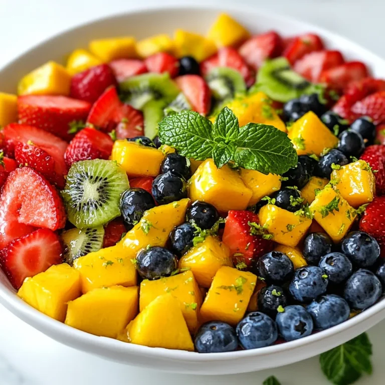 - 2 cups strawberries, hulled and sliced - 2 cups watermelon, diced - 1 cup mango, diced - 1 cup kiwi, peeled and sliced - 1 cup blueberries These fruits make the salad bright and colorful. Each fruit adds its own sweet taste. Strawberries bring freshness. Watermelon gives a juicy crunch. Mango adds tropical flair. Kiwi offers a tangy twist. Blueberries are small bursts of sweetness. - 3 tablespoons honey - Juice from 1 lime Honey adds a lovely sweetness. It blends well with the tart lime juice. Together, they create a tasty dressing. This mix brings all the fruit alive. The honey-lime dressing is the star of the dish. - Fresh mint leaves for garnish Mint leaves add a nice touch. They give a pop of color. Plus, they add a fresh flavor. You can sprinkle them on top before serving. This makes the salad look fancy and inviting. {{ingredient_image_1}} To start, you need to hull the strawberries. This means removing the green tops. Use a small knife to cut around the green part. After hulling, slice the strawberries into thin pieces. Aim for even sizes so they look great. Next, for the watermelon, cut it in half. Scoop out the flesh with a spoon. Dice the watermelon into small cubes. You want them bite-sized for easy eating. Now, for the mango, cut off both sides of the pit. Score the flesh into cubes and scoop them out with a spoon. For the kiwi, peel it with a knife. Then, slice it into thin rounds. Finally, rinse the blueberries. You can leave them whole. Combine all these fruits in a large mixing bowl. Gently toss them together to mix evenly. In a small bowl, take the fresh lime juice. Add three tablespoons of honey to it. Use a whisk to blend these two until smooth. This will be your sweet and tangy dressing. Make sure the honey mixes well with the lime juice. This step is vital for flavor. Now, drizzle the honey-lime dressing over the mixed fruits. Use a spatula to gently toss the fruits with the dressing. Be careful not to mash the fruits. Once everything is coated, taste the salad. If you want it sweeter, add a little more honey. Let the fruit salad sit for about ten minutes. This gives time for the flavors to blend well. Serve the salad in bowls, and if you like, add fresh mint leaves on top. This adds color and a nice flavor. Enjoy your fresh and flavorful honey lime fruit salad! When making honey lime fruit salad, choose fruits that are in season. This will ensure they taste great. For summer, strawberries, watermelon, and blueberries shine. In fall, opt for pears or apples. Each season offers unique fruits. To check ripeness, look for gentle give when you press the fruit. Strawberries should be bright red, while watermelon should feel heavy for its size. Mangoes should have a sweet aroma and slight softness. Kiwi should feel firm but not hard. Always pick fruits that are fresh. Serve your fruit salad chilled for the best flavor. Keep it in the fridge for a bit before serving. This makes it refreshing on warm days. Use individual bowls for a nice touch. Pair this salad with grilled chicken or fish. It also works well with yogurt or whipped cream. For drinks, try serving it with iced tea or sparkling water. These pairings enhance the overall dining experience. To make your fruit salad even better, think about adding more ingredients. Shredded coconut adds a nice texture. Chopped nuts like almonds or walnuts give it a crunch. You can also add a sprinkle of cinnamon for warmth. Each of these will bring new flavors and excitement to your dish. Pro Tips Choose Ripe Fruits: Make sure to select ripe and sweet fruits for the best flavor in your salad. Chill Before Serving: Refrigerate the fruit salad for at least 30 minutes before serving to enhance the taste and refreshment. Mix It Up: Feel free to add other fruits like pineapple or grapes to diversify the flavors and textures. Honey Alternatives: If you prefer, you can substitute honey with maple syrup or agave nectar for a different sweetness profile. {{image_2}} You can add a tropical twist to your honey lime fruit salad. Pineapple or papaya brings a sweet and juicy flavor. Dice about one cup of pineapple or papaya. Mix it in with your other fruits. This change will make your salad feel like a vacation in a bowl. Berries add a burst of color and flavor. You can incorporate raspberries or blackberries easily. Just add one cup of mixed berries to your salad. They pair well with the honey lime dressing. Plus, they are packed with vitamins, making your salad even healthier. Citrus fruits can brighten your fruit salad. Using orange or grapefruit segments adds a new taste. Simply peel and slice one orange or half a grapefruit. Fold the citrus segments into your fruit mix. You’ll enjoy a zesty kick that complements the sweetness. To keep your honey lime fruit salad fresh, use an airtight container. Place the salad in the fridge as soon as you finish eating. This helps slow down spoilage. Avoid letting it sit out for long periods. If you have leftover dressing, store that separately. You should eat the fruit salad within three days. The fruits can lose their texture and taste after this time. Always check for any signs of spoilage before eating. Fresh fruit tastes best when it's still crisp and vibrant. Freezing is not the best for this salad. The texture of the fruits changes after freezing. If you want to freeze, do so only for a day or two. Store the salad in a freezer-safe container. Thaw it in the fridge before serving. However, expect a softer texture. For best results, enjoy the salad fresh! Yes, you can use different fruits in this salad. Here are some great options: - Pineapple - Grapes - Peaches - Cherries - Oranges Feel free to mix and match. Just remember to keep the flavors balanced. You want sweet and juicy fruits for the best taste! Honey adds sweetness and depth to the salad. If you want to skip it, consider these substitutes: - Maple syrup - Agave nectar - Coconut sugar mixed with water Each option will change the flavor slightly. Choose what fits your taste best! To make this salad vegan, simply replace honey. Use maple syrup or agave nectar instead. These are sweet and work well with lime juice. You can also leave out any dairy in dressings or toppings. Enjoy your fresh and fruity delight! This blog post showed you how to make a fresh fruit salad. We covered the best fruits to use, like strawberries, mangoes, and blueberries. You learned how to make a tasty honey-lime dressing. The tips on choosing ripe fruits and storage will keep your salad fresh. Don't forget about the fun variations and serving ideas! Whether you want a tropical twist or a berry mix, you can make it your own. Enjoy your delicious, healthy fruit salad!