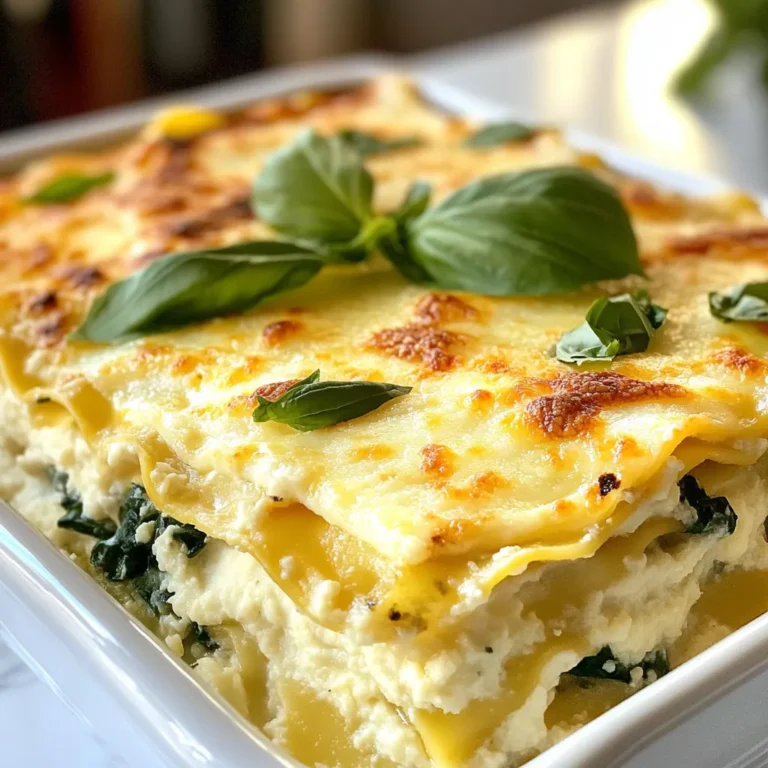 To make this creamy dish, gather these main ingredients: - 1 large head of cauliflower, cut into florets - 9 lasagna noodles (whole grain or gluten-free) - 2 cups ricotta cheese - 1 1/2 cups shredded mozzarella cheese - 1 cup grated Parmesan cheese - 2 cups fresh spinach - 3 cloves garlic, minced - 1 cup vegetable broth - 1/2 cup milk (dairy or non-dairy) - 1 tablespoon olive oil - 1 teaspoon Italian seasoning - Salt and pepper to taste These ingredients are key to creating a rich and tasty lasagna. The cauliflower gives a smooth texture. The mix of cheeses adds creaminess and flavor. Fresh spinach adds color and nutrients. You can customize this lasagna with these optional ingredients: - Cooked chicken or sausage for added protein - Different cheese like gouda or cheddar for varied taste - Zucchini or bell peppers to enhance the veggie mix - Fresh herbs like basil or parsley for extra freshness Feel free to mix and match based on your taste. Using seasonal veggies can add a nice twist. This lasagna is not only delicious but also packed with nutrition. Here are some benefits: - Cauliflower is low in calories and high in fiber. It helps with digestion and can aid weight loss. - Spinach provides iron and vitamins A and C. It boosts immunity and supports overall health. - Ricotta cheese is a good source of protein, crucial for muscle repair. Each serving packs a healthy punch while keeping comfort food vibes alive. This dish is a great way to enjoy veggies without feeling deprived. {{ingredient_image_1}} Start by steaming the cauliflower florets for about 10 minutes. They should be tender when done. Next, transfer the cooked cauliflower to a blender. Add one cup of vegetable broth, half a cup of milk, minced garlic, Italian seasoning, salt, and pepper. Blend everything until it’s smooth and creamy. Taste it and adjust the seasoning if needed. This sauce is rich and full of flavor, making it a star in your lasagna. Now it’s time to layer your lasagna. In an 8x12-inch baking dish, spread a thin layer of the creamy cauliflower sauce on the bottom. Place three lasagna noodles on top. Then, spread half of the ricotta mixture over the noodles. Add a handful of fresh spinach on top of that. Pour more cauliflower sauce over this layer. Repeat the process: noodles, ricotta, spinach, and sauce. Finish with a final layer of noodles. Pour the rest of the cauliflower sauce over this top layer. Sprinkle the remaining mozzarella and Parmesan cheese on top. Preheat your oven to 375°F (190°C). Cover your lasagna with aluminum foil and bake for 25 minutes. After that, remove the foil to let the top brown. Bake for an additional 15 to 20 minutes. It’s done when the top is bubbly and golden brown. Once it’s out, let the lasagna cool for about 10 minutes before slicing. This cooling time helps it set. For a beautiful finish, garnish with fresh basil leaves and a sprinkle of Parmesan cheese. Enjoy your delicious creation! To make the creamiest sauce, steam the cauliflower well. Cooking it until soft helps. Use a high-powered blender for smooth results. Add enough liquid, like vegetable broth and milk, to reach your desired consistency. If the sauce seems thick, add more broth. Taste and adjust the seasoning for the best flavor. Ricotta cheese adds creaminess, but you can swap it out. For a lighter option, use cottage cheese. You can also try vegan cream cheese for a dairy-free version. For mozzarella, a blend of vegan cheeses works well. Parmesan can be replaced with nutritional yeast for a cheesy flavor without dairy. Cook the lasagna noodles until al dente. This means they should still have a slight bite. If you use gluten-free noodles, follow the package instructions closely. Rinsing the noodles after cooking can help prevent sticking. Lay them flat on a tray with a bit of oil until ready to use. Pro Tips Prepping Cauliflower: For an even creamier sauce, roast the cauliflower instead of steaming it. This adds a deep flavor that enhances the overall dish. Layering Technique: Ensure each layer is well-spread to prevent dry patches. A spoonful of sauce on each layer will keep the lasagna moist and flavorful. Cheese Variations: Feel free to experiment with different types of cheese. Adding goat cheese or feta can give a unique twist to the flavor profile. Cooling Time: Letting the lasagna sit for at least 10 minutes before slicing helps it set better, making it easier to serve and enhancing the flavors. {{image_2}} To make this dish vegan, swap out the cheese. Use cashew cream or almond ricotta instead of ricotta cheese. For the creamy sauce, blend steamed cauliflower with vegetable broth and a splash of non-dairy milk. This keeps the dish rich without dairy. You can also use nutritional yeast to add a cheesy flavor without dairy. You can mix in different vegetables for added taste and nutrition. Try sautéed mushrooms or roasted bell peppers for a savory touch. Zucchini or sliced eggplant can add a nice texture as well. Feel free to include seasonal vegetables like asparagus or broccoli for a fresh twist. Just make sure to chop them small so they fit well in the layers. If you want to switch up the sauce, consider using a white bean puree for a different base. This will add creaminess and protein. You can also add herbs like basil or thyme for unique flavors. A splash of lemon juice can brighten the dish. For a spicy kick, add red pepper flakes to the cauliflower sauce. Storing leftover lasagna is easy. First, let it cool down for about 10 minutes. This helps it set and makes slicing easier. Then, cover the dish tightly with plastic wrap or aluminum foil. You can also transfer slices to an airtight container. This keeps flavors fresh. Store it in the fridge for up to four days. Make sure to label the container with the date. To reheat your lasagna, preheat the oven to 350°F (175°C). Place the lasagna in an oven-safe dish. Add a splash of milk or broth to keep it moist. Cover it with foil to prevent drying out. Heat it for about 20-25 minutes. Check if it’s hot all the way through. You can also microwave individual slices. Just heat for 1-2 minutes, checking often. Freezing lasagna is a great way to save it for later. First, let it cool completely. Cut it into single servings. Wrap each slice in plastic wrap, then place them in a freezer-safe bag. Make sure to squeeze out any air. Label the bags with the date. You can freeze lasagna for up to three months. To reheat, just thaw it in the fridge overnight and then follow the reheating instructions. Yes, you can use other types of noodles. Whole grain or gluten-free lasagna noodles work great. You can also try regular pasta noodles, like fettuccine or even zucchini slices. Just remember to adjust the cooking time based on the type of noodle you choose. Each type brings its own flavor and texture, so feel free to experiment! The lasagna can stay fresh in the fridge for about 3 to 5 days. Make sure to cover it well to keep it from drying out. If you want to enjoy it later, you can also freeze it. Just wrap it tightly to keep the flavors locked in. This lasagna pairs well with a simple side salad. A mix of greens, tomatoes, and cucumbers works nicely. You can add a light vinaigrette for extra flavor. Garlic bread is also a great choice for dipping into that creamy sauce. Add some roasted veggies for a healthy side to round out your meal! This creamy cauliflower Alfredo lasagna offers great taste and benefits. We explored the main ingredients, optional additions, and their nutritional value. You learned how to make the sauce, layer the dish, and bake it to perfection. I shared tips for creamy sauce, cheese swaps, and cooking lasagna noodles just right. You can customize your dish with vegan options and different veggies, plus I included storage tips for leftovers. With this recipe, you can impress friends and family while enjoying a healthy meal. Enjoy your cooking!