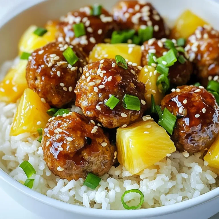 - 1 lb ground chicken or turkey - 1 cup fresh pineapple, diced - 1/2 cup teriyaki sauce The main ingredients create a tasty base for your meatballs. Ground chicken or turkey keeps them light and healthy. Fresh pineapple adds sweetness and freshness. Teriyaki sauce gives a rich flavor that brings everything together. - 1/2 cup breadcrumbs - 2 tablespoons soy sauce - 1 tablespoon sesame oil These pantry staples help bind the meatballs. Breadcrumbs give them a nice texture. Soy sauce adds depth, while sesame oil gives a nutty taste. - 1/4 cup green onions, finely chopped - 1/4 cup cilantro, finely chopped - 1 teaspoon garlic powder - 1 teaspoon ginger powder Fresh additions make your meatballs pop with flavor. Green onions and cilantro add freshness. Garlic and ginger powder give a warm, aromatic taste. These ingredients help create a dish that feels special and homemade. {{ingredient_image_1}} To start, gather your ingredients. In a large bowl, mix the ground chicken or turkey, breadcrumbs, green onion, cilantro, beaten egg, garlic powder, ginger powder, salt, and pepper. Use your hands to blend everything well. You want a smooth mix for best results. Next, roll the mixture into small meatballs. Aim for about 1 inch in diameter. This size cooks evenly. Place the formed meatballs on a baking sheet lined with parchment paper. Make sure they are spaced apart for even cooking. Now, preheat your oven to 400°F (200°C). This temperature is perfect for browning the meatballs. Once the oven is hot, slide in your baking sheet. Bake the meatballs for around 15 to 20 minutes. You want them to be golden brown and cooked through. A good way to check is to cut one in half. If the inside is no longer pink, they are done. While the meatballs bake, let’s make the teriyaki sauce. In a small saucepan, combine the teriyaki sauce, soy sauce, sesame oil, and diced pineapple. Heat this mixture over medium heat. Stir as it heats to mix the flavors. When the sauce begins to bubble, reduce the heat to low. Let it simmer for about 5 minutes. This step helps deepen the flavors of the sauce. Once the meatballs are ready, take them out of the oven. Add them to the saucepan with the sauce. Toss them gently to coat each meatball evenly. Cook for an additional 5 minutes. This allows the meatballs to soak up the sauce flavor. For the best meatball texture, you want a mix that is moist but not soggy. It should hold its shape well. If your mixture feels too wet, add a bit more breadcrumbs. If it’s too dry, a splash of water can help. Common mistakes include overmixing the meat. This can lead to tough meatballs. Always mix just until combined. Also, make sure your meatballs are uniform in size. This ensures even cooking. You can adjust the sweetness of your teriyaki sauce by adding more or less pineapple. If you want more saltiness, add a bit more soy sauce. For a spicy kick, try adding chili flakes or sriracha. Just a little can bring a great depth of flavor without overpowering the dish. Presentation matters! Serve your pineapple teriyaki meatballs over a bed of steamed jasmine rice. This not only looks great but also soaks up the sauce. For sides, steamed broccoli or snap peas work well. They add color and nutrition to your meal. You can also garnish with sesame seeds and chopped green onions for extra flair. Pro Tips Use Fresh Ingredients: Fresh pineapple adds a vibrant flavor and sweetness that canned pineapple cannot replicate. Opt for ripe, juicy fruit for the best results. Adjust the Spice: If you prefer a kick, consider adding a pinch of red pepper flakes to the meat mixture or teriyaki sauce for a spicy twist. Cook Evenly: Ensure that all meatballs are uniform in size for even cooking. Use a cookie scoop for consistent portions. Make Ahead: You can prepare the meatballs in advance and refrigerate them. Just bake them fresh when you're ready to enjoy this dish! {{image_2}} You can change the protein in this recipe. Ground beef works well for a richer flavor. If you prefer a vegetarian option, try using lentils or chickpeas. Both can create tasty meatballs. They add a nice texture and flavor. This swap makes the dish fun and versatile. Add some herbs or spices to change the taste. Try adding a pinch of red pepper flakes for heat. You can also mix in some fresh basil or mint for a fragrant twist. A dash of lime juice can brighten the dish, too. These simple changes keep the recipe exciting and new. If you need a gluten-free meal, swap the breadcrumbs. You can use almond flour or crushed rice cereal instead. For the soy sauce, select a gluten-free brand. Many stores offer these options now. This way, everyone can enjoy these delicious meatballs without worry. To keep your pineapple teriyaki meatballs fresh, store them in an airtight container. Place them in the fridge within two hours of cooking. They stay good for about 3 to 4 days. Make sure to separate the meatballs from the sauce if you want to keep the texture better. This helps avoid sogginess. You can also store the sauce in a different container. If you want to save some for later, freezing is a great option. Let the meatballs cool completely before freezing. Place them in a single layer on a baking sheet and freeze for about an hour. Once frozen, transfer them to a freezer-safe bag or container. You can also freeze the teriyaki sauce separately. It lasts about 3 months in the freezer. Just remember to label your bags with the date. When you're ready to enjoy your meatballs again, reheat them carefully. You can use the microwave for quick reheating. Place them on a plate and cover with a damp paper towel to keep them moist. Heat in 30-second intervals until warm. For a crispier texture, use the oven. Preheat to 350°F (175°C), place meatballs on a baking sheet, and heat for about 10-15 minutes. If you thawed the sauce, heat it separately on the stove over low heat. This keeps the flavors rich and tasty. Yes, you can use frozen pineapple. Frozen pineapple is often picked at peak ripeness. It locks in flavor and nutrients. This makes it a great choice for teriyaki meatballs. Just thaw it before using. Frozen pineapple may be softer than fresh. This works well in the sauce but can change the texture of the meatballs. If you want a crisp bite, stick to fresh pineapple. The meatballs last about three to four days in the fridge. Make sure to place them in an airtight container. This helps keep them fresh. If you store them properly, they will stay safe to eat within this time frame. Always check for any signs of spoilage before enjoying leftovers. If they smell off or look unusual, it’s best to toss them. Yes, you can make the meatballs ahead of time. Prepare the meatballs and store them in the fridge for up to a day. This helps the flavors blend well. You can also freeze them for longer storage. Just make sure to freeze them raw or cooked. If frozen raw, cook them directly from the freezer, adding a few extra minutes to the bake time. This way, you can enjoy fresh meatballs whenever you want. This blog post covered tasty meatballs with a tropical twist. We explored main ingredients like ground chicken and pineapple, plus teriyaki sauce. I provided steps for mixing, baking, and making the sauce. Tips helped with meatball consistency and flavor. We also discussed variations and storage ideas. In closing, these meatballs are fun and easy to make. Enjoy experimenting with flavors and serving them your way! Happy cooking!