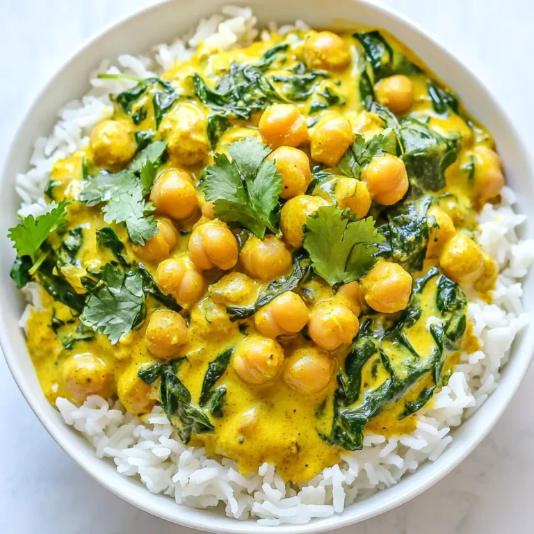 - 2 cans (15 oz each) chickpeas, drained and rinsed - 1 tablespoon coconut oil - 1 medium onion, finely chopped - 3 cloves garlic, minced - 1 tablespoon fresh ginger, grated - 1 can (13.5 oz) coconut milk - 1 cup vegetable broth Chickpeas form the heart of this dish. They add protein and fiber. Coconut milk gives a rich and creamy texture. Aromatics like onion, garlic, and ginger bring a powerful flavor base. - 1 tablespoon curry powder - 1 teaspoon cumin - 1 teaspoon turmeric - Salt and pepper to taste The spice mix is where the magic happens. Curry powder adds warmth and depth. Cumin offers a nutty flavor, while turmeric gives a lovely golden color and health benefits. - 1 tablespoon lime juice - 1 cup spinach, roughly chopped - Fresh cilantro, for garnish Adding lime juice brightens the dish. Spinach boosts nutrients and color. Fresh cilantro adds a fragrant finish to your Coconut Curry Chickpeas. {{ingredient_image_1}} 1. Start by heating coconut oil in a large pot over medium heat. 2. Add the chopped onion and sauté it for about five minutes. You'll want it soft and slightly clear. 3. Next, stir in the minced garlic and grated ginger. Cook for one more minute. The aroma should be amazing! 1. Now sprinkle in the curry powder, cumin, and turmeric. 2. Stir well and cook for about one minute. This toasting brings out deep flavors. It’s key to a rich taste. 1. Add the drained chickpeas to your pot. Stir them to coat in the spice mix. 2. Sauté the chickpeas for another two minutes. This adds more flavor. 3. Pour in the coconut milk and vegetable broth, stirring to mix everything. 4. Bring the pot to a gentle simmer. Reduce the heat to low and cover it. Let it cook for about 15 minutes. This helps the flavors blend. 1. Stir in the chopped spinach. Cook for another two to three minutes until it wilts. 2. Add lime juice and season with salt and pepper. Taste and adjust to your liking. 1. Serve the coconut curry chickpeas over cooked rice or quinoa. 2. Garnish with fresh cilantro for a pop of color and flavor. Enjoy your delightful dish! To make your coconut curry chickpeas shine, choose the right curry powder. Look for brands like Madras or Thai curry. They pack a punch and help bring out the dish’s full flavor. Fresh spices matter too. Always use fresh spices when you can. They have more aroma and taste than old ones. To get the best texture, you may want to adjust the liquid. If you like a thicker curry, use less vegetable broth. For a thinner sauce, add more coconut milk. If you need extra thickness, you can mash a few chickpeas. This adds creaminess without extra ingredients. If you're short on time, use pre-cooked chickpeas. They cut down on cooking time and still taste great. You can also try one-pot cooking. Just throw everything in one pot. This method saves time and reduces cleanup. It’s perfect for busy days when you crave a warm meal. Pro Tips Use Fresh Spices: Fresh spices enhance the flavor significantly. If possible, use whole spices and grind them just before cooking for the best aroma. Adjust Coconut Milk: For a richer curry, use full-fat coconut milk. If you're looking for a lighter option, you can use light coconut milk or a mix of both. Add Vegetables: Feel free to add other vegetables like bell peppers or carrots for extra nutrition and texture. Just make sure to adjust the cooking time accordingly. Garnish for Flavor: Don't skip the cilantro garnish! It adds a fresh pop of flavor that complements the curry beautifully. {{image_2}} You can easily boost the protein in Coconut Curry Chickpeas. Adding tofu makes a great vegan option. Just cube firm tofu and sauté it with the onions. It absorbs the curry flavor well. If you prefer meat, add cooked chicken. Shred the chicken and mix it in with the chickpeas for a hearty meal. You can also swap chickpeas for lentils or other beans. Black beans or kidney beans work well, too. Want more heat? Add chili pepper or red pepper flakes. This gives your dish a spicy kick. You can also add ginger for extra zing. Plus, adding a mix of veggies can boost nutrition. Try bell peppers, carrots, or zucchini. Just chop them and toss them in when you add the chickpeas. They will cook down nicely in the sauce. This recipe is easy to adapt for different diets. For gluten-free options, check your broth and spices. Most are gluten-free, but it’s good to confirm. If you want a vegan version, make sure your broth is plant-based. You can also skip the lime juice if you prefer. It still tastes great without it! To store your leftover Coconut Curry Chickpeas, let them cool first. Once cooled, transfer them to an airtight container. This helps keep the flavors fresh. I recommend using glass or BPA-free plastic containers. They seal well and are easy to clean. If you want to save some for later, freezing is a great option. Pour the cooled chickpeas into freezer-safe bags or containers. Make sure to remove as much air as possible before sealing. This keeps them fresh longer. When you're ready to eat, thaw them overnight in the fridge. To reheat, simply warm them in a pot over low heat. Add a splash of water if needed to keep it creamy. In the fridge, your Coconut Curry Chickpeas will last about 4 to 5 days. In the freezer, they can stay good for up to 3 months. Always check for signs of spoilage. If you see mold or smell something off, it's best to toss them out. Enjoy your meal knowing you can savor it later, too! This dish is quick to make. It takes about 10 minutes to prep. The cooking time is around 20 minutes. So, you can enjoy this meal in just 30 minutes total. Yes, you can add heat easily. Try adding red pepper flakes or diced jalapeños. You can also use a spicy curry powder. Start with a small amount and adjust to your taste. This dish pairs well with rice or quinoa. You can also serve it with naan bread. For a fresh side, try a simple cucumber salad. These sides balance the flavors nicely. Yes, you can use dried chickpeas. First, soak them overnight. Then, cook them until tender. This may take about 1 to 2 hours. Make sure to adjust the cooking time for the curry. Absolutely! This dish stores well. Cook a big batch and divide it into containers. It keeps in the fridge for about 4 days. You can also freeze it for up to 3 months. Just reheat before serving. This post covered a tasty Coconut Curry Chickpeas recipe. We explored key ingredients, spices, and optional add-ins. You learned about step-by-step instructions, tips for flavor, and fun variations. Remember to store leftovers safely and check for spoilage signs. With these insights, you can create a delicious dish that fits your needs. Experiment to find your perfect flavor. Enjoy cooking and sharing this nutritious meal with others!