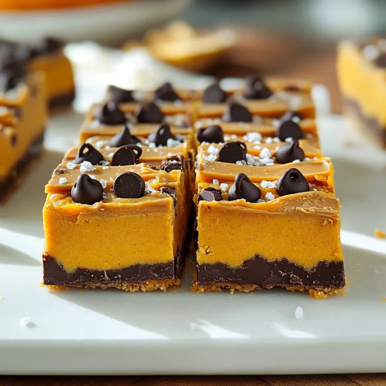 The key to great no bake peanut butter pumpkin bars is in the ingredients. Here’s what you need: - 1 cup rolled oats - 1 cup almond flour - 1/2 cup creamy peanut butter - 1/2 cup pumpkin puree - 1/3 cup maple syrup - 1/4 teaspoon cinnamon - 1/4 teaspoon nutmeg - 1/4 teaspoon ginger powder - 1/4 teaspoon sea salt - 1/2 cup dark chocolate chips (vegan optional) Each ingredient plays a vital role. The rolled oats give the bars a hearty base. Almond flour adds a nice nutty flavor and texture. Creamy peanut butter binds it all together. Pumpkin puree brings moisture and a lovely fall flavor. Maple syrup sweetens the mix naturally. The spices like cinnamon, nutmeg, and ginger give a warm kick. Sea salt balances the sweetness. Lastly, dark chocolate chips add a touch of indulgence. Using fresh ingredients makes a noticeable difference. I always suggest using pure pumpkin puree, not the spiced kind. For the peanut butter, choose one that’s creamy and free of added sugars. This will keep your bars tasting pure and delicious. Feel free to mix in your favorite nuts or seeds for a crunch! You can also swap almond flour for another nut flour if needed. Each choice can change the flavor and texture, so get creative! - Combine rolled oats and almond flour In a large mixing bowl, add 1 cup of rolled oats and 1 cup of almond flour. Stir them well to mix. This blend makes the base for our bars. - Prepare peanut butter pumpkin mixture In a separate bowl, whisk 1/2 cup of creamy peanut butter, 1/2 cup of pumpkin puree, and 1/3 cup of maple syrup. Add 1/4 teaspoon of cinnamon, nutmeg, ginger powder, and 1/4 teaspoon of sea salt. Mix until it is smooth and creamy. - Mix dry and wet ingredients Pour the peanut butter mixture into the bowl with oats and almond flour. Stir until all the dry and wet ingredients are fully combined. This will create a thick and tasty batter. - Fold in dark chocolate chips Gently fold in 1/2 cup of dark chocolate chips. Make sure they are spread evenly throughout the mixture for bites of chocolate in every square. - Line the baking pan with parchment paper Take an 8x8 inch baking pan. Line it with parchment paper, leaving some overhang. This lets you lift the bars out later. - Transfer and press mixture into the pan Transfer the mixture into the prepared pan. Use a spatula or your hands to press it down firmly and evenly. This helps the bars hold together. - Refrigerate until firm Cover the pan with plastic wrap. Place it in the refrigerator for at least 2 hours, or until the bars are firm. This step is key for the best texture. To get the right texture for your no bake peanut butter pumpkin bars, focus on consistency. Mix the rolled oats and almond flour well. This helps create a sturdy base. When you mix the wet ingredients, whisk them until smooth. A creamy blend of peanut butter and pumpkin makes the bars rich and tasty. Using quality ingredients makes a big difference in flavor and texture. Choose creamy peanut butter without added sugar. Look for fresh pumpkin puree for the best taste. The maple syrup should be pure for a natural sweetness. High-quality dark chocolate chips add a rich touch. For serving, cut the bars into squares or rectangles. Place them on a nice cutting board for visual appeal. Drizzle extra peanut butter on top for a fun look and added taste. A sprinkle of sea salt enhances the sweet and salty balance. You can add a dollop of whipped cream for a festive touch. This makes the bars feel even more special. Consider serving them chilled for a refreshing treat. Each of these tips helps make your no bake peanut butter pumpkin bars not just tasty but also a feast for the eyes! {{image_2}} You can customize your No Bake Peanut Butter Pumpkin Bars easily. Here are some fun ideas: - Nut or seed options: Try adding chopped walnuts, pecans, or sunflower seeds. These add crunch and flavor. You can also use pumpkin seeds for a fun twist! - Alternative sweeteners: If you want to switch things up, use honey or agave syrup instead of maple syrup. Each sweetener gives a unique taste and sweetness level. Spicing up your bars can make them even better. Here’s how: - Spices to try: You can add cardamom or allspice for a warm flavor. Just a pinch can change the whole taste! Experiment with nutmeg and ginger as well for extra warmth. - Swapping pumpkin puree: Instead of pumpkin puree, try using applesauce or mashed bananas. Both add moisture and sweetness. This can change the flavor while still keeping your bars delicious. To keep your no bake peanut butter pumpkin bars fresh, store them in an airtight container. This helps keep moisture out and maintains their texture. Place a piece of parchment paper between layers to prevent them from sticking together. For long-term storage, you can freeze the bars. Cut them into squares first, then wrap each piece in plastic wrap. Place the wrapped bars in a freezer bag. This method helps preserve flavor and texture for later enjoyment. In the fridge, these bars will last about a week. If you want to keep them longer, store them in the freezer. They can last up to three months when frozen. Just remember to let them thaw in the fridge before enjoying. Can I use a different nut butter? Yes, you can use other nut butters. Almond butter or cashew butter work well. Just keep the same amount as peanut butter. How long do the bars last in the fridge? These bars can last up to one week in the fridge. Keep them in an airtight container for best results. Can I make these bars gluten-free? Absolutely! Use certified gluten-free oats and almond flour. This makes the bars safe for gluten-free diets. Is it possible to make these without maple syrup? Yes, you can substitute honey or agave syrup for maple syrup. Just use the same amount for sweetness. What are the nutritional values for these bars? Each bar has about 150 calories. They offer healthy fats, fiber, and protein. You get a good mix of nutrients in every bite. You’ve learned how to create delicious bars using simple ingredients. We covered how to mix rolled oats, almond flour, and pumpkin puree. We discussed tips for great texture and serving ideas to impress friends. You can even customize flavors for your taste. Remember to store your bars properly to keep them fresh. With these steps, you’ll enjoy healthy treats anytime. Get ready to impress yourself with your tasty creations!