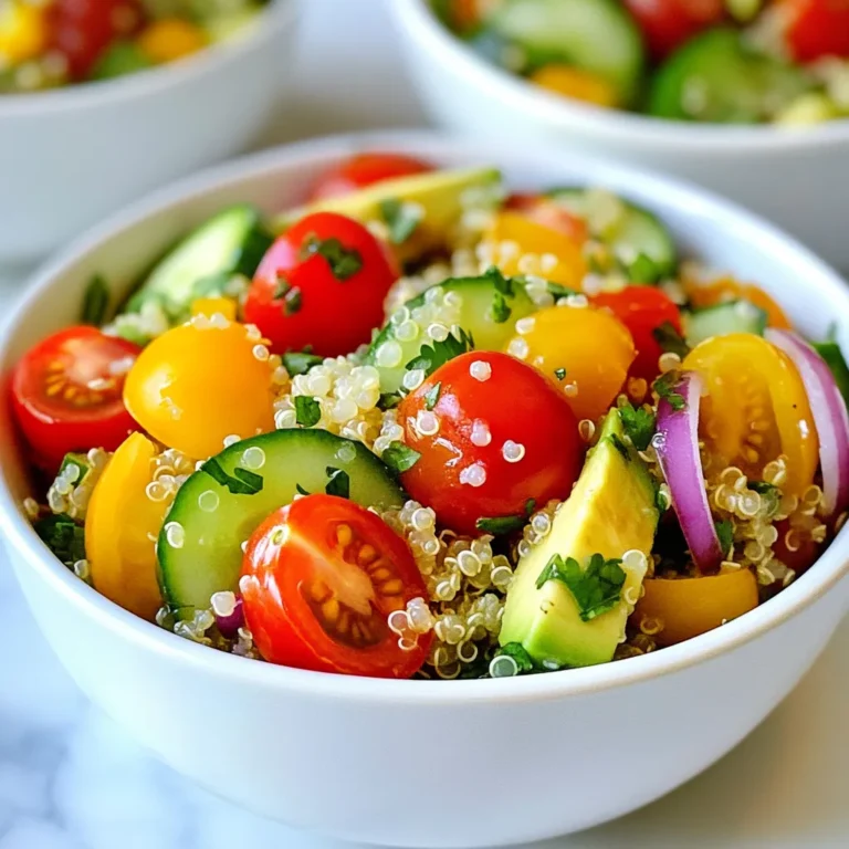 To make Honey Lime Quinoa Salad, gather these items: - 1 cup quinoa, rinsed - 2 cups water or vegetable broth - 1 cup cherry tomatoes, halved - 1 cucumber, diced - 1 bell pepper (red or yellow), diced - 1/4 red onion, finely chopped - 1/4 cup fresh cilantro, chopped - 1/4 cup honey - 3 tablespoons lime juice - 2 tablespoons olive oil - Salt and pepper to taste - Avocado slices for garnish (optional) If you don’t have certain ingredients, don’t worry. Here are some options: - Quinoa: You can use rice or couscous. - Cherry Tomatoes: Any diced tomato works fine. - Cucumber: Zucchini or bell pepper can replace it. - Bell Pepper: Use any color you like or skip it. - Red Onion: Green onions or shallots add a nice bite. - Cilantro: Parsley provides a fresh taste. - Honey: Maple syrup is a great vegan option. - Lime Juice: Lemon juice works if you’re out of lime. This salad is not just tasty; it’s good for you too. - Quinoa: It's a whole grain rich in protein and fiber. - Vegetables: They add vitamins and minerals. Cherry tomatoes are high in antioxidants. - Cilantro: It helps with digestion and adds flavor. - Honey: Natural sweetness and energy boost. - Olive Oil: Full of healthy fats that support heart health. - Avocado: Adds creaminess and is full of healthy fats. These ingredients come together to make a dish that is fresh, flavorful, and packed with nutrients. Enjoy making your Honey Lime Quinoa Salad! {{ingredient_image_1}} First, rinse 1 cup of quinoa under cold water. This step removes bitterness. Next, combine the rinsed quinoa with 2 cups of water or vegetable broth in a medium saucepan. Bring this mixture to a boil over high heat. Once it boils, reduce the heat to low. Cover the pot and let it simmer for about 15 minutes. The quinoa is ready when it is fluffy and all the liquid is gone. After that, take it off the heat and let it sit for 5 more minutes. Finally, fluff the quinoa with a fork and let it cool completely. While the quinoa cools, you can prepare the vegetables. Start by halving 1 cup of cherry tomatoes. Then, dice 1 cucumber and 1 bell pepper (red or yellow). Chop 1/4 of a red onion finely. Lastly, chop 1/4 cup of fresh cilantro. Combine all these veggies in a large mixing bowl. The mix of colors and flavors will make the salad bright and tasty. In a small bowl, you will make the dressing. Whisk together 1/4 cup of honey, 3 tablespoons of lime juice, and 2 tablespoons of olive oil. Add salt and pepper to taste. This dressing is sweet and tangy, which adds a great kick to the salad. Pour the dressing over the quinoa and veggies in the mixing bowl. Gently toss everything together until it is well mixed. For the best taste, let the salad sit in the fridge for at least 30 minutes. This waiting time helps the flavors blend nicely. To cook quinoa well, rinse it first. This helps remove any bitter taste. Use a 2:1 ratio of water or broth to quinoa. Bring it to a boil, then lower the heat. Cover and let it simmer for about 15 minutes. After cooking, let it sit for 5 minutes. This step makes it fluffy. Fluff it with a fork for a light texture. To boost flavor, use vegetable broth instead of water. This adds depth to your quinoa. A squeeze of lime in the cooking water gives a zesty kick. You can also toast quinoa in a dry pan for a nutty taste. Fresh herbs like cilantro brighten up the salad. Don’t forget to adjust salt and pepper to your liking. Serve this salad chilled for the best taste. Pair it with grilled chicken or shrimp for a complete meal. It also works as a side dish at picnics or barbecues. For extra crunch, add nuts or seeds on top. Garnish with avocado slices for creaminess and color. Letting it sit in the fridge for 30 minutes helps the flavors blend well. Enjoy this fresh and flavorful treat! Pro Tips Cook Quinoa Perfectly: Rinse the quinoa thoroughly before cooking to remove any bitterness, ensuring a pleasant flavor in your salad. Let It Chill: Allow the salad to marinate in the refrigerator for at least 30 minutes to let the flavors meld together for a more delicious taste. Customize Your Veggies: Feel free to add or substitute other vegetables like corn, zucchini, or black beans to suit your taste preferences. Garnish Wisely: Top your salad with fresh avocado slices or a sprinkle of feta cheese for an extra layer of flavor and creaminess. {{image_2}} If you want to make your Honey Lime Quinoa Salad heartier, add protein. This salad pairs well with grilled chicken or shrimp. For a plant-based option, try black beans or chickpeas. Both add protein and fiber. You can mix in about a cup of either. Tofu is another great choice. Just cube it and toss it in with the salad. This salad is easy to adapt for different diets. To keep it vegetarian, ensure you use vegetable broth when cooking quinoa. For vegan options, use maple syrup instead of honey. It keeps the sweet flavor without any animal products. You can also add nuts or seeds for an extra crunch. Try pumpkin seeds or walnuts; they add a nice touch. Using seasonal ingredients can make your salad more exciting. In summer, swap in fresh corn for the cucumber. It adds sweetness and crunch. In fall, diced apples or pears can give a nice flavor twist. You can even add roasted butternut squash for warmth. In winter, try pomegranate seeds for a pop of color and taste. These swaps keep your salad fresh all year round. After you enjoy your Honey Lime Quinoa Salad, store any leftovers in a sealed container. You can keep it in the fridge for up to three days. The cool air keeps the salad fresh. If you notice the flavors fading, add a bit more lime juice or honey to revive it. While quinoa freezes well, I do not recommend freezing this salad. The fresh veggies lose their crunch when thawed. If you want to prepare ahead, store the quinoa and dressing separately. You can freeze the cooked quinoa for up to three months. If you have leftover quinoa, simply warm it in the microwave. Heat it for about one minute, stirring halfway through. You can enjoy it warm or let it cool to mix back into your salad. Just remember, the fresh veggies do not need reheating! You can store Honey Lime Quinoa Salad in the fridge for up to three days. After that, the salad may lose its fresh taste and texture. Always keep it in an airtight container to keep it safe from air and moisture. Yes, you can make this salad a day ahead. In fact, letting it sit in the fridge overnight helps all the flavors blend well. Just toss the salad with the dressing before serving. Keep the avocado slices separate until serving to avoid browning. For extra crunch, try adding nuts or seeds. Chopped almonds, walnuts, or sunflower seeds work well. You might also consider crispy chickpeas or toasted quinoa for a fun twist. Fresh radishes or sliced jicama can also add a nice bite. In this blog post, we explored the key ingredients, step-by-step instructions, and storage tips for making a delicious Honey Lime Quinoa Salad. I shared ways to customize the salad with various proteins and seasonal swaps. Remember, this dish is both healthy and easy to prepare, making it perfect for any meal. Use the tips to enhance flavor and enjoy the salad fresh or as leftovers. You now have the tools to create a tasty, nutritious dish that you can enjoy anytime. Happy cooking!