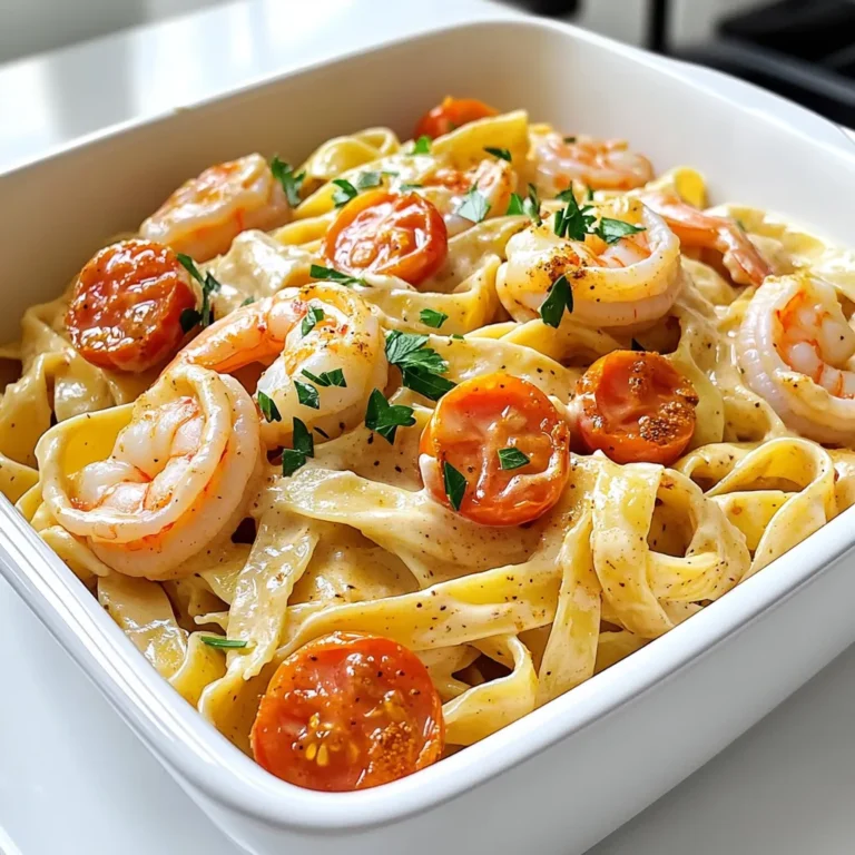 To create a tasty Creamy Cajun Shrimp Pasta, you need some basic ingredients. Here’s what you will need: - 8 oz fettuccine pasta - 1 lb large shrimp, peeled and deveined - 1 tablespoon Cajun seasoning - 2 tablespoons olive oil - 3 cloves garlic, minced - 1 cup heavy cream - 1 cup chicken broth - 1 cup cherry tomatoes, halved - 1/2 cup grated Parmesan cheese - 1/4 cup fresh parsley, chopped - Salt and pepper to taste Each of these ingredients plays a key role in making this meal a delight. The fettuccine pasta gives a nice base. The shrimp adds a rich flavor. Cajun seasoning brings the heat and spice. Olive oil helps cook the shrimp perfectly. Garlic adds depth to the sauce. Heavy cream makes the dish creamy and smooth. Chicken broth enhances the flavor. Cherry tomatoes add a sweet pop. Parmesan cheese gives a salty touch. Fresh parsley adds a bright finish. Don’t forget to season with salt and pepper! Gather all these items before cooking. It makes the process easy and fun. Each step will bring you closer to a delicious dinner. Enjoy the journey of making this flavorful dish! To cook the fettuccine, bring a large pot of salted water to a boil. Add 8 oz of fettuccine pasta. Cook it according to the package instructions, usually around 8-10 minutes. You want it al dente, which means firm to the bite. To check, taste a piece. When done, drain the pasta and set it aside. For perfect texture, remember to stir the pasta often while cooking. This prevents it from sticking together. For the shrimp, start with 1 lb of large, peeled, and deveined shrimp. In a bowl, toss the shrimp with 1 tablespoon of Cajun seasoning. Make sure each shrimp gets a good coat. This adds great flavor. Heat 2 tablespoons of olive oil in a large skillet over medium heat. Add the shrimp and cook for 2-3 minutes on each side. They should turn pink and opaque. To check doneness, cut one open. It should be white inside. Once cooked, remove the shrimp from the skillet and set them aside. In the same skillet, add 3 cloves of minced garlic. Sauté for about 1 minute until it smells good. Then, pour in 1 cup of chicken broth, scraping up any bits stuck on the bottom. Bring it to a gentle simmer. Next, stir in 1 cup of heavy cream. Let it simmer for about 2 minutes until it thickens slightly. Add in 1 cup of halved cherry tomatoes and the cooked shrimp. Stir everything together. Finally, mix in 1/2 cup of grated Parmesan cheese. This makes the sauce creamy and rich. Adjust the thickness by adding more broth if needed, and season with salt and pepper to taste. Now, add the cooked fettuccine to the skillet. Toss it gently to coat all the pasta with the sauce. Use tongs for even mixing. Make sure every strand is covered. If it looks dry, you can add a bit more chicken broth. Cook everything together for about 2 minutes to heat through. This final cook time helps the pasta absorb the flavors. Now it’s ready to serve! Timing is key when making creamy Cajun shrimp pasta. Cook the shrimp just right. Aim for 2-3 minutes on each side in the skillet. When shrimp turn pink, they are done. Remove them to avoid overcooking. After cooking the shrimp, make the sauce. Sauté garlic for one minute. Then, pour in chicken broth and cream. Let it simmer to thicken. Add shrimp back in at the end. This keeps them tender. Want to boost the flavor? Try adding smoked paprika or cayenne pepper. These spices give your dish a nice kick. Fresh herbs like basil or thyme can also work well. For cheese, Parmesan is a great choice. But, you can mix in some mozzarella or cream cheese for extra creaminess. These options add depth to the dish. Garnishing is fun and easy! Use fresh parsley for color and freshness. Sprinkle it on just before serving. You can also add a few halved cherry tomatoes on top. They make the dish look vibrant. Serve the pasta in shallow bowls. This way, everyone can enjoy the creamy sauce. Add a slice of crusty bread on the side. It’s perfect for soaking up every bit of that delicious sauce! {{image_2}} You can swap shrimp for chicken or scallops. Chicken breast works well with Cajun spice. Cut it into bite-sized pieces and cook the same way as shrimp. Scallops also add a nice touch. They cook quickly and have a sweet flavor. For a vegetarian or vegan option, try using mushrooms or tofu. Both absorb flavors well. You can sauté mushrooms until golden. For tofu, choose firm blocks and press out excess water. Then, season it just like shrimp. Fettuccine is great, but you can use other pasta types too. Penne or linguine are also good options. They hold sauce well and add variety. Whole wheat pasta adds fiber and a nutty taste. For gluten-free pasta, look for options made from rice or chickpeas. They cook fast and taste good with the sauce. Just be sure to check the cooking time on the package. Want extra spice? Add more Cajun seasoning or a dash of hot sauce. This gives a nice kick. You can also use smoked paprika for a deeper flavor. If you want a creamier sauce, add more heavy cream or cream cheese. This makes the dish rich and satisfying. Adding vegetables boosts nutrition. Try bell peppers, spinach, or zucchini. Sauté them with garlic for extra flavor. Toss them in with the shrimp for a colorful finish. To keep your creamy Cajun shrimp pasta fresh, store leftovers in the fridge. Place pasta in an airtight container. This helps prevent it from drying out. You can use glass or plastic containers. Just make sure they seal well. Your dish will stay fresh for about three days. When you are ready to eat the leftovers, reheat them gently. You can use a skillet on low heat. Add a splash of chicken broth or cream to help keep it moist. Stir often to avoid sticking. If you prefer, you can also use the microwave. Heat in short bursts, stirring in between for even warmth. If you want to store the dish longer, freezing is a good choice. First, let the pasta cool completely. Then, transfer it to a freezer-safe bag or container. Make sure to remove as much air as possible. This helps prevent freezer burn. You can freeze it for up to three months. To thaw, place it in the fridge overnight. Reheat as mentioned above for the best flavor and texture. You can use other spice blends like Creole seasoning. You can also make your own. A simple mix includes: - 1 teaspoon paprika - 1 teaspoon garlic powder - 1 teaspoon onion powder - 1/2 teaspoon cayenne pepper - 1/2 teaspoon thyme - 1/2 teaspoon oregano - Salt and pepper to taste This blend adds great flavor. Adjust the heat by adding more cayenne. Yes, you can prepare it in advance. Cook the pasta and shrimp, then store them separately. Keep the sauce in an airtight container. - Storage tips: Refrigerate for up to three days. - Reheating advice: Use a skillet over low heat. Add a splash of chicken broth to keep it creamy. Pair this dish with a fresh salad or garlic bread. Here are some options: - Mixed green salad with vinaigrette - Roasted vegetables like asparagus or broccoli - Garlic bread for dipping in the sauce These sides add balance and make your meal complete. Enjoy your flavorful dinner delight! This blog post covered how to make Creamy Cajun Shrimp Pasta. We discussed key ingredients and shared step-by-step instructions. You learned tips to enhance flavor and avoid overcooked shrimp. We explored variations for different diets and provided storage advice to keep leftovers fresh. Remember, cooking is fun. Don’t be afraid to experiment with flavors and ingredients. Enjoy your meal and impress your friends with your skills!