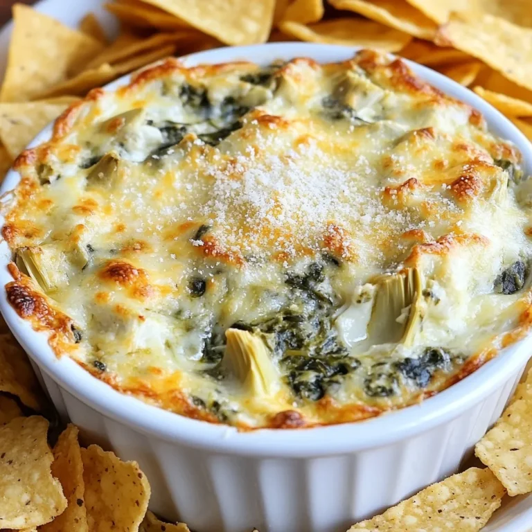 To make a tasty cheesy spinach artichoke dip, you need: - 1 cup frozen spinach, thawed and drained - 1 cup artichoke hearts, chopped (canned or frozen) - 1 cup cream cheese, softened - 1/2 cup sour cream - 1/2 cup mayonnaise - 1 cup shredded mozzarella cheese - 1/2 cup grated Parmesan cheese - 3 cloves garlic, minced - 1 teaspoon onion powder - 1/2 teaspoon crushed red pepper flakes (optional for heat) - Salt and pepper to taste You can swap some ingredients if needed. Use fresh spinach instead of frozen. Just be sure to cook it down and drain off the excess water. If you want a lighter dip, use Greek yogurt instead of sour cream or mayo. For a different cheese taste, try using gouda or cheddar in place of mozzarella. If you don’t have artichokes, you can use chopped bell peppers for a twist. When you shop, look for fresh artichoke hearts. If you choose canned, check for low sodium options. Use real cream cheese, not spreadable, for the best taste. Select good-quality mozzarella and Parmesan cheese; it makes a big difference. Fresh garlic has a stronger flavor than pre-minced garlic. Always check the expiration dates on dairy products to ensure freshness. {{ingredient_image_1}} First, preheat your oven to 350°F (175°C). Grab an 8x8 inch baking dish and lightly grease it. In a large bowl, take the softened cream cheese, sour cream, and mayonnaise. Mix these until smooth. Next, add the minced garlic, onion powder, and crushed red pepper flakes. Sprinkle in some salt and pepper. Stir well to combine all the flavors. Now, add the drained spinach and chopped artichoke hearts. Don’t forget the shredded mozzarella and grated Parmesan cheese. Mix until everything is well blended. Once your mixture is ready, transfer it into the greased baking dish. Spread it out evenly with a spatula. Place the dish in your preheated oven. Bake for 25 to 30 minutes. You want the dip to be hot and bubbly. The top should have a nice golden color. This is when you know it's almost ready. After baking, take the dip out of the oven. Let it cool for a few minutes. This helps the flavors settle. For extra flair, you can sprinkle more Parmesan cheese on top. Fresh herbs also make a lovely garnish. Serve the dip warm with tortilla chips, sliced baguette, or fresh veggie sticks. Enjoy this cheesy delight with friends and family! To get the right texture for your cheesy spinach artichoke dip, mix well. Start with softened cream cheese. This helps it blend easily with the sour cream and mayonnaise. Use a large bowl for mixing. This gives you more space to stir. Make sure your spinach is well-drained. Too much water will make the dip runny. One mistake is not draining the artichokes or spinach. This can lead to a watery dip. Another mistake is not mixing the cheeses well. If you leave lumps, the dip won’t be smooth. Don’t skip the garlic either. It adds nice flavor. Lastly, watch out for overbaking. If you leave it in too long, it can dry out. You can boost flavors in your dip easily. Add more garlic for a stronger taste. Try mixing in some fresh herbs like basil or parsley. If you want heat, add more crushed red pepper flakes. A splash of lemon juice can brighten up the taste too. For a savory touch, mix in some cooked bacon or sautéed onions. Pro Tips Thawing Spinach: Make sure to fully thaw and drain the spinach to avoid excess moisture in your dip, which can make it watery. Mixing Cheese: For a creamier texture, consider using a combination of cream cheese and ricotta cheese. Adding Flavor: Experiment with different herbs like dill or basil to elevate the flavor profile of the dip. Serving Suggestions: For a fun twist, serve the dip in a hollowed-out bread bowl, surrounded by bread chunks for dipping. {{image_2}} Want a kick? Add crushed red pepper flakes to your mix. Use one teaspoon for mild heat. If you love spice, try two teaspoons. This addition adds warmth and flavor. It makes the dip exciting. You can also use jalapeños for extra spice. Chop them finely and mix them in. You can make a vegan version, too! Swap cream cheese with vegan cream cheese. Use coconut cream instead of sour cream. For mayonnaise, choose a plant-based option. Replace mozzarella and Parmesan with vegan cheese. This keeps the dip creamy and tasty. Your guests won’t even miss the dairy! Want to add more flavor? Try mixing in cooked bacon. It adds a smoky taste. You can also add artichokes and fresh herbs like basil. For a twist, toss in some sundried tomatoes. They add a sweet and tangy flavor. Feel free to experiment. Your dip can be unique every time! To store your Cheesy Spinach Artichoke Dip, follow these steps. First, let it cool down to room temperature. Then, transfer any leftovers into an airtight container. Make sure to seal it tightly. You can store it in the fridge for up to 4 days. If you want to keep it longer, consider freezing. When you are ready to enjoy the dip again, reheating is simple. You can use the oven or microwave. For the oven, preheat it to 350°F (175°C). Place the dip in a baking dish and cover it with foil. Heat for about 15-20 minutes or until warm. In the microwave, heat in short bursts, stirring in between. This keeps it from getting too hot in spots. Freezing the dip is a great way to save it for later. After cooling, place the dip in a freezer-safe container. Make sure to leave some space at the top, as it will expand. You can freeze it for up to 2 months. When you want to use it, thaw it in the fridge overnight. Then, reheat as needed. Yes, you can make this dip ahead of time. Prepare the dip and place it in a baking dish. Cover it tightly with plastic wrap or foil. Store it in the fridge for up to two days. When you are ready to bake, remove the cover. You may need to add a few extra minutes to the baking time. This way, you can enjoy a tasty dip without much fuss. You will know the dip is done when it is hot and bubbly. The top should be slightly golden. Check after 25 minutes. If it needs more time, bake it for an extra 5 minutes. Keep an eye on it to avoid burning. A golden top means your dip is ready to eat! This dip tastes great with many dippers. Serve it warm with tortilla chips for a crunchy bite. Sliced baguette also works well and adds a nice texture. Fresh veggie sticks like carrots or celery are a healthy option. You can even sprinkle some extra Parmesan on top to make it look fancy. Enjoy with friends or at parties! We covered how to make a tasty Cheesy Spinach Artichoke Dip. From selecting fresh ingredients to the best baking methods, I've shared helpful tips. Remember, avoid common mistakes for perfect results. You can even switch up the flavors with fun variations. Store any extras correctly so you can enjoy them later. Now, you have the tools to impress your friends at your next gathering! Enjoy every bite and have fun experimenting.