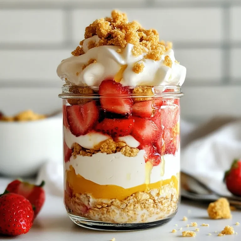 To make this tasty treat, you will need a few basic items: - 1 cup rolled oats - 1 cup almond milk (or any milk of choice) - 1 cup Greek yogurt (vanilla or plain) - 1 tablespoon honey or maple syrup - 1 teaspoon vanilla extract - 1 cup fresh strawberries, diced These ingredients are key for creating a creamy and flavorful base. Rolled oats give you a nice texture and soak up the milk. The Greek yogurt adds creaminess and a protein boost. Sweeteners like honey or maple syrup balance the tartness of the strawberries. You can make your overnight oats even better with some fun extras: - 1 tablespoon chia seeds for added texture - Whipped cream for topping - Crushed graham crackers for garnish Chia seeds add a nice crunch and extra fiber. Whipped cream makes it feel like dessert. Crushed graham crackers give that classic shortcake finish, adding a hint of sweetness and crunch. {{ingredient_image_1}} In a medium bowl, combine: - 1 cup rolled oats - 1 cup almond milk (or any milk of choice) - 1 cup Greek yogurt (vanilla or plain) - 1 tablespoon honey or maple syrup - 1 teaspoon vanilla extract - 1 tablespoon chia seeds (optional) Mix all these together well. This will be your creamy oats base. The oats soak up the milk and yogurt, making them soft and tasty. Chia seeds add a nice texture but are not a must. Next, gently fold in: - 1 cup fresh strawberries, diced Make sure to save some strawberry pieces for garnish later. This step adds a burst of flavor and color. Fresh strawberries give the dish a sweet and fruity taste. Now, divide the mixture into jars or containers. You can use two or four jars, depending on how many servings you want. Seal the jars tightly and place them in the fridge. Let them chill overnight or for at least four hours. This soaking time is key! It helps the oats soften and blend with the flavors. When ready to eat, stir the oats lightly. Top with whipped cream, more diced strawberries, and crushed graham crackers. This makes it look like a shortcake! Enjoy your easy and tasty Strawberry Shortcake Overnight Oats. To make perfect overnight oats, focus on two key steps: mixing and soaking. Start by combining rolled oats, almond milk, Greek yogurt, honey, vanilla extract, and optional chia seeds in a bowl. Stir until everything is mixed well. This ensures the oats absorb the flavors. When layering your ingredients in jars, remember to save some strawberries for the top. This not only looks appealing but also adds a fresh touch when you serve it. Let your oats soak overnight. This softens the oats and blends the flavors beautifully. You can easily customize your overnight oats. Try different sweeteners like agave syrup or stevia for a healthier choice. You can also swap almond milk for oat milk, coconut milk, or regular milk based on your taste. Feel free to add other fruits too. Bananas, blueberries, or peaches work great. You can also mix in spices like cinnamon or nutmeg for extra flavor. The options are endless! Presentation matters, especially with food. Use clear jars or glasses to show off the layers. It adds a nice visual effect. Top your oats with a dollop of whipped cream for a creamy finish. For garnishing, add extra diced strawberries and a sprinkle of crushed graham crackers. This gives your overnight oats that classic shortcake look. A pretty presentation makes it more fun to eat! Pro Tips Use Fresh Strawberries: The quality of the strawberries can make a big difference in flavor. Choose ripe, sweet strawberries for the best results. Experiment with Sweeteners: Feel free to adjust the sweetness by using different types of sweeteners like agave syrup, stevia, or coconut sugar according to your preference. Add More Texture: Incorporate nuts or seeds for added crunch. Almonds, walnuts, or sunflower seeds can enhance the dish's texture and nutrition. Make it Ahead: These overnight oats can last in the fridge for up to 3 days. Prepare a batch at the start of the week for quick breakfasts. {{image_2}} You can switch up the strawberries for other berries. Blueberries, raspberries, or blackberries all work well. Each berry brings its own taste. You can mix them for a fun twist. Seasonal fruits are great, too. In summer, try peaches or cherries. In winter, consider apples or pears. Tropical fruits like mango or pineapple add a fresh vibe. Feel free to get creative! Enhance your overnight oats with extracts or spices. You can add almond extract for a nutty twist. Cinnamon or nutmeg can give warmth and depth. For a crunchy texture, toss in nuts or seeds. Chopped almonds, walnuts, or sunflower seeds work nicely. They add flavor and extra nutrition. If you want a vegan version, swap Greek yogurt with non-dairy yogurt. Coconut or almond yogurt works well. Use your favorite plant-based milk, like oat or soy milk. Check labels for added sugars in non-dairy options. Some may have sweeteners, so choose wisely. You can enjoy the same tasty dish while meeting your dietary needs! For storing your strawberry shortcake overnight oats, choose glass jars or airtight containers. These keep the oats fresh and prevent spills. When stored properly in the fridge, your oats last for up to five days. This makes them a great option for meal prep. You can enjoy your overnight oats straight from the fridge. Just give them a quick stir before serving. If you prefer warm oats, heat them in the microwave. Start with 30 seconds, then check if they need more time. Be careful not to overheat them; they should stay creamy. To make meal prep easy, you can double or triple the recipe. This way, you have enough for several days. Simply divide the mixture into jars. For longer storage, you can freeze the oats. Pour the oats into freezer-safe containers. They last up to three months in the freezer. Just thaw them overnight in the fridge before eating. You can use instant oats, but they change the texture. Rolled oats soak up liquid well. They stay chewy and creamy. Instant oats can turn mushy and lose their shape. For best results, stick with rolled oats. You can store overnight oats for up to five days in the fridge. Keep them in airtight containers. This helps maintain freshness and flavor. Check for any changes before eating. If you want alternatives, try regular yogurt or dairy-free options. Coconut yogurt works well for a vegan diet. You can also use almond or soy yogurt. They all add creaminess and flavor. Yes, you can use frozen strawberries. They are convenient and can save time. However, they may change the texture. Frozen strawberries can be softer and release more juice. This can make your oats a bit runny. To lower sugar, cut down on honey or maple syrup. Use less or skip it altogether. You can also try using unsweetened yogurt. Adding more fresh fruit can add natural sweetness without extra sugar. Strawberry shortcake overnight oats are easy and fun to make. We covered the key ingredients, like oats, milk, yogurt, and fresh strawberries. You learned how to prepare, store, and enjoy your oats, plus tips to customize them. Remember, you can use different fruits, sweeteners, and even go vegan. With the right storage, these oats can last a few days. Enjoy experimenting with flavors and presentations. This breakfast is not just tasty; it's creative too! Now, grab your jars and start making your delicious overnight oats today!