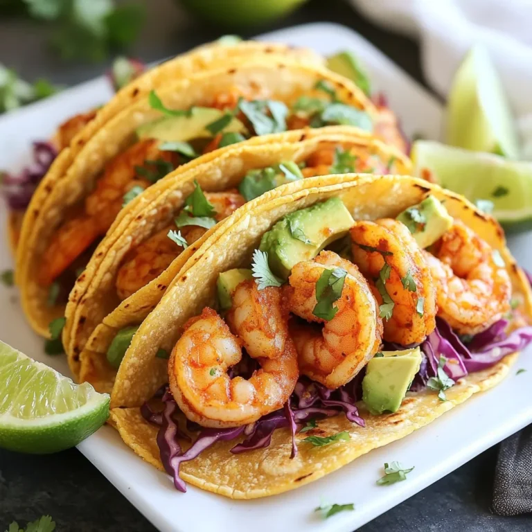 - 1 lb. large shrimp, peeled and deveined - 2 tablespoons olive oil - 1 tablespoon chili powder - 1 teaspoon cumin - 1 teaspoon garlic powder - 1 teaspoon paprika - Juice of 2 limes - Salt and pepper to taste - 8 small corn or flour tortillas - 1 cup red cabbage, shredded - 1 avocado, sliced - Fresh cilantro, for garnish - Lime wedges, for serving When measuring ingredients, use a dry measuring cup for solids. For liquids, a liquid measuring cup works best. Level off the dry ingredients with a straight edge to ensure accuracy. Use a tablespoon for smaller portions, like olive oil or lime juice. If you can't find large shrimp, try medium shrimp instead. You can use vegetable oil if you need a substitute for olive oil. For spices, smoked paprika can add a different flavor. If you want a different flavor profile, you can use taco seasoning instead of separate spices. For a creamy element, swap the avocado for a dollop of sour cream or Greek yogurt. If you prefer a crunchier texture, try using shredded carrots instead of red cabbage. {{ingredient_image_1}} To start, grab a bowl. Add the shrimp, olive oil, chili powder, cumin, garlic powder, paprika, lime juice, salt, and pepper. Mix all the ingredients well. This helps the shrimp soak up the flavors. Let the shrimp marinate for 15-20 minutes. This step makes a big difference. The longer it sits, the better the taste! Next, heat a skillet over medium-high heat. When the skillet is hot, add the marinated shrimp. Cook them for 2-3 minutes on each side. You’ll know they are ready when they turn pink and opaque. This is your cue that they are perfectly cooked! Now it’s time to assemble your tacos! Warm the tortillas in a separate skillet or microwave until they are soft. Place a few shrimp on each tortilla. Next, add shredded cabbage and avocado slices on top. Don’t forget to garnish with fresh cilantro. Serve with lime wedges for an extra kick of zest. Enjoy your delicious chili lime shrimp tacos! Marinating shrimp is key for great flavor. Use a bowl to mix shrimp with olive oil, lime juice, and spices. Make sure each shrimp gets coated well. Let the shrimp marinate for 15 to 20 minutes. This lets the flavors soak in. If you have more time, go longer for even better taste. When cooking shrimp, high heat is best. Heat your skillet on medium-high until hot. Add shrimp to the skillet and cook for 2 to 3 minutes on each side. Look for pink and opaque shrimp. This means they are done. Overcooking can make shrimp tough, so watch closely. Toppings add crunch and flavor. Shredded red cabbage gives a nice bite. Sliced avocado adds creaminess. Fresh cilantro brightens the dish. Lime wedges are a must for extra zest. You can also try adding diced tomatoes or radishes for more color and taste. Pro Tips Marinate Longer for Depth: For even more flavor, consider marinating the shrimp for up to an hour. This allows the spices to penetrate the shrimp thoroughly. Customize Your Heat Level: Adjust the amount of chili powder based on your spice preference. You can also add diced jalapeños for an extra kick! Fresh Ingredients Matter: Use freshly squeezed lime juice instead of bottled to enhance the brightness of the flavors in your tacos. Serving Suggestions: Serve the tacos with a side of salsa or a creamy sauce, such as chipotle mayo, to elevate the dish further. {{image_2}} You can swap shrimp for chicken or tofu. Chicken breast works well, too. Just cut it into small pieces and marinate like the shrimp. Tofu can soak up the great flavors from the marinade. Choose firm tofu, press it, and then cut it into cubes. Both options give you tasty tacos with a different twist. Try using lettuce wraps instead of tortillas for a fresh, low-carb option. You can also use hard taco shells for added crunch. For a unique twist, consider making taco bowls. Serve the shrimp over rice or quinoa, then add your toppings. Each style gives a different feel to your meal. Add more zing with fresh lime juice and zest. Mango or pineapple salsa brings a sweet touch. You can also mix in some jalapeños for heat. For a creamier texture, drizzle some sour cream or yogurt over the tacos. These little changes can make your tacos pop with flavor! To store leftover tacos, first, separate the shrimp from the tortillas. Place the shrimp in an airtight container. You can keep them in the fridge for up to three days. For the tortillas, wrap them in foil or plastic wrap. This helps keep them soft and fresh. If you have any toppings left, store them in separate containers. This keeps everything fresh and tasty. If you want to freeze your tacos, it’s best to freeze the shrimp only. After cooking, let the shrimp cool completely. Then, place them in a freezer-safe bag. Try to remove as much air as you can. This helps prevent freezer burn. You can keep the shrimp in the freezer for up to three months. Just remember to label the bag with the date. To reheat the shrimp, you can use a skillet or microwave. If using a skillet, heat it over medium heat. Add the shrimp and cook for a few minutes until warm. If using a microwave, place the shrimp in a bowl with a splash of water. Cover it and heat in short bursts. This keeps the shrimp moist. Warm the tortillas in the microwave for about 15-20 seconds, or until soft. Enjoy your tasty tacos again! The best type of shrimp for tacos is large shrimp. They are firm and hold up well. I prefer using peeled and deveined shrimp for ease. Look for fresh or frozen shrimp. If using frozen, thaw them before cooking. Fresh shrimp brings a sweet and juicy flavor. It makes the tacos even better. Yes, you can easily make these tacos spicy! Use extra chili powder for more heat. You could also add diced jalapeños for a fresh kick. Another option is to drizzle some hot sauce on top. Adjust the spice level to suit your taste. Enjoy the heat with each bite. To make these tacos gluten-free, use corn tortillas instead of flour. Corn tortillas are safe and tasty. Check the labels to ensure there are no hidden gluten ingredients. You can also use lettuce wraps for a low-carb option. They add a fresh crunch to your meal. Enjoy these tacos with confidence! We covered the key ingredients and methods to make shrimp tacos. You learned about measuring tips, ingredient swaps, and how to marinate and cook shrimp. We also shared best practices and topping ideas for extra flavor. Remember, these tacos can be customized with different proteins and flavors. Storing leftovers and reheating is simple and effective. With these tips, you can make tasty tacos easily. Enjoy your cooking journey and dine on delicious shrimp tacos soon!