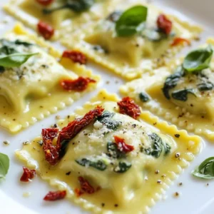 - 1 cup ricotta cheese - 2 cups fresh spinach, chopped - 1/2 cup grated Parmesan cheese - 1 large egg - 2 cups all-purpose flour - 1/2 teaspoon salt - 1 tablespoon olive oil - 2 cups heavy cream - 1/2 cup sun-dried tomatoes, chopped (optional) - Fresh basil leaves for garnish To create creamy spinach ricotta ravioli, gather these simple ingredients. The fresh spinach and ricotta make a tasty filling. The Parmesan cheese adds a nice salty kick. The egg helps bind the filling and keeps it smooth. For the dough, you need flour, salt, and olive oil. These form a soft and workable texture. The cream sauce, made from heavy cream, is rich and comforting. Sun-dried tomatoes can add a burst of flavor. Finally, fresh basil gives a pop of color and freshness to the dish. Make sure to have everything ready before you start cooking. This will make the process smoother and more enjoyable. {{ingredient_image_1}} First, we need to make the spinach filling. - Heat a pan over medium heat. - Add 2 cups of chopped spinach. - Sauté the spinach until it wilts. This takes about 3-4 minutes. - Remove the spinach from heat and let it cool slightly. Next, mix the filling ingredients. - In a bowl, combine 1 cup of ricotta cheese, the sautéed spinach, and 1/2 cup of grated Parmesan cheese. - Add in 1 large egg, 1 teaspoon of garlic powder, and 1 teaspoon of nutmeg. - Season with salt and pepper to taste. - Mix everything until well blended. Set this filling aside for now. Now, let's make the ravioli dough. - In a large bowl, mix 2 cups of all-purpose flour with 1/2 teaspoon of salt. - Create a well in the center of the flour. - Add 1 large egg and 1 tablespoon of olive oil into the well. - Gradually mix the flour into the wet ingredients. Keep mixing until the dough starts to form. Next, knead the dough. - Transfer the dough to a floured surface. - Knead it for 5-7 minutes until it becomes smooth. - Once ready, wrap the dough in plastic wrap. Let it rest for 30 minutes. It's time to roll and form the ravioli. - Divide the dough into quarters. - Roll out each piece into thin sheets using a pasta machine or a rolling pin. - Dust with extra flour to prevent sticking. Now, fill and cut the ravioli. - Take one sheet of pasta and place teaspoons of the spinach filling about 1 inch apart. - Lay another sheet of pasta over the top. - Press down around the filling to seal it well. - Use a ravioli cutter to cut out individual pieces. Now, we cook the ravioli. - Bring a large pot of salted water to a boil. - Gently lower the ravioli into the boiling water. - Cook for 3-4 minutes, or until they float to the top. - Remove them with a slotted spoon and set aside. Next, prepare the cream sauce. - In a saucepan, heat 2 cups of heavy cream over medium heat. - If you like, stir in 1/2 cup of chopped sun-dried tomatoes. - Let it simmer for 3-5 minutes until slightly thickened. - Add salt and pepper to taste. Finally, combine and serve. - Add the cooked ravioli to the cream sauce. - Stir gently to coat. - Let it simmer for one minute before transferring to serving plates. Garnish with fresh basil leaves and some extra Parmesan if you wish. Enjoy your meal! To make the filling shine, start by sautéing the spinach. Use medium heat to wilt it quickly. This helps retain the bright green color. After sautéing, let it cool before mixing it with the other ingredients. For seasoning, I like to add a pinch of salt and pepper. Nutmeg works great too, so don’t skip it. It gives a warm, cozy flavor. You can also add garlic powder for extra flavor, but adjust to your taste. Kneading the dough is key to a smooth texture. Use a clean surface and knead for about 5 to 7 minutes. This makes the dough elastic and easy to roll. When rolling the dough, keep it thin. Divide it into quarters for easier handling. Dust with flour to avoid sticking. A pasta machine can help you get an even thickness. Aim for about 1/16 inch for the best results. To avoid sticking during cooking, make sure your water is boiling before adding the ravioli. Gently lower them in to prevent them from breaking. A great time-saving tip is to cook the ravioli in batches. This keeps the water at a steady boil, ensuring each piece cooks evenly. Cook them until they float, about 3 to 4 minutes. Pro Tips Use Fresh Spinach: Fresh spinach provides a vibrant flavor and better texture compared to frozen spinach. Ensure it is thoroughly wilted and moisture is removed to avoid a soggy filling. Rest the Dough: Allowing the dough to rest for 30 minutes makes it easier to roll out and shape, resulting in a more delicate and tender ravioli. Seal Ravioli Properly: To prevent the filling from leaking out during cooking, ensure that the edges of the ravioli are well-sealed. You can use a little water to help them stick together. Customize the Sauce: Feel free to enhance the cream sauce by adding garlic, herbs, or spices. You can also substitute the sun-dried tomatoes with peas or mushrooms for variation. {{image_2}} You can change the filling of your ravioli to suit your taste. One great option is a mushroom and cheese filling. Simply sauté some chopped mushrooms with garlic and mix them with ricotta and Parmesan. This adds a rich, earthy flavor to your dish. Another choice is to use meat-filled options. Ground beef or sausage mixed with herbs and cheese creates a hearty ravioli. Use the same dough and cooking methods for these variations. They will still be just as delicious! If you want to try a different sauce, tomato-based sauces work well. A simple marinara can add a nice tang. You can simmer garlic, onions, and canned tomatoes for a quick sauce. Pesto sauce is also a fantastic pairing. It brings a fresh taste that complements the creamy filling. You can even drizzle pesto on top of each serving for an extra flavor kick. For those needing gluten-free options, you can use gluten-free flour to make the dough. This allows everyone to enjoy the dish without worry. If you follow a vegan diet, you can substitute the ricotta with tofu blended with nutritional yeast. Replace the egg with a flax seed mixture for binding. These swaps keep the ravioli tasty and cruelty-free. To store uncooked ravioli, you should refrigerate them if you plan to use them soon. Place them in a single layer on a baking sheet. Cover them with plastic wrap. This keeps them fresh for about two days. If you want to save them for later, freezing is the best option. Sprinkle some flour on a baking sheet. Place the ravioli in a single layer on the sheet. Put the sheet in the freezer for about an hour. Once frozen, transfer the ravioli to a freezer bag. They can last up to three months in the freezer. After cooking, let the ravioli cool down. Store them in an airtight container. This helps keep them fresh. They will last about three to four days in the fridge. To reheat, place the ravioli in a pot of boiling water for a minute. This warms them up without losing their shape. You can also use a microwave. Just add a splash of water to keep them moist. Fresh ravioli can stay good for up to two days in the fridge when uncooked. Cooked ravioli should be eaten within four days. Look for signs of spoilage. If the ravioli smell sour or have a slimy texture, throw them away. Always trust your senses to ensure food safety. Cooking the ravioli takes about 3-4 minutes. You will know they are ready when they float to the top of the pot. This quick cooking time makes them a great choice for busy nights. Yes, you can use store-bought ravioli. They save time and effort. Just remember, fresh ravioli often taste better. If you go this route, check the cooking time on the package. You can pair this dish with a fresh salad or garlic bread. A light white wine, like Pinot Grigio, complements the flavors well. Try a side of roasted vegetables for added taste and color. You can prepare the filling and dough a day ahead. Store the dough in the fridge, wrapped well. You can also freeze uncooked ravioli for later use. Just cook them straight from the freezer, adding a minute to the cooking time. This blog post shared all you need for creamy spinach ricotta ravioli. We covered the main ingredients like ricotta, fresh spinach, and heavy cream. I walked you through each step, from making the filling to cooking the ravioli. Tips on perfecting your dish and variations offer more ways to enjoy it. I hope you find the recipes easy and fun. With a little practice, you can make delicious homemade ravioli anytime. Enjoy your cooking journey!