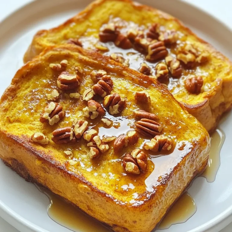 - 1 loaf of brioche or challah bread, cubed - 1 ½ cups milk (or plant-based milk) - 1 cup canned pumpkin puree - 4 large eggs - ½ cup brown sugar - 2 teaspoons vanilla extract - 2 teaspoons pumpkin pie spice - ½ teaspoon ground cinnamon - Pinch of salt - ½ cup chopped pecans (optional) - Maple syrup for serving - Optional garnishes: whipped cream, powdered sugar Gathering the right ingredients is key to a delicious Pumpkin Spice French Toast Bake. Start with a loaf of brioche or challah bread. This bread gives the bake its soft texture. You need to cut it into cubes, so it soaks up all the mixture well. Next is the star of the dish: canned pumpkin puree. This adds rich flavor and a lovely orange hue. Pair it with 1 ½ cups of milk. You can use any milk you like, even plant-based options like almond or oat milk. For the custard mixture, you’ll need 4 large eggs. They help bind everything together. Add ½ cup of brown sugar for sweetness. You can adjust this based on your taste. Next, add flavor with 2 teaspoons of vanilla extract and 2 teaspoons of pumpkin pie spice. These spices fill your kitchen with warmth. A dash of ground cinnamon and a pinch of salt complete the flavor. If you want a bit of crunch, toss in ½ cup of chopped pecans. When it’s time to serve, drizzle warm maple syrup on top. You can also add whipped cream or a sprinkle of powdered sugar for extra flair. This will make your Pumpkin Spice French Toast Bake a cozy and comforting treat for everyone! 1. First, preheat your oven to 350°F (175°C). This step warms the oven for even baking. 2. Next, grease a 9x13 inch baking dish to prevent sticking. This makes serving easier later. 3. In a large mixing bowl, whisk together the milk, pumpkin puree, eggs, brown sugar, vanilla extract, pumpkin pie spice, cinnamon, and a pinch of salt. Keep whisking until the mixture is smooth and well combined. 1. Add the cubed brioche or challah bread to the pumpkin mixture. Gently fold the bread into the custard to coat each piece evenly. If you want a crunch, fold in the chopped pecans now. 2. Allow the mixture to sit for about 10 minutes. This soaking time helps the bread absorb the custard. It makes the bake soft and tasty. 1. Pour the soaked bread mixture into the greased baking dish. Spread it out evenly for uniform baking. Optionally, sprinkle a few extra pecans on top for added texture. 2. Bake in the preheated oven for 40-45 minutes. The top should be golden brown, and the custard should be set. You can check this by gently shaking the dish; it should not jiggle too much. 3. Once baked, remove it from the oven. Let it cool for a few minutes before slicing. Serve warm with a drizzle of maple syrup for a cozy treat. To make this Pumpkin Spice French Toast Bake great, focus on soaking the bread. I suggest letting the bread soak for at least 10 minutes. This time allows the bread to absorb flavors and moisture well. If you skip this step, your bake may turn out dry. When you whisk the mixture, it is important to do it well. Start with the milk and pumpkin puree. Add eggs and sugar next. Use a whisk to mix until smooth. This helps all the ingredients blend together nicely. You can play with the vanilla extract to add your own twist. Try using vanilla bean paste for a richer flavor. You can also swap in almond extract for a nutty touch. Adjusting the spices can change the taste, too. If you love a stronger spice flavor, add more pumpkin pie spice. A sprinkle of nutmeg can also kick it up a notch. For serving, get creative! Serve slices on bright plates for a fun look. A dollop of whipped cream on top adds sweetness. You can also dust with powdered sugar for a fancy touch. If you want crunch, sprinkle extra pecans on top. This not only adds taste but also makes it visually appealing. Enjoy your cozy treat! {{image_2}} You can switch the bread to change the taste. Whole grain bread gives a nice texture and flavor. Gluten-free bread works well too. It keeps the dish friendly for those with allergies. You can also try sourdough for a tangy twist. Each type of bread can give your bake a fresh vibe. Want to mix things up? Add chocolate chips for a sweet surprise. Dried fruits like raisins or cranberries also work great. They add nice bursts of flavor. You can try different spices too. Nutmeg or allspice can give your dish a new kick. Don't be afraid to get creative! If you want a vegan version, swap eggs with flaxseed meal or chia seeds. Use plant-based milk and skip the dairy. For a low-sugar option, try using a sugar substitute. Applesauce can also sweeten it naturally. These changes keep the taste while making it healthier. To store leftover Pumpkin Spice French Toast Bake, let it cool first. Place the leftovers in an airtight container. This keeps the moisture in and prevents drying out. You can store it in the fridge for up to three days. If you want to save some for later, freezing works well. Cut the bake into slices before freezing. Wrap each slice in plastic wrap, then place them in a freezer bag. This helps keep the flavors fresh. You can freeze it for up to three months. When you’re ready to enjoy it, thaw overnight in the fridge. Reheat in the oven at 350°F (175°C) for about 15 minutes. For the best taste, eat your Pumpkin Spice French Toast Bake within three days if refrigerated. Look for signs of spoilage like a sour smell or mold. If you see any, do not eat it. Enjoy your bake while it's fresh for the best experience. What can I substitute for milk in this recipe? You can use any plant-based milk like almond, soy, or oat milk. These work well. They provide a similar texture and flavor. If you need a nut-free option, choose soy or oat milk. Can I make this dish ahead of time? Yes, you can prepare the dish the night before. Just cover it and chill. Bake it in the morning for a warm, fresh breakfast. How many servings does this recipe yield? This recipe makes about 8 servings. Each slice is filling and delicious. It’s great for family gatherings or brunch with friends. Can I scale the recipe for larger gatherings? Absolutely! You can double the recipe. Use a larger baking dish to fit all the ingredients. Just keep the baking time similar. How can I adjust baking time for different ovens? Ovens can vary, so check the bake at 35 minutes. If it is not set, add a few more minutes. Look for a golden top and firm custard. Are there tips for making this gluten-free? Use gluten-free bread as the main swap. Ensure the bread is fresh and soft. This keeps the texture nice and fluffy. This pumpkin bread pudding recipe combines simple ingredients for a cozy dish. You start with brioche or challah, milk, and pumpkin puree. Then, whisk and soak before baking. Remember to follow the tips for the best results and try out variations to suit your taste. With thoughtful storage, you can enjoy this treat for days. This dessert offers warmth and joy, perfect for gatherings or quiet nights at home. Embrace your creativity in the kitchen, and make this recipe your own!