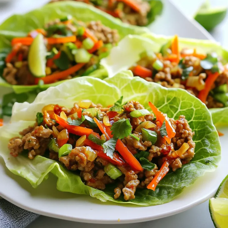 To make Sriracha Turkey Lettuce Wraps, you'll need these fresh and tasty items: - 1 pound ground turkey - 1 tablespoon olive oil - 3 cloves garlic, minced - 1 tablespoon fresh ginger, minced - 1 red bell pepper, diced - 1 cup shredded carrots - 1/4 cup green onions, chopped - 3 tablespoons low-sodium soy sauce - 2 tablespoons sriracha (adjust for spice preference) - 1 tablespoon honey - 1 teaspoon sesame oil - Salt and pepper to taste - 1 head of butter lettuce or romaine, leaves separated These ingredients come together to create a meal that's healthy and full of flavor. Ground turkey serves as the lean protein, while the veggies add crunch and color. Sriracha gives it a spicy kick, and honey balances the heat with sweetness. Using fresh ginger and garlic enhances the taste, making the wraps vibrant and fragrant. Butter lettuce or romaine acts as a perfect vessel for all this goodness. Enjoy cooking this meal; it’s sure to impress! {{ingredient_image_1}} To start, gather all your ingredients. You need ground turkey, garlic, ginger, and veggies. Measure out the soy sauce, sriracha, honey, and sesame oil. Having everything ready makes cooking easier. 1. Heat the olive oil in a large skillet over medium heat. 2. Add the minced garlic and ginger. Sauté them until they smell good, about one minute. 3. Raise the heat to medium-high. Add the ground turkey to the skillet. Cook it for 5 to 7 minutes. Use a spatula to break it apart as it cooks. 4. Add the diced red bell pepper and shredded carrots. Cook for another 3 to 4 minutes until they soften. 5. In a small bowl, mix the soy sauce, sriracha, honey, sesame oil, salt, and pepper. Pour this sauce over the turkey mixture. Toss everything well and cook for 2 to 3 more minutes. 6. Remove the skillet from heat and mix in the chopped green onions. Now, it’s time to wrap! Take a lettuce leaf and spoon some turkey mixture into the center. Fold the leaf around the filling like a taco. You can serve these wraps on a platter. Add extra sriracha and lime wedges for a fun touch. Enjoy your tasty meal! You can easily change the spice in your Sriracha turkey lettuce wraps. Sriracha adds heat, but you control how much. Start with one tablespoon and taste the mix. If you want more spice, add a little more sriracha. You can also mix in some red pepper flakes for extra kick. If you prefer mild flavors, use less sriracha or substitute it with a sweet chili sauce. Getting ready ahead of time makes cooking easier. Chop your garlic, ginger, and bell pepper before you start. You can also shred the carrots and chop green onions. Store these in separate containers in the fridge. This way, when you’re ready to cook, everything is at your fingertips. You can even cook the turkey mix a day before. Just reheat it when you are ready to serve. Presentation can make your meal special. Arrange the filled lettuce wraps on a nice platter. You can add lime wedges on the side for a fresh burst of flavor. Serving extra sriracha in a small bowl lets guests add their own spice. To make it fun, you can even set up a wrap station. Let everyone fill their own lettuce leaves with the turkey mix. It adds a personal touch to your meal. Pro Tips Use Fresh Ingredients: Fresh garlic and ginger enhance the flavor profile significantly compared to dried alternatives. Adjust Spice Levels: Modify the amount of sriracha according to your spice tolerance, and consider adding diced jalapeños for extra heat. Let It Rest: Allow the turkey mixture to rest for a few minutes after cooking. This helps the flavors meld together before serving. Experiment with Wraps: Try using different types of lettuce or even collard greens for a unique twist on the wraps. {{image_2}} You can easily swap ground turkey for other proteins. Chicken works well, too. Use ground chicken for a lighter taste. If you prefer beef, try ground beef for a richer flavor. For a plant-based option, tofu is great. Crumble firm tofu and cook it like ground meat. Each protein adds its own twist to the dish. Add more veggies for extra flavor and crunch. Diced mushrooms give a nice umami taste. You can also use zucchini. Grate or dice it and mix it with the turkey. These veggies boost nutrition and add color. Feel free to experiment with your favorites! Changing the sauce can transform your wraps. Try hoisin sauce for a sweet twist. You can also mix in some lime juice for a zesty kick. If you like heat, add more sriracha or chili flakes. For a different flavor, use teriyaki sauce. Each option gives the wraps a new taste profile. After enjoying your Sriracha turkey lettuce wraps, you might have some leftovers. Store the turkey filling in an airtight container. Keep the lettuce leaves in a separate bag or container. This way, the leaves stay crisp. The filling will stay good for up to three days in the fridge. When you’re ready to eat the leftovers, reheat the turkey filling on the stove. Use low heat and stir often to avoid burning. It should take about 5 to 7 minutes to warm up. If you prefer the microwave, heat it in short bursts. Stir every 30 seconds until it's hot. If you want to save some for later, freezing is a great option. Place the turkey filling in a freezer-safe bag. Remove as much air as you can before sealing it. Label the bag with the date. This filling can freeze well for up to three months. When you’re ready to eat, thaw it overnight in the fridge. Then, reheat it as mentioned earlier. Enjoy your meal with fresh lettuce wraps! Yes, you can! Butter lettuce is great, but you can also use romaine. These lettuces have big leaves that hold the filling well. Other options include iceberg or even cabbage. Each type adds a unique crunch. Choose what you enjoy most! To spice it up, add more sriracha. You can also use fresh sliced chili peppers. For a milder wrap, cut back on sriracha. You could replace it with a sweet chili sauce. Adjust according to your taste. It’s all about finding your perfect heat level! These wraps pair well with rice or quinoa. A simple salad adds freshness too. You might also enjoy a side of edamame or steamed veggies. For a fun twist, serve with chips and a dip. These sides make for a balanced meal! This blog post covered a tasty Sriracha turkey lettuce wrap recipe. You learned about the fresh ingredients, easy steps for preparation, and tips for custom flavors. You can adjust spice levels and swap proteins to suit your taste. Storing leftovers is simple, and reheating keeps the wraps fresh. With these ideas, you can impress at your next meal. Enjoy making this dish today!