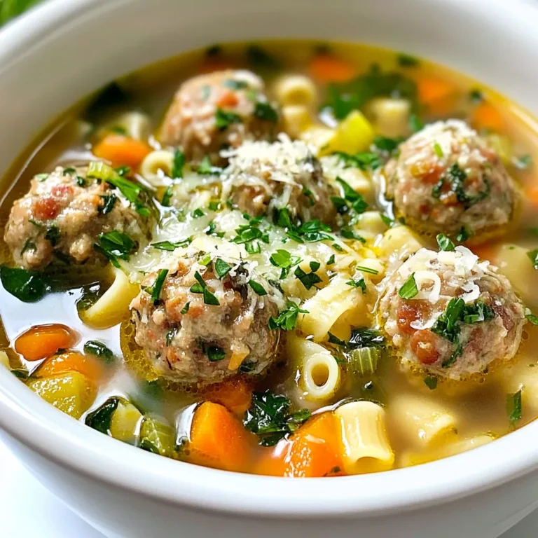 - 1 tablespoon olive oil - 1 small onion, finely chopped - 2 cloves garlic, minced - 2 large carrots, diced - 2 celery stalks, diced - 6 cups chicken broth - 1 cup fresh spinach, chopped - 1/2 cup small pasta (such as orzo or acini di pepe) - 1 pound ground turkey or chicken - 1/2 cup grated Parmesan cheese - 1/4 cup breadcrumbs - 1 teaspoon Italian seasoning - Salt and pepper to taste - Fresh parsley for garnish These ingredients create a warm and tasty soup. The olive oil starts us off with flavor. The onion and garlic add a nice base. I love how the carrots and celery give a sweet crunch. Chicken broth makes the soup rich and comforting. Spinach adds a fresh touch and a pop of color. Choosing small pasta like orzo or acini di pepe helps every bite feel cozy. Ground turkey or chicken makes the meatballs lean but tasty. I always add Parmesan for its nutty flavor. Breadcrumbs keep the meatballs moist. Italian seasoning ties all the flavors together. Don’t forget salt and pepper to make everything shine! Finally, fresh parsley brings a bright finish. This mix of ingredients is what makes Italian Wedding Soup a true delight. Each one plays its part for a hearty meal. Now, let’s get cooking! {{ingredient_image_1}} 1. Heating the olive oil and sautéing aromatics Start by getting a large pot. Heat 1 tablespoon of olive oil over medium heat. Add 1 small chopped onion. Cook until it looks clear, about 3 to 4 minutes. Then, stir in 2 minced garlic cloves. Cook for 1 more minute. Be careful not to burn the garlic. 2. Adding vegetables and chicken broth Next, toss in 2 diced carrots and 2 diced celery stalks. Cook these for 5 to 7 minutes. They should start to get soft. Once soft, pour in 6 cups of chicken broth. Bring this mix to a gentle boil. 3. Creating and cooking the meatballs In a bowl, mix 1 pound of ground turkey (or chicken), 1/2 cup of grated Parmesan cheese, and 1/4 cup of breadcrumbs. Add 1 teaspoon of Italian seasoning, salt, and pepper. Combine it well. Shape this mix into small meatballs, each about 1 inch wide. When the broth is boiling, carefully drop the meatballs into the pot. Lower the heat to medium-low and let them cook for 15 minutes. 4. Incorporating pasta and spinach into the soup Now, add 1/2 cup of small pasta, like orzo or acini di pepe. Cook it according to the package instructions until it’s al dente. Stir in 1 cup of chopped fresh spinach and let it wilt for about 2 minutes. Taste the soup and add more seasoning if you want. Serve it hot, and if you like, sprinkle some fresh parsley and extra Parmesan on top. Enjoy your hearty bowl of Italian wedding soup! How to ensure meatballs stay tender To keep your meatballs soft, mix the ground turkey with breadcrumbs and cheese. This adds moisture. Don’t overwork the mixture; just mix until combined. Form small balls, about one inch wide. The best pasta alternatives for texture I love using orzo or acini di pepe. Both give a nice bite. If you want something different, try ditalini or small shells. These pasta shapes soak up the flavors well. Enhancing flavors with herbs and spices Fresh herbs like parsley brighten up the soup. Italian seasoning adds depth. You can also try a pinch of red pepper flakes for heat. Fresh garlic boosts flavor too, so don’t skip it! Pro Tips Use Fresh Ingredients: Always opt for fresh vegetables and herbs for the best flavor and nutritional value in your soup. Customize Your Meatballs: Feel free to add your favorite herbs or spices to the meatball mixture for a personalized touch. Adjust Consistency: If you prefer a thicker soup, let it simmer longer or add a bit more pasta. For a brothier version, add extra chicken broth. Storage Tips: Store leftovers in an airtight container in the fridge for up to 3 days. Reheat gently on the stove for best results. {{image_2}} You can make Italian Wedding Soup your own with some fun swaps. - Vegetarian and vegan adaptations: For a plant-based version, skip the meat. Use veggie broth instead of chicken broth. Add mushrooms or lentils for protein. Chickpeas also work well. They add a nice texture. - Different types of meat or protein substitutes: If you want a twist, try ground beef or pork. You can also use sausage for a richer flavor. For a healthier option, use ground chicken or turkey, as in the classic recipe. - Seasonal vegetable additions for extra nutrition: Feel free to toss in seasonal veggies. Zucchini, green beans, or kale can add great taste. You can also use frozen veggies when fresh ones are out of season. They still taste great in the soup. These options let you customize your soup to fit your taste and diet. Enjoy making it your own! To keep your Italian wedding soup fresh, follow these steps: - Refrigeration: Store the soup in an airtight container. It can last about 3 to 4 days in the fridge. - Freezing: For longer storage, freeze the soup. Use freezer-safe containers and leave space for expansion. It freezes well for up to 3 months. When you reheat the soup, take care to maintain its texture: - Reheating: Place the soup in a pot over low heat. Stir gently to avoid breaking the meatballs. You may need to add a splash of water or broth if it thickens too much. For serving leftovers: - Serving Suggestions: Enjoy the soup as is, or add a sprinkle of fresh parsley for a pop of color. You can also top it with more grated Parmesan for extra flavor. Pair it with crusty bread for a complete meal. Can I use other types of broth? Yes, you can. If you want a different taste, try vegetable or beef broth. Each will give a unique flavor to your soup. Chicken broth is the classic choice, but don’t be afraid to mix it up! What can I substitute for breadcrumbs? If you need a replacement for breadcrumbs, use crushed crackers or oats. They can hold the meatballs together well. Another option is ground almonds for a nutty flavor. Be creative and use what you have. How to make this recipe gluten-free? To make Italian wedding soup gluten-free, use gluten-free pasta and gluten-free breadcrumbs. Also, check the broth for gluten-free labels. This way, you can enjoy the soup without worry! Enjoy your meal without gluten! This blog post covered the essential ingredients, steps, and tips for making Italian Wedding Soup. You learned how to create tender meatballs, choose the right pasta, and enhance flavors with fresh herbs. I also shared variations for different diets and how to store and reheat your soup properly. Italian Wedding Soup is versatile and easy to customize. You can enjoy it your way, whether classic or new. Now, it’s time for you to try this comforting dish and make it your own!