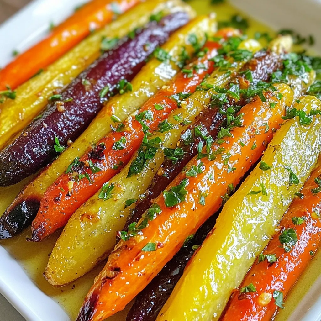 - 1 lb rainbow carrots (or regular carrots), peeled and sliced diagonally - 4 cloves garlic, minced - 3 tablespoons olive oil - 1 teaspoon dried thyme - 1 teaspoon dried rosemary The main stars of this dish are rainbow carrots. They bring color and sweetness to your table. If you can’t find rainbow carrots, regular carrots work just fine. Both types will taste great. Garlic adds a nice kick. When you mince it, it releases strong flavors that blend well during roasting. Olive oil helps the carrots brown and keeps them moist. The dried herbs, thyme and rosemary, add an earthy taste. Thyme gives a hint of mint, while rosemary adds a pine-like flavor. Together, they enhance the carrots beautifully. - 1 teaspoon honey (optional for sweetness) - Fresh parsley, chopped (for garnish) Honey is an optional ingredient. It adds a touch of sweetness that balances the savory flavors. If you prefer your carrots less sweet, you can skip it. Fresh parsley makes a great garnish. It adds a pop of green and brightens up the dish. Plus, it gives a fresh taste that pairs well with roasted carrots. - Salt and pepper to taste Salt and pepper are essential for bringing out the flavors in your carrots. They enhance every bite. Adjust the amounts to match your taste. A little salt can make a big difference! {{ingredient_image_1}} - Preheat your oven to 425°F (220°C). This helps the carrots roast perfectly. - Peel and slice the rainbow carrots diagonally. Aim for even pieces for even cooking. - In a large bowl, combine the sliced carrots, minced garlic, and olive oil. - Add dried thyme, dried rosemary, honey (if you want), salt, and pepper. Toss well until all carrots are coated. - Spread the seasoned carrots on a baking sheet lined with parchment paper. Place them in a single layer. - Roast in the oven for 25-30 minutes. Stir halfway for even cooking. Carrots should be tender and slightly caramelized. - Once done, remove the carrots from the oven and let them cool for a few minutes. - Transfer the carrots to a serving dish and sprinkle fresh parsley on top for a nice touch. To get that sweet caramelization, I suggest a few key steps. First, make sure your oven is hot enough at 425°F (220°C). This high heat helps the natural sugars in the carrots caramelize well. Second, spread the carrots in a single layer on the baking sheet. If the carrots overlap, they won’t roast evenly. Lastly, stir them halfway through cooking. This step ensures they brown nicely on all sides. You can easily adjust the flavors to suit your taste. Want more herbiness? Toss in extra thyme or rosemary. Feel free to experiment! If you like it sweet, drizzle in some honey. Just a teaspoon can enhance the carrots’ natural sweetness. Always taste your mixture before roasting. This simple step helps you find the perfect balance for your palate. Garlic Herb Roasted Rainbow Carrots pair well with many dishes. They make a great side for chicken or fish. Try serving them with grilled steak for a hearty meal. You can also add them to a grain bowl with quinoa or rice. Their bright colors and flavors will make any dish pop! Pro Tips Choose Fresh Carrots: Look for firm, vibrant carrots without any soft spots or blemishes for the best flavor and texture. Customize Your Herbs: Feel free to experiment with different herbs like oregano or basil for a unique flavor twist. Don’t Overcrowd the Pan: Make sure the carrots are in a single layer on the baking sheet to ensure even roasting and caramelization. Add a Citrus Zing: Squeeze some fresh lemon juice over the roasted carrots before serving for an extra layer of brightness. {{image_2}} You can use many types of carrots for this dish. Rainbow carrots are fun and colorful, but regular orange carrots work well too. You might try purple or yellow carrots for a twist. If you want to switch things up, you can use other root vegetables like parsnips or sweet potatoes. These veggies roast well and add sweet flavor. To make the dish even tastier, consider adding different herbs. Dill or oregano can give your carrots a new taste. You can also use fresh herbs if you have them. Citrus zest, like lemon or orange, can brighten the flavors. Just a little zest adds freshness and lifts the dish. Mix it in with the carrots before roasting for the best results. If you want a quicker method, try air frying the carrots. It gives them a nice crunch. Just toss them with oil and seasonings, then cook in the air fryer for about 15-20 minutes. You can also steam the carrots if you prefer a softer texture. Steaming keeps them tender and sweet. Whichever method you choose, your Garlic Herb Roasted Rainbow Carrots will shine. Store leftover Garlic Herb Roasted Rainbow Carrots in an airtight container. Let them cool before sealing. Place the container in the fridge. These carrots will stay fresh for about three to four days. When you want to eat them again, just take out what you need. To reheat, I suggest using the oven or a skillet. This keeps the carrots tender and crispy. Preheat your oven to 350°F (175°C). Spread the carrots on a baking sheet. Heat them for about 10 minutes. If you're using a skillet, add a small amount of olive oil. Heat on medium until warm, stirring gently. You can freeze roasted carrots, but they may lose some texture. Make sure they are completely cool. Place them in a freezer-safe bag. Remove as much air as possible before sealing. They can last for up to three months. When you want to use them, thaw in the fridge overnight before reheating. To keep your carrots crunchy, choose fresh ones. Look for firm, vibrant carrots. Avoid soft or wrinkled ones. Slicing them diagonally helps them cook evenly. Yes, you can prepare the carrots a day in advance. Just store them in the fridge after mixing. When ready to cook, spread them on the baking sheet and roast. Roasted carrots can last up to three days in the fridge. These carrots pair well with many dishes. Try them with grilled chicken or fish. They also go great with quinoa or rice. Add a fresh salad for balance and color. Roasting carrots is simple and fun. We covered all you need: ingredients, preparation, and cooking tips. Remember to mix your carrots with garlic, oil, and herbs for flavor. Adjust sweet and savory notes to your liking. With practice, you’ll perfect this dish. Explore variations, and try different vegetables and herbs. Store leftovers well to enjoy later. Each bite of those tender, tasty carrots will impress everyone. Happy cooking!