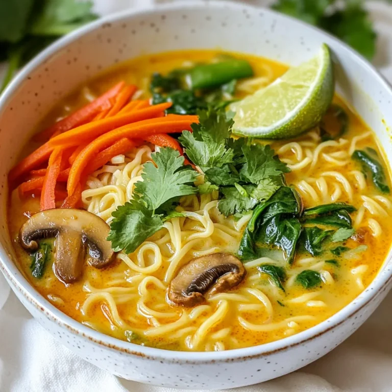 To make this delicious dish, you will need: - 4 cups vegetable broth - 1 can (13.5 oz) coconut milk - 2 tablespoons red curry paste - 1 tablespoon ginger, minced - 2 cloves garlic, minced - 1 tablespoon soy sauce - 1 tablespoon lime juice - 2 packs of instant ramen (discard seasoning packets) - 1 cup mushrooms, sliced - 1 cup baby spinach - 1 carrot, julienned - ½ red bell pepper, sliced These ingredients come together to create a rich and creamy broth. The coconut milk gives it a sweet flavor, while the red curry paste adds a nice kick. Garnishes can take your ramen to the next level. Here are some options: - Fresh cilantro, for garnish - Lime wedges, for serving - Sesame oil, for drizzling Using these garnishes adds freshness and makes the dish look appealing. You will need a few key tools to make this dish: - A large pot for cooking - A cutting board and knife for chopping veggies - A measuring cup and spoons for accuracy Having these tools ready helps you cook smoothly and enjoy the process. {{ingredient_image_1}} To start, gather all your ingredients. This will make cooking easier. You need: - 4 cups vegetable broth - 1 can (13.5 oz) coconut milk - 2 tablespoons red curry paste - 1 tablespoon ginger, minced - 2 cloves garlic, minced - 1 tablespoon soy sauce - 1 tablespoon lime juice - 2 packs of instant ramen (discard seasoning packets) - 1 cup mushrooms, sliced - 1 cup baby spinach - 1 carrot, julienned - ½ red bell pepper, sliced - Fresh cilantro, for garnish - Lime wedges, for serving - Sesame oil, for drizzling Next, prepare your veggies. Slice the mushrooms, julienne the carrot, and slice the bell pepper. This makes for a quick cooking time. Now, heat a drizzle of sesame oil in a large pot on medium heat. Add the minced garlic and ginger. Sauté these for 1-2 minutes until they smell good. Next, stir in the red curry paste. Cook this for one more minute. This helps blend the flavors well. Pour in the vegetable broth and coconut milk. Stir everything together. Bring this mix to a simmer. Once it simmers, add the soy sauce, lime juice, mushrooms, carrot, and red bell pepper. Let these cook for about 5 minutes. You want the veggies to be tender but not mushy. Now, add the ramen noodles. Cook them according to the package instructions, usually around 3-4 minutes. When the noodles are almost done, add the baby spinach. Stir it in until it wilts. This adds a nice touch of color and nutrition. After cooking, taste the broth. Adjust seasoning with more soy sauce if needed. Remove the pot from heat. To serve, ladle the ramen into bowls. Garnish with fresh cilantro and a lime wedge on the side. Enjoy your delicious coconut curry ramen! To make your coconut curry ramen pop, you can try a few tricks. First, add more ginger for a zesty kick. A bit of chili flakes can bring heat. If you like a tangy taste, use more lime juice. You can also mix in fresh herbs like basil or mint. They will add freshness to your bowl. A touch of soy sauce can deepen the flavor too. Remember, taste as you go. Adjust until it’s perfect for you. Getting the right texture for your veggies is key. Start by slicing mushrooms thinly. This helps them cook fast and soak up flavor. Cut carrots into thin strips for even cooking. If you want crunch, add veggies like bell peppers at the end. This way, they stay crisp. Spinach should go in last so it wilts perfectly. Always pay attention to the cook time for each veggie. This keeps them tender but not mushy. There are some mistakes to watch out for. One common error is overcooking the noodles. Follow the package instructions closely. Another mistake is not tasting the broth. A quick taste lets you know if it needs more seasoning. Don’t skip the lime wedge; it adds brightness. Lastly, be careful with the curry paste. Start with less if you’re unsure about the heat. You can always add more later. Enjoy your cooking journey! Pro Tips Fresh Ingredients: Use fresh vegetables and herbs to enhance the flavor and nutrition of your ramen. Customize Spice Level: Adjust the amount of red curry paste to control the spice level according to your taste. Protein Boost: Add tofu, chickpeas, or cooked shrimp for an extra protein boost in your ramen. Leftover Broth: Save any leftover broth to use as a base for soups or sauces later in the week. {{image_2}} You can add protein to your coconut curry ramen for a heartier meal. Tofu works well and soaks up flavor. Just cube firm tofu and sauté it until golden before adding it to the broth. If you prefer meat, chicken is a great choice. Cut chicken breast into bite-sized pieces and cook it in the pot before adding the broth. This way, the chicken stays juicy and adds depth to the dish. If you want a vegan option, stick with vegetables and tofu. You can use tempeh instead of tofu for a different texture. Also, make sure to check that your soy sauce is vegan. You can use coconut aminos as a soy sauce substitute for a slightly sweeter taste. This keeps the dish plant-based and delicious. For a spicy kick, add sliced chili peppers to the pot. Jalapeños or Thai bird chilies work well. You can also increase the amount of red curry paste. Start with an extra teaspoon and taste as you go. This lets you control the heat, making it perfect for your taste buds. If you like extra spice, serve with chili oil on the side as a topping. Store any leftover coconut curry ramen in an airtight container. Keep it in the fridge. It will stay fresh for three to four days. If you want to keep it longer, consider freezing it. To reheat, pour the ramen into a pot. Add a little water or broth to help it heat evenly. Warm it over medium heat. Stir often until it is hot. You can also use a microwave. Heat it in a bowl for about two minutes. Stir halfway through for even heating. You can freeze coconut curry ramen for up to two months. First, let it cool completely. Then, place it in a freezer-safe container. Leave some space for expansion. When you are ready to eat, thaw it in the fridge overnight. Reheat it on the stove or in the microwave. Enjoy your meal! You can use yellow curry paste or green curry paste. Both will change the taste a bit. If you prefer milder flavors, try using a mix of turmeric and cumin. You can also make a paste with ginger, garlic, and chili powder. This will give you a fresh twist. Yes, Coconut Curry Ramen can be healthy. It has fresh veggies like carrots and spinach. The coconut milk adds healthy fats. You can also add protein, like tofu or chicken, to make it more filling. Just watch how much salt you use from the soy sauce. Absolutely! You can use any noodles you like. Rice noodles work well and are gluten-free. Soba noodles or udon noodles are also great options. Just adjust the cooking time based on the noodles you choose. Coconut curry ramen is a fun dish with many tasty parts. You learned about key ingredients, prep steps, and cooking tips. Those tips help avoid common mistakes and keep flavors bright. You can try fun variations, like adding protein or spice. Remember to store leftovers right, so they stay good for later meals. This dish is easy to make and share with friends. Enjoy your tasty, homemade coconut curry ramen experience!