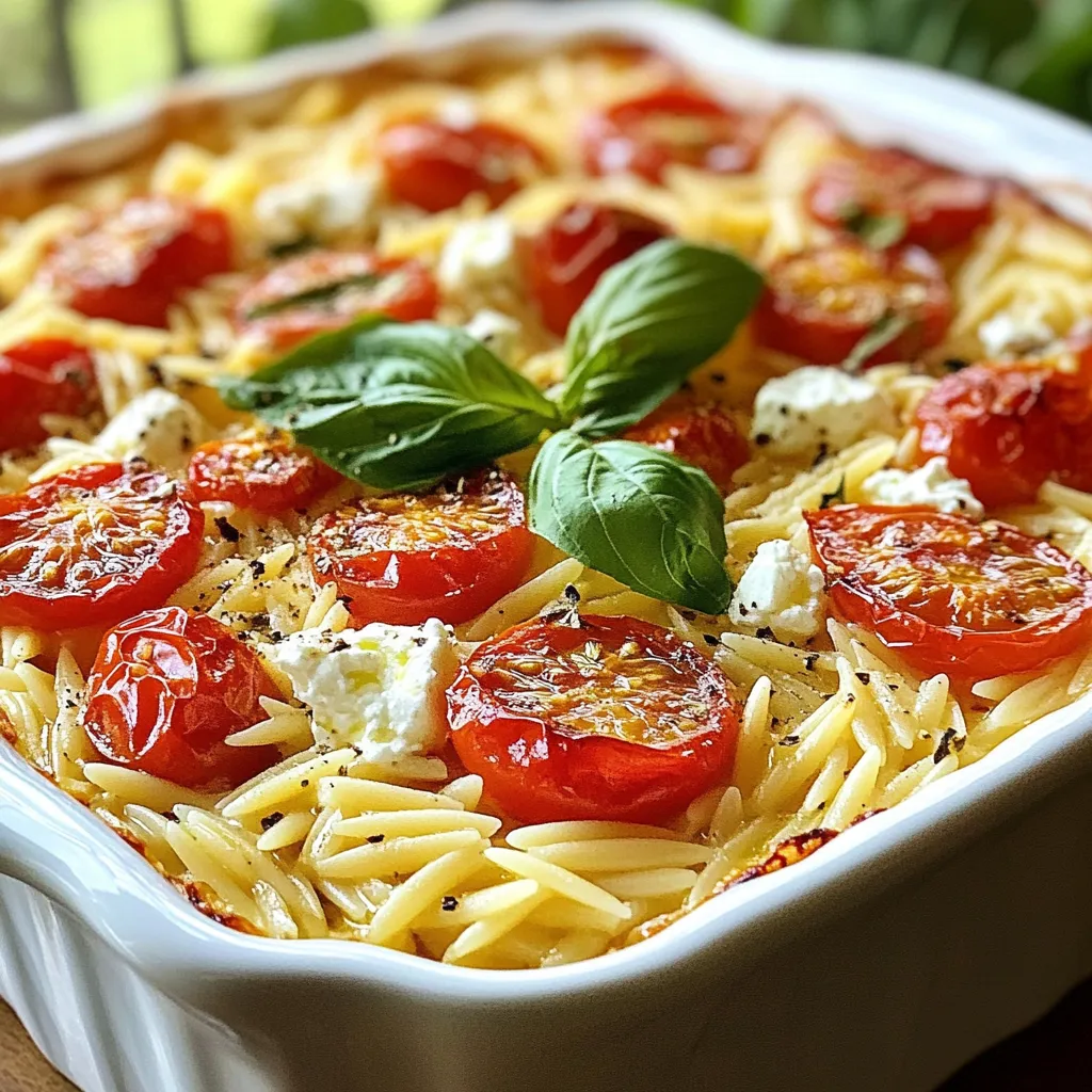 - 1 cup orzo pasta - 200g feta cheese - 1 pint cherry tomatoes, halved - 1/4 cup olive oil - 4 cloves garlic, minced - 1 teaspoon dried oregano - 1 teaspoon red pepper flakes (adjust to taste) - Salt and pepper to taste - Fresh basil leaves for garnish Orzo pasta is small and shaped like rice. It cooks quickly and soaks up flavors well. Feta cheese is salty and creamy. It adds a great tang to the dish. Cherry tomatoes burst with juice when cooked. They add sweetness and color. Olive oil brings richness and helps blend the flavors. Garlic gives a warm, fragrant touch. Dried oregano adds an herbaceous note. Red pepper flakes bring a hint of heat. This mix creates a balanced dish. When choosing orzo, pick a brand that looks fresh and has no broken pieces. For feta, find cheese that is firm and creamy. Look for a brand that uses sheep or goat milk for the best taste. Select ripe cherry tomatoes that feel plump. They should have a rich color. Use extra virgin olive oil for a stronger flavor. Fresh garlic should feel firm and smooth. Check for dried herbs that smell strong. This ensures maximum taste in your dish. {{ingredient_image_1}} First, gather your ingredients. You will need: - 1 cup orzo pasta - 200g feta cheese - 1 pint cherry tomatoes, halved - 1/4 cup olive oil - 4 cloves garlic, minced - 1 teaspoon dried oregano - 1 teaspoon red pepper flakes (adjust to taste) - Salt and pepper to taste - Fresh basil leaves for garnish Next, preheat your oven to 400°F (200°C). This step ensures even cooking. In a large baking dish, mix the halved cherry tomatoes, minced garlic, and olive oil. Season this mix with salt, pepper, oregano, and red pepper flakes. Stir it all together until combined. Make a well in the center of the tomato mix. Place the block of feta cheese right in that well. Drizzle a bit more olive oil on top of the feta. This will help it become creamy and flavorful. Bake this dish in the oven for 25 to 30 minutes. You want the tomatoes to blister and the feta to turn golden and soft. The aroma will be amazing! While the feta and tomatoes bake, cook your orzo pasta. Follow the package instructions until it's al dente. Drain the orzo and set it aside. Once the baking time is up, take the dish out of the oven. Use a fork to mash the feta into the tomatoes. Stir well until they mix together nicely. Finally, add the cooked orzo to this mixture. Stir again until everything is evenly coated. Adjust the seasoning if needed. Serve it hot, garnished with fresh basil leaves. Enjoy your delicious TikTok Feta Baked Orzo! Cook orzo for about 8 to 10 minutes. Check the package for exact times. You want it to be al dente, which means it should be firm when you bite it. This texture holds up well when mixed with the feta and tomatoes. If you overcook orzo, it can turn mushy, which is not what we want. Use fresh ingredients for the best taste. Fresh basil, ripe cherry tomatoes, and good-quality feta cheese make a big difference. Adding garlic gives a nice kick. Don’t skip the olive oil; it adds richness. Adjust the red pepper flakes to your spice level. More heat can make the dish exciting, while less keeps it mild. One mistake is not seasoning enough. Be sure to add salt and pepper to both the tomato mix and the orzo. Another error is using crumbled feta instead of a block. The block holds up better during baking. Lastly, avoid rushing the baking time. Let the tomatoes blister and the feta soften for the best results. Pro Tips Use Fresh Ingredients: Opt for fresh cherry tomatoes and high-quality feta cheese for the best flavor. Adjust the Heat: Modify the amount of red pepper flakes to suit your spice preference. Don't Skip the Basil: Fresh basil adds a fragrant touch that enhances the dish's overall taste. Perfectly Cooked Orzo: Make sure to cook the orzo just until al dente to maintain a nice texture in the final dish. {{image_2}} You can swap feta cheese with other tasty cheeses. Try goat cheese for a tangy flavor. Creamy ricotta gives a smooth texture. If you love sharpness, use aged cheddar. Just remember, each cheese brings its own unique taste. Adding veggies boosts flavor and nutrition. You can mix in spinach, zucchini, or bell peppers. For protein, consider cooked chicken, shrimp, or chickpeas. These additions make the dish more filling and colorful. Feel free to get creative with seasonal veggies! Want some heat? Add more red pepper flakes or diced jalapeños. Hot sauce is another option. This adds a kick that wakes up the flavors. Adjust the spice level to match your taste. Enjoy the extra warmth in each bite! After you enjoy your TikTok feta baked orzo, store leftovers in an airtight container. Let the dish cool to room temperature before sealing it. This helps keep the flavors fresh. You can keep it in the fridge for up to three days. If you want to keep it longer, freezing is a good option. When you’re ready to eat the leftovers, I recommend reheating in the oven. Preheat your oven to 350°F (175°C). Place the orzo in an oven-safe dish. Add a splash of olive oil or a bit of water to keep it moist. Cover it with foil and heat for about 15-20 minutes. You can also reheat in the microwave, but it might not be as tasty. Heat in short bursts, stirring in between, until warmed through. To freeze the orzo, first let it cool completely. Scoop portions into freezer-safe bags or containers. Squeeze out as much air as possible before sealing. Label the bags with the date. For best quality, eat it within three months. When you're ready to enjoy it, thaw it in the fridge overnight. Reheat it as mentioned above for a warm, comforting meal. Yes, you can use other pasta types. Penne, fusilli, or even spaghetti work well. Just adjust the cook time based on the pasta you choose. Make sure it's al dente before mixing it in. Absolutely! To make it dairy-free, skip the feta. Use a vegan cheese that's creamy. Nutritional yeast can add a cheesy flavor too. You won't miss the dairy with all the tasty ingredients. Baking the dish takes about 25 to 30 minutes. You want the tomatoes to blister and the feta to get golden. Keep an eye on it during the last few minutes for the best results. This dish pairs well with a fresh salad or crusty bread. You can also add grilled chicken or shrimp for protein. A light white wine would make a great drink choice too. Yes, you can prep it ahead of time. Assemble the dish and store it in the fridge. Just bake it when you're ready to eat. It saves time and still tastes great! We explored the key ingredients and how to choose the best ones. I shared clear steps for baking feta and mixing in orzo. You learned helpful tips to perfect your dish and avoid common mistakes. We also discussed fun variations to try and storage info for leftovers. Cooking is all about enjoying the process. With this knowledge, you can create a meal everyone will love. Get creative and have fun in the kitchen!