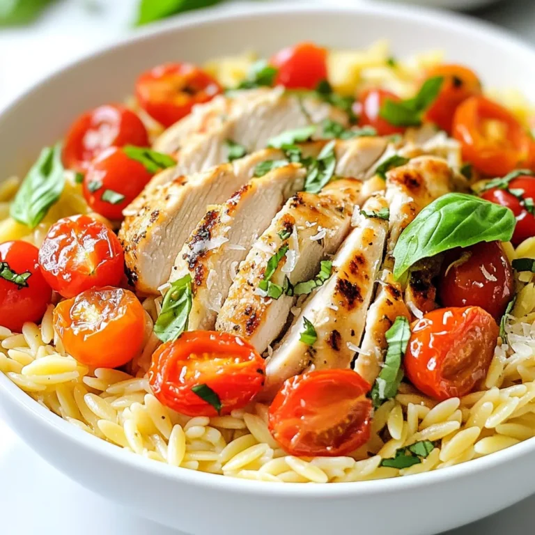 - 2 boneless, skinless chicken breasts - 1 cup orzo pasta - 2 cups cherry tomatoes, halved - 2 cups chicken broth - 1 tablespoon olive oil The main ingredients create the heart of this dish. The chicken adds protein and flavor. Orzo pasta provides a fun texture. Cherry tomatoes bring sweetness and color. Chicken broth adds depth, making everything taste rich. Olive oil gives a lovely base for cooking. - 4 cloves garlic, minced - 1 teaspoon dried Italian herbs (oregano, thyme, basil) - 1 cup fresh basil leaves, roughly chopped - 1/2 cup grated Parmesan cheese (optional) Seasonings boost flavor in this meal. Garlic gives a warm, savory taste. Dried Italian herbs add a classic touch. Fresh basil brightens the dish with freshness. Parmesan cheese adds creaminess and saltiness, making it extra special. - Skillet - Spoon for stirring - Measuring cups and spoons You'll need a few basic tools to make this dish. A skillet helps cook everything evenly. A spoon is perfect for stirring and mixing. Measuring cups and spoons ensure you add the right amounts of each ingredient. These tools make cooking simple and fun! {{ingredient_image_1}} To start, heat a large skillet over medium heat. Add 1 tablespoon of olive oil. While the skillet warms, season the 2 boneless, skinless chicken breasts with salt, pepper, and 1 teaspoon of dried Italian herbs. When the oil shimmers, place the chicken in the pan. Cook it for 5-7 minutes on each side. Look for a nice browning and ensure it’s cooked through. Once done, take it out and let it rest. Next, use the same skillet. Add 4 minced garlic cloves and sauté them for about 30 seconds. You want them fragrant but not burnt. Then, toss in 2 cups of halved cherry tomatoes. Cook these for 3-4 minutes. The tomatoes should soften and release their juices. This step adds great flavor to the dish. Now it's time for the orzo. Pour in 2 cups of chicken broth and bring it to a simmer. Once bubbling, add in 1 cup of orzo pasta. Stir well to combine everything. Cover the skillet and cook according to the package instructions, which is usually about 8-10 minutes. Make sure to check for that al dente texture. You want the orzo to have a slight bite, so avoid overcooking. After the orzo is ready, it’s time to bring it all together. Slice the rested chicken and mix it with the orzo, tomatoes, and basil. Enjoy your flavorful meal! To ensure your orzo cooks just right, keep an eye on the time. Cook it until it is al dente. This means it should be tender but still firm when you bite into it. Overcooked orzo can become mushy, ruining the dish's texture. Balancing flavors is key. Use salt and pepper to enhance the taste. The dried Italian herbs add depth. You can also taste as you cook. This way, you adjust the seasoning to your liking. Serving your Tomato Basil Chicken Orzo in shallow bowls makes it look inviting. Add extra basil leaves on top for a pop of green. If you like, sprinkle some grated Parmesan cheese for a nice finish. It adds color and flavor, making the meal more appealing. Prep time is quick! You can chop the garlic and tomatoes while the chicken cooks. This saves time and keeps everything moving. Also, measure your ingredients ahead of time. This way, you won’t waste time searching for items while cooking. Using one skillet for everything cuts down on dishwashing. Cook the chicken first, then use the same pan for the garlic and tomatoes. It builds flavor and saves time. Enjoy your meal in about 30 minutes! Pro Tips Rest the Chicken: Let the chicken rest for a few minutes after cooking. This allows the juices to redistribute, making for a more tender and flavorful bite. Use Fresh Herbs: For the best flavor, use fresh basil instead of dried. Add it at the end of cooking to retain its vibrant taste and aroma. Customize the Cheese: Feel free to experiment with different cheeses. Feta or mozzarella can also be delicious alternatives to Parmesan. Cook Orzo Perfectly: Keep an eye on the orzo while it cooks, as it can easily become mushy. Taste it a minute or two before the package suggests to ensure it’s al dente. {{image_2}} If you want to switch things up, try using turkey or shrimp instead of chicken. Both options bring a lovely taste. For orzo, quinoa or rice works well too. They add a nice texture and flavor. You can also throw in seasonal vegetables like zucchini or bell peppers. They add color and nutrients. For a gluten-free meal, use gluten-free pasta or rice. This keeps the dish safe for those with gluten sensitivities. You can also make it dairy-free by skipping the Parmesan cheese. You could use a dairy-free cheese alternative if you miss that cheesy flavor. Want to spice it up? Add red pepper flakes or smoked paprika for a kick. Fresh herbs like parsley or cilantro can also brighten the dish. A squeeze of lemon juice gives a fresh zing that complements the tomatoes. You can even add lemon zest for more flavor. These small changes can make a big difference in taste. To store leftovers, let the dish cool down first. Place it in an airtight container. This keeps the flavors fresh. I recommend using glass containers for easy reheating. They are great for tracking how much you have left. You can freeze Tomato Basil Chicken Orzo, but I suggest only freezing the orzo. The chicken can change texture when frozen. To freeze, place the cooled orzo in a freezer bag. Make sure to remove as much air as possible. To thaw, move it to the fridge overnight. Reheat it in a pot on low heat, adding a splash of broth to keep it moist. In the fridge, this dish lasts about 3-4 days. If you freeze the orzo, it can last for up to 3 months. Just remember, the fresher you eat it, the better it tastes! To make Tomato Basil Chicken Orzo in a slow cooker, follow these steps: 1. Prepare Chicken: Season the chicken breasts with salt, pepper, and dried Italian herbs. 2. Slow Cook: Place the chicken in the slow cooker. Add the halved cherry tomatoes, minced garlic, and chicken broth. 3. Add Orzo: After 3 hours on low, stir in the orzo pasta. Cover and cook for another hour. 4. Finish: Once cooked, shred the chicken. Stir in chopped basil and serve. This method keeps the chicken tender and lets the flavors blend well. Yes, you can use dried herbs in place of fresh herbs. Here’s how to substitute: - Ratio: Use about one-third of the amount of dried herbs. So, if a recipe calls for 1 cup of fresh basil, use 1/3 cup of dried basil. - Flavor: Dried herbs release flavor slowly. Add them early in the cooking process to enhance the dish. Remember, fresh herbs provide a bright flavor, while dried herbs offer a deeper, more concentrated taste. Tomato Basil Chicken Orzo pairs well with many side dishes. Consider these options: - Green Salad: A light salad with mixed greens and a lemon vinaigrette adds freshness. - Garlic Bread: Crunchy garlic bread is perfect for soaking up sauce. - Steamed Vegetables: Lightly steamed broccoli or green beans complement the meal. - Grilled Asparagus: A touch of charred flavor balances the dish nicely. These sides enhance the meal and make it even more enjoyable. This recipe for Tomato Basil Chicken Orzo brings tasty joy to your table. We covered each ingredient, from chicken to orzo, and included great tips for perfecting your dish. You learned how to cook it step-by-step and how to adapt it based on your needs. Remember, it’s all about balance and flavor. With these ideas and tricks, you’ll serve a delightful meal. Enjoy your cooking adventure and make it your own!
