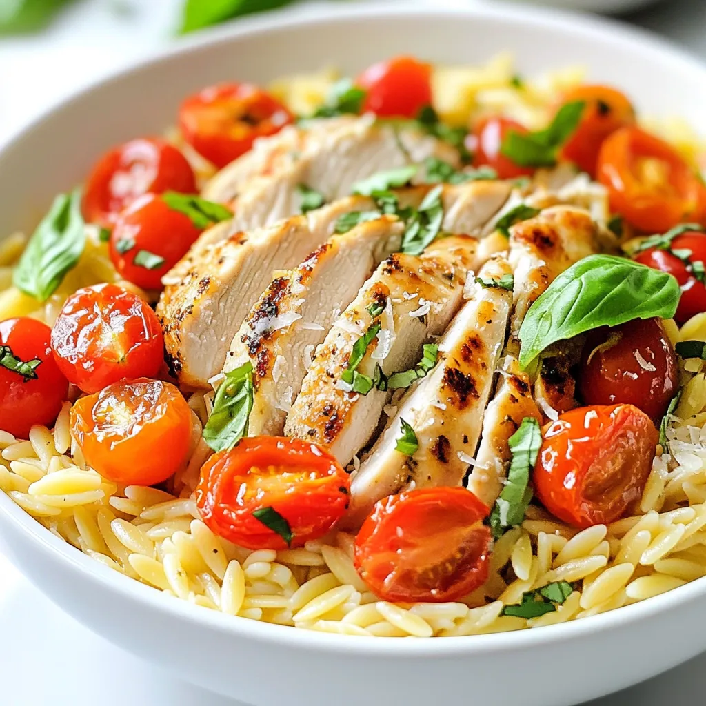 - 2 boneless, skinless chicken breasts - 1 cup orzo pasta - 2 cups cherry tomatoes, halved - 2 cups chicken broth - 1 tablespoon olive oil The main ingredients create the heart of this dish. The chicken adds protein and flavor. Orzo pasta provides a fun texture. Cherry tomatoes bring sweetness and color. Chicken broth adds depth, making everything taste rich. Olive oil gives a lovely base for cooking. - 4 cloves garlic, minced - 1 teaspoon dried Italian herbs (oregano, thyme, basil) - 1 cup fresh basil leaves, roughly chopped - 1/2 cup grated Parmesan cheese (optional) Seasonings boost flavor in this meal. Garlic gives a warm, savory taste. Dried Italian herbs add a classic touch. Fresh basil brightens the dish with freshness. Parmesan cheese adds creaminess and saltiness, making it extra special. - Skillet - Spoon for stirring - Measuring cups and spoons You'll need a few basic tools to make this dish. A skillet helps cook everything evenly. A spoon is perfect for stirring and mixing. Measuring cups and spoons ensure you add the right amounts of each ingredient. These tools make cooking simple and fun! {{ingredient_image_1}} To start, heat a large skillet over medium heat. Add 1 tablespoon of olive oil. While the skillet warms, season the 2 boneless, skinless chicken breasts with salt, pepper, and 1 teaspoon of dried Italian herbs. When the oil shimmers, place the chicken in the pan. Cook it for 5-7 minutes on each side. Look for a nice browning and ensure it’s cooked through. Once done, take it out and let it rest. Next, use the same skillet. Add 4 minced garlic cloves and sauté them for about 30 seconds. You want them fragrant but not burnt. Then, toss in 2 cups of halved cherry tomatoes. Cook these for 3-4 minutes. The tomatoes should soften and release their juices. This step adds great flavor to the dish. Now it's time for the orzo. Pour in 2 cups of chicken broth and bring it to a simmer. Once bubbling, add in 1 cup of orzo pasta. Stir well to combine everything. Cover the skillet and cook according to the package instructions, which is usually about 8-10 minutes. Make sure to check for that al dente texture. You want the orzo to have a slight bite, so avoid overcooking. After the orzo is ready, it’s time to bring it all together. Slice the rested chicken and mix it with the orzo, tomatoes, and basil. Enjoy your flavorful meal! To ensure your orzo cooks just right, keep an eye on the time. Cook it until it is al dente. This means it should be tender but still firm when you bite into it. Overcooked orzo can become mushy, ruining the dish's texture. Balancing flavors is key. Use salt and pepper to enhance the taste. The dried Italian herbs add depth. You can also taste as you cook. This way, you adjust the seasoning to your liking. Serving your Tomato Basil Chicken Orzo in shallow bowls makes it look inviting. Add extra basil leaves on top for a pop of green. If you like, sprinkle some grated Parmesan cheese for a nice finish. It adds color and flavor, making the meal more appealing. Prep time is quick! You can chop the garlic and tomatoes while the chicken cooks. This saves time and keeps everything moving. Also, measure your ingredients ahead of time. This way, you won’t waste time searching for items while cooking. Using one skillet for everything cuts down on dishwashing. Cook the chicken first, then use the same pan for the garlic and tomatoes. It builds flavor and saves time. Enjoy your meal in about 30 minutes! Pro Tips Rest the Chicken: Let the chicken rest for a few minutes after cooking. This allows the juices to redistribute, making for a more tender and flavorful bite. Use Fresh Herbs: For the best flavor, use fresh basil instead of dried. Add it at the end of cooking to retain its vibrant taste and aroma. Customize the Cheese: Feel free to experiment with different cheeses. Feta or mozzarella can also be delicious alternatives to Parmesan. Cook Orzo Perfectly: Keep an eye on the orzo while it cooks, as it can easily become mushy. Taste it a minute or two before the package suggests to ensure it’s al dente. {{image_2}} If you want to switch things up, try using turkey or shrimp instead of chicken. Both options bring a lovely taste. For orzo, quinoa or rice works well too. They add a nice texture and flavor. You can also throw in seasonal vegetables like zucchini or bell peppers. They add color and nutrients. For a gluten-free meal, use gluten-free pasta or rice. This keeps the dish safe for those with gluten sensitivities. You can also make it dairy-free by skipping the Parmesan cheese. You could use a dairy-free cheese alternative if you miss that cheesy flavor. Want to spice it up? Add red pepper flakes or smoked paprika for a kick. Fresh herbs like parsley or cilantro can also brighten the dish. A squeeze of lemon juice gives a fresh zing that complements the tomatoes. You can even add lemon zest for more flavor. These small changes can make a big difference in taste. To store leftovers, let the dish cool down first. Place it in an airtight container. This keeps the flavors fresh. I recommend using glass containers for easy reheating. They are great for tracking how much you have left. You can freeze Tomato Basil Chicken Orzo, but I suggest only freezing the orzo. The chicken can change texture when frozen. To freeze, place the cooled orzo in a freezer bag. Make sure to remove as much air as possible. To thaw, move it to the fridge overnight. Reheat it in a pot on low heat, adding a splash of broth to keep it moist. In the fridge, this dish lasts about 3-4 days. If you freeze the orzo, it can last for up to 3 months. Just remember, the fresher you eat it, the better it tastes! To make Tomato Basil Chicken Orzo in a slow cooker, follow these steps: 1. Prepare Chicken: Season the chicken breasts with salt, pepper, and dried Italian herbs. 2. Slow Cook: Place the chicken in the slow cooker. Add the halved cherry tomatoes, minced garlic, and chicken broth. 3. Add Orzo: After 3 hours on low, stir in the orzo pasta. Cover and cook for another hour. 4. Finish: Once cooked, shred the chicken. Stir in chopped basil and serve. This method keeps the chicken tender and lets the flavors blend well. Yes, you can use dried herbs in place of fresh herbs. Here’s how to substitute: - Ratio: Use about one-third of the amount of dried herbs. So, if a recipe calls for 1 cup of fresh basil, use 1/3 cup of dried basil. - Flavor: Dried herbs release flavor slowly. Add them early in the cooking process to enhance the dish. Remember, fresh herbs provide a bright flavor, while dried herbs offer a deeper, more concentrated taste. Tomato Basil Chicken Orzo pairs well with many side dishes. Consider these options: - Green Salad: A light salad with mixed greens and a lemon vinaigrette adds freshness. - Garlic Bread: Crunchy garlic bread is perfect for soaking up sauce. - Steamed Vegetables: Lightly steamed broccoli or green beans complement the meal. - Grilled Asparagus: A touch of charred flavor balances the dish nicely. These sides enhance the meal and make it even more enjoyable. This recipe for Tomato Basil Chicken Orzo brings tasty joy to your table. We covered each ingredient, from chicken to orzo, and included great tips for perfecting your dish. You learned how to cook it step-by-step and how to adapt it based on your needs. Remember, it’s all about balance and flavor. With these ideas and tricks, you’ll serve a delightful meal. Enjoy your cooking adventure and make it your own!