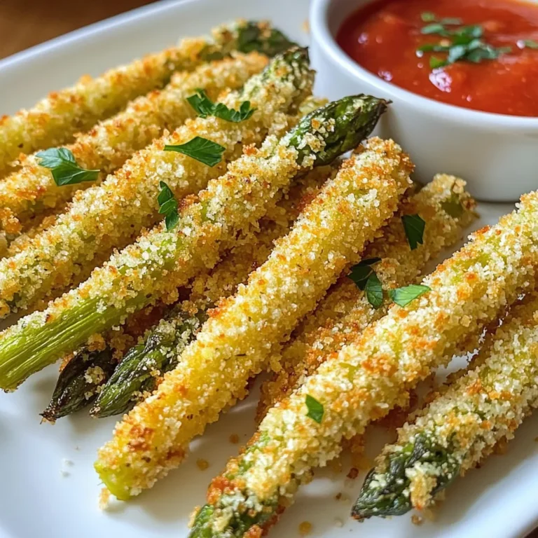 To make these tasty Parmesan crusted asparagus fries, gather the following items: - 1 lb fresh asparagus, trimmed - 1 cup breadcrumbs (Panko preferred for extra crunch) - ½ cup grated Parmesan cheese - 2 large eggs - ½ teaspoon garlic powder - ½ teaspoon onion powder - ½ teaspoon paprika - Salt and pepper to taste - Cooking spray or olive oil for drizzling You can swap out some ingredients if needed. Here are a few ideas: - Asparagus: Try zucchini or green beans for a different veggie. - Breadcrumbs: Use crushed cornflakes or almond flour for a gluten-free option. - Parmesan cheese: Grated Pecorino or nutritional yeast can work too. - Eggs: Replace with a flax egg (1 tablespoon flaxseed meal + 2.5 tablespoons water) for a vegan option. Each serving of these asparagus fries offers: - Calories: About 150 - Protein: 8 grams - Fat: 7 grams - Carbohydrates: 15 grams - Fiber: 3 grams - Sodium: Varies by salt added These fries are a great snack, packed with nutrients and flavor! {{ingredient_image_1}} First, gather all your ingredients. You need: - 1 lb fresh asparagus, trimmed - 1 cup breadcrumbs (Panko preferred for extra crunch) - ½ cup grated Parmesan cheese - 2 large eggs - ½ teaspoon garlic powder - ½ teaspoon onion powder - ½ teaspoon paprika - Salt and pepper to taste - Cooking spray or olive oil for drizzling Next, preheat your oven to 425°F (220°C). This high heat helps make the asparagus crispy. Line a baking sheet with parchment paper. It makes cleanup easy. In a shallow bowl, whisk the two eggs until they are well beaten. In another bowl, mix the breadcrumbs and Parmesan cheese. Add the garlic powder, onion powder, paprika, salt, and pepper. Stir until everything combines well. Now, take each asparagus spear. Dip it into the beaten eggs. Let any extra egg drip off. Then, roll the spear in the breadcrumb mixture. Make sure it is fully coated. Place the coated asparagus on the baking sheet. Arrange them in a single layer. Make sure they do not touch each other. This helps them crisp up nicely. Lightly spray the asparagus with cooking spray or drizzle olive oil on top. This step adds extra crunch. Bake in the oven for about 15-20 minutes. Keep an eye on them until they turn golden brown and crispy. Take them out of the oven and let them cool for a few minutes. I love serving these fries with a dipping sauce. You can use marinara or ranch dressing. To make the dish look nice, arrange the asparagus fries on a platter. Sprinkle fresh parsley on top for color. Enjoy your delicious snack! To make your asparagus fries extra crispy, use Panko breadcrumbs. They add more crunch than regular ones. Before baking, spray the fries lightly with cooking spray. This helps them brown better. You can also bake them on a wire rack. This allows air to circulate and makes them crispier. Seasoning is key for flavor. Besides salt and pepper, try adding a pinch of cayenne for heat. You can also mix in some Italian herbs like oregano or thyme. Garlic powder and onion powder are great, too. Feel free to taste the breadcrumb mix before you coat the asparagus. Adjust the spices to fit your taste. For dipping, marinara sauce is a classic choice. It complements the cheese nicely. Ranch dressing is another favorite; it adds a creamy contrast. If you want something zesty, try a homemade garlic aioli. Mix mayo, minced garlic, lemon juice, and a pinch of salt. You can even serve them with hummus for a unique twist! Pro Tips Choose the Right Asparagus: Select firm, vibrant green asparagus spears for the best flavor and texture. Thicker spears hold up better during baking. Enhance the Crunch: For extra crunch, consider adding some crushed nuts or seeds to the breadcrumb mixture. Keep It Even: Make sure the asparagus fries are spaced apart on the baking sheet to allow for even cooking and crispiness. Experiment with Spices: Feel free to mix up the spices in the breadcrumb coating. Try adding cayenne for heat or Italian seasoning for a flavor twist. {{image_2}} You can switch up the cheese for even more flavor. Try using Pecorino Romano for a sharper taste. It pairs well with asparagus. If you want a creamier touch, use mozzarella. This makes the fries gooey and delicious. You can even mix cheeses for a unique twist. Mixing cheddar adds a nice sharpness, too. Experimenting with different cheeses can change the whole dish. Spices can really boost the taste of your fries. Adding cayenne pepper gives a nice kick. You can also try Italian seasoning for a herby flavor. A bit of lemon zest can brighten the dish up. For a smoky taste, use smoked paprika instead of regular paprika. You can even sprinkle some chili powder for a spicy twist. Mixing spices lets you customize your snack to your taste. If you're looking for vegetarian options, this recipe is already friendly. You can make it vegan by using flaxseed meal instead of eggs. Mix one tablespoon of flaxseed with three tablespoons of water. Let it sit for a few minutes to thicken. This will help the breadcrumbs stick just like eggs. You can also try coating the asparagus with a bit of hummus before the breadcrumbs. This adds flavor and keeps it plant-based. To store leftover Parmesan crusted asparagus fries, let them cool first. Place them in an airtight container. Make sure to separate layers with parchment paper. This helps keep them crisp. Store in the fridge for up to three days. To reheat your asparagus fries, use an oven for best results. Preheat your oven to 375°F (190°C). Place the fries on a baking sheet. Heat for about 10-15 minutes until they are warm and crispy again. You can also use an air fryer if you have one. It works well too! If you want to freeze them, first let the fries cool completely. Lay them flat on a baking sheet and freeze for an hour. Once frozen, transfer them to a freezer bag. You can store them for up to two months. To cook from frozen, bake at 425°F (220°C) for about 20-25 minutes. Yes, you can use frozen asparagus. However, fresh asparagus gives the best taste and texture. If using frozen, thaw it first. Pat it dry to remove excess moisture. This helps the coating stick better. To make this dish gluten-free, swap regular breadcrumbs for gluten-free ones. Use gluten-free Panko for a crunchy texture. Check the Parmesan cheese label to ensure it is gluten-free. Follow the same steps as in the original recipe for a tasty treat. These asparagus fries pair well with many dips. Try marinara sauce, ranch dressing, or garlic aioli. They also complement a fresh salad or a sandwich. Serve them as a snack or a side dish at dinner. This article simplified making delicious Parmesan crusted asparagus fries. We covered ingredients, substitutions, and nutrition facts. I shared easy steps to prepare and bake, along with serving ideas. Tips helped you achieve that perfect crunch. We explored variations, including cheese choices and vegetarian options. I also provided storage methods and answered common questions. As you try these fries, remember to have fun and get creative! Enjoy your cooking!