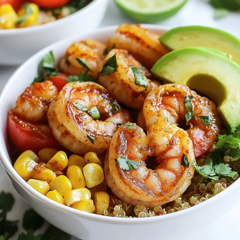 To make your Chipotle Lime Shrimp Bowl, you'll need the following items: - 1 lb large shrimp, peeled and deveined - 2 tablespoons olive oil - 1 tablespoon chipotle chili powder - 1 teaspoon garlic powder - 1 teaspoon cumin - Zest and juice of 2 limes - Salt and pepper to taste - 1 cup quinoa, rinsed - 2 cups vegetable broth - 1 cup cherry tomatoes, halved - 1 avocado, diced - 1/2 cup corn (fresh or frozen) - Fresh cilantro, chopped (for garnish) You can use either fresh or frozen shrimp for this dish. Fresh shrimp give a nice taste and texture. They often have a slight sweetness. Frozen shrimp are handy and save time. They are usually frozen right after catch, so they stay fresh. If you choose frozen shrimp, make sure to thaw them before cooking. This way, they cook evenly. You can switch up some ingredients in this recipe. If you don’t have shrimp, try chicken or tofu. They both soak up flavors well. For grains, quinoa is great, but you can use rice or couscous too. If you want more veggies, add bell peppers or zucchini. This dish is flexible, so feel free to get creative! {{ingredient_image_1}} To start, gather your ingredients. In a bowl, mix olive oil, chipotle chili powder, garlic powder, cumin, lime zest, lime juice, salt, and pepper. This blend creates a zesty kick. Add the shrimp to your bowl. Toss the shrimp to coat them well in the marinade. Let this sit for at least 15 minutes. Marinating makes the shrimp flavorful and juicy. While the shrimp marinates, it’s time to cook the quinoa. In a medium pot, pour in the vegetable broth and bring it to a boil. Once boiling, add the rinsed quinoa. Lower the heat to simmer and cover the pot. Let it cook for about 15 minutes. You want the quinoa fluffy without any liquid left. After cooking, fluff the quinoa with a fork and set it aside. Heat a skillet over medium-high heat and add a bit of olive oil. Once hot, add your marinated shrimp. Cook them for about 2-3 minutes on each side. They should turn pink and opaque. Avoid crowding the shrimp in the skillet. If needed, cook in batches for the best results. After cooking the shrimp, add cherry tomatoes and corn to the skillet. Sauté these for another 2-3 minutes until they are heated through. This step adds color and flavor to your bowl. For the best flavor, I suggest marinating the shrimp for at least 15 minutes. This short time allows the spices to soak in, but if you have more time, let it sit for up to an hour. The longer the shrimp marinate, the deeper the chipotle and lime flavors will be. To get the most flavor from your shrimp, use a hot skillet. Heat olive oil over medium-high heat before adding the shrimp. Cook them for about 2-3 minutes on each side. Look for that nice pink color, which shows they are done. Avoid crowding the pan. This helps each shrimp cook evenly and get that perfect sear. When serving your Chipotle Lime Shrimp Bowl, start with a base of fluffy quinoa. Layer on the cooked shrimp, sautéed cherry tomatoes, and corn. Add fresh diced avocado for creaminess. Finish with a sprinkle of chopped cilantro. A squeeze of lime juice adds a zesty touch. Serve in deep bowls for a beautiful presentation. Enjoy! Pro Tips Perfectly Cooked Shrimp: Avoid overcooking the shrimp by cooking them just until they turn pink and opaque. This usually takes about 2-3 minutes per side, depending on their size. Quinoa Rinsing: Always rinse quinoa before cooking to remove its natural coating, called saponin, which can make it taste bitter. Fresh Lime Juice: For the best flavor, always use fresh lime juice instead of bottled. It adds a vibrant taste that enhances the shrimp and overall dish. Customizable Bowls: Feel free to customize your bowl with other vegetables or toppings such as black beans, bell peppers, or a dollop of sour cream for added creaminess. {{image_2}} You can switch the shrimp for chicken or tofu. Chicken adds a hearty feel. Use chicken breast for a lean option. Cut the chicken into bite-sized pieces and marinate the same way. Cook it until golden. Tofu gives a plant-based twist. Firm tofu works best. Press it to remove extra moisture. Cut it into cubes and marinate. Sauté until crispy for great texture. Quinoa is great, but try other grains too. Brown rice is a filling choice. It adds a nutty flavor. White rice also works if you prefer something lighter. Couscous cooks fast and has a fluffy texture. It absorbs flavors well. Each grain adds a unique taste to your bowl. You can even mix grains for fun textures. Boost the flavor with extra spices. Add paprika or cayenne for heat. Fresh herbs like parsley or dill can brighten the dish. You can also toss in more veggies. Bell peppers or zucchini work nicely. Sauté them with the tomatoes and corn for extra color. These changes keep the bowl fresh and exciting every time you make it. To store your Chipotle Lime Shrimp Bowl, place it in an airtight container. Keep it in the fridge. It will stay fresh for up to three days. Make sure to separate the shrimp from the quinoa if you can. This helps keep the shrimp tender. When you're ready to eat the leftovers, reheat them gently. Use a skillet over low heat. This keeps the shrimp from getting tough. You can also microwave them for one to two minutes. Cover the bowl with a lid or a damp paper towel. This helps retain moisture. If you want to freeze your bowl, do it before adding avocado or tomatoes. They do not freeze well. Place the shrimp and quinoa in a freezer-safe bag. Remove as much air as you can. You can freeze it for up to three months. When ready to eat, thaw it overnight in the fridge. Then, reheat as noted above. Yes, you can use frozen shrimp. Just remember to thaw them first. Place the shrimp in cold water for about 15-20 minutes. This helps them thaw quickly and safely. After thawing, peel and devein them if needed. They will cook just as well as fresh shrimp. To add more heat, use more chipotle chili powder. You can also add diced jalapeños or hot sauce. Another option is to sprinkle some cayenne pepper on top before serving. Adjust the spice to match your taste. Remember, balance the heat with lime juice for flavor. You can serve this dish with a side of black beans or a fresh salad. Grilled vegetables also work well. For crunch, add tortilla chips or serve with warm tortillas. These sides will complement the shrimp bowl and enhance the meal. Enjoy the fresh and zesty flavors! This blog post covered tasty shrimp bowl recipes, key ingredients, and tips for success. We explored the choice between fresh and frozen shrimp, and even looked at alternatives. I shared easy steps for cooking, including marinating and preparing quinoa. Remember, you can swap proteins or grains to mix things up. Lastly, proper storage and reheating will keep your meals fresh. Use these ideas to enjoy delicious shrimp bowls at home. Try new flavors, and have fun!