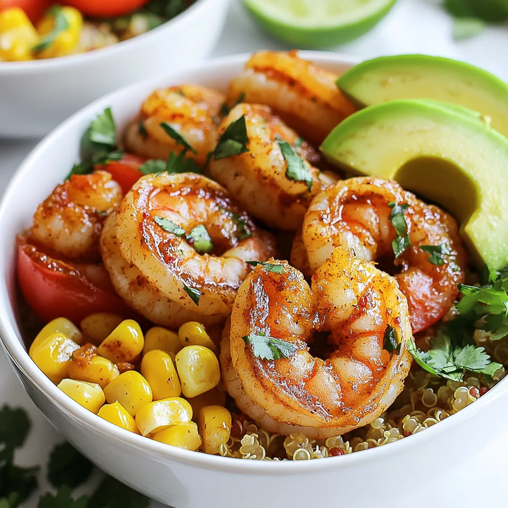To make your Chipotle Lime Shrimp Bowl, you'll need the following items: - 1 lb large shrimp, peeled and deveined - 2 tablespoons olive oil - 1 tablespoon chipotle chili powder - 1 teaspoon garlic powder - 1 teaspoon cumin - Zest and juice of 2 limes - Salt and pepper to taste - 1 cup quinoa, rinsed - 2 cups vegetable broth - 1 cup cherry tomatoes, halved - 1 avocado, diced - 1/2 cup corn (fresh or frozen) - Fresh cilantro, chopped (for garnish) You can use either fresh or frozen shrimp for this dish. Fresh shrimp give a nice taste and texture. They often have a slight sweetness. Frozen shrimp are handy and save time. They are usually frozen right after catch, so they stay fresh. If you choose frozen shrimp, make sure to thaw them before cooking. This way, they cook evenly. You can switch up some ingredients in this recipe. If you don’t have shrimp, try chicken or tofu. They both soak up flavors well. For grains, quinoa is great, but you can use rice or couscous too. If you want more veggies, add bell peppers or zucchini. This dish is flexible, so feel free to get creative! {{ingredient_image_1}} To start, gather your ingredients. In a bowl, mix olive oil, chipotle chili powder, garlic powder, cumin, lime zest, lime juice, salt, and pepper. This blend creates a zesty kick. Add the shrimp to your bowl. Toss the shrimp to coat them well in the marinade. Let this sit for at least 15 minutes. Marinating makes the shrimp flavorful and juicy. While the shrimp marinates, it’s time to cook the quinoa. In a medium pot, pour in the vegetable broth and bring it to a boil. Once boiling, add the rinsed quinoa. Lower the heat to simmer and cover the pot. Let it cook for about 15 minutes. You want the quinoa fluffy without any liquid left. After cooking, fluff the quinoa with a fork and set it aside. Heat a skillet over medium-high heat and add a bit of olive oil. Once hot, add your marinated shrimp. Cook them for about 2-3 minutes on each side. They should turn pink and opaque. Avoid crowding the shrimp in the skillet. If needed, cook in batches for the best results. After cooking the shrimp, add cherry tomatoes and corn to the skillet. Sauté these for another 2-3 minutes until they are heated through. This step adds color and flavor to your bowl. For the best flavor, I suggest marinating the shrimp for at least 15 minutes. This short time allows the spices to soak in, but if you have more time, let it sit for up to an hour. The longer the shrimp marinate, the deeper the chipotle and lime flavors will be. To get the most flavor from your shrimp, use a hot skillet. Heat olive oil over medium-high heat before adding the shrimp. Cook them for about 2-3 minutes on each side. Look for that nice pink color, which shows they are done. Avoid crowding the pan. This helps each shrimp cook evenly and get that perfect sear. When serving your Chipotle Lime Shrimp Bowl, start with a base of fluffy quinoa. Layer on the cooked shrimp, sautéed cherry tomatoes, and corn. Add fresh diced avocado for creaminess. Finish with a sprinkle of chopped cilantro. A squeeze of lime juice adds a zesty touch. Serve in deep bowls for a beautiful presentation. Enjoy! Pro Tips Perfectly Cooked Shrimp: Avoid overcooking the shrimp by cooking them just until they turn pink and opaque. This usually takes about 2-3 minutes per side, depending on their size. Quinoa Rinsing: Always rinse quinoa before cooking to remove its natural coating, called saponin, which can make it taste bitter. Fresh Lime Juice: For the best flavor, always use fresh lime juice instead of bottled. It adds a vibrant taste that enhances the shrimp and overall dish. Customizable Bowls: Feel free to customize your bowl with other vegetables or toppings such as black beans, bell peppers, or a dollop of sour cream for added creaminess. {{image_2}} You can switch the shrimp for chicken or tofu. Chicken adds a hearty feel. Use chicken breast for a lean option. Cut the chicken into bite-sized pieces and marinate the same way. Cook it until golden. Tofu gives a plant-based twist. Firm tofu works best. Press it to remove extra moisture. Cut it into cubes and marinate. Sauté until crispy for great texture. Quinoa is great, but try other grains too. Brown rice is a filling choice. It adds a nutty flavor. White rice also works if you prefer something lighter. Couscous cooks fast and has a fluffy texture. It absorbs flavors well. Each grain adds a unique taste to your bowl. You can even mix grains for fun textures. Boost the flavor with extra spices. Add paprika or cayenne for heat. Fresh herbs like parsley or dill can brighten the dish. You can also toss in more veggies. Bell peppers or zucchini work nicely. Sauté them with the tomatoes and corn for extra color. These changes keep the bowl fresh and exciting every time you make it. To store your Chipotle Lime Shrimp Bowl, place it in an airtight container. Keep it in the fridge. It will stay fresh for up to three days. Make sure to separate the shrimp from the quinoa if you can. This helps keep the shrimp tender. When you're ready to eat the leftovers, reheat them gently. Use a skillet over low heat. This keeps the shrimp from getting tough. You can also microwave them for one to two minutes. Cover the bowl with a lid or a damp paper towel. This helps retain moisture. If you want to freeze your bowl, do it before adding avocado or tomatoes. They do not freeze well. Place the shrimp and quinoa in a freezer-safe bag. Remove as much air as you can. You can freeze it for up to three months. When ready to eat, thaw it overnight in the fridge. Then, reheat as noted above. Yes, you can use frozen shrimp. Just remember to thaw them first. Place the shrimp in cold water for about 15-20 minutes. This helps them thaw quickly and safely. After thawing, peel and devein them if needed. They will cook just as well as fresh shrimp. To add more heat, use more chipotle chili powder. You can also add diced jalapeños or hot sauce. Another option is to sprinkle some cayenne pepper on top before serving. Adjust the spice to match your taste. Remember, balance the heat with lime juice for flavor. You can serve this dish with a side of black beans or a fresh salad. Grilled vegetables also work well. For crunch, add tortilla chips or serve with warm tortillas. These sides will complement the shrimp bowl and enhance the meal. Enjoy the fresh and zesty flavors! This blog post covered tasty shrimp bowl recipes, key ingredients, and tips for success. We explored the choice between fresh and frozen shrimp, and even looked at alternatives. I shared easy steps for cooking, including marinating and preparing quinoa. Remember, you can swap proteins or grains to mix things up. Lastly, proper storage and reheating will keep your meals fresh. Use these ideas to enjoy delicious shrimp bowls at home. Try new flavors, and have fun!