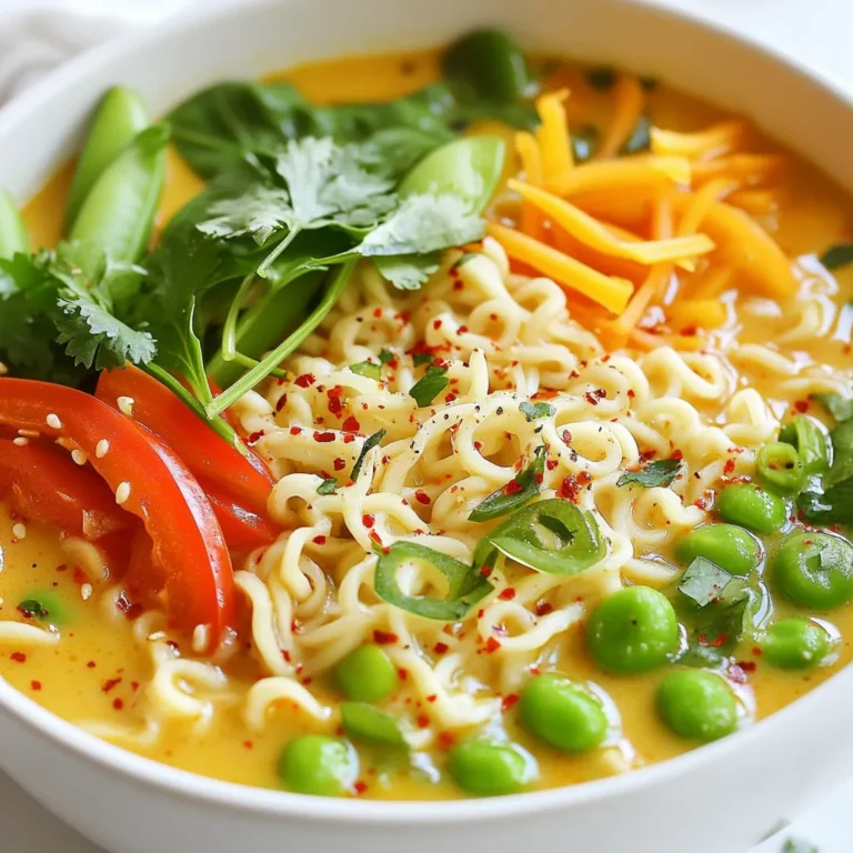To make a tasty Coconut Curry Ramen Bowl, gather these key items: - 2 packs of ramen noodles (discard the seasoning packets) - 1 can (13.5 oz) coconut milk - 2 cups vegetable broth - 2 tablespoons curry paste (red or yellow) - 1 tablespoon olive oil - 1 onion, sliced - 2 cloves garlic, minced - 1-inch piece of ginger, grated - 1 bell pepper, sliced (any color) - 1 cup snap peas or green beans - 1 carrot, julienned - 1 cup baby spinach - 2 tablespoons soy sauce (or tamari for gluten-free) - Juice of 1 lime - Fresh cilantro, for garnish - Crushed red pepper flakes (optional) These ingredients bring flavor and nutrition to your bowl. The coconut milk adds creaminess, while the curry paste gives a warm spice. Fresh veggies keep it vibrant and healthy. To make your dish even better, consider these garnishes: - Fresh cilantro - Crushed red pepper flakes - Lime wedges - Sliced green onions - Sesame seeds These garnishes add color and extra flavor. A squeeze of lime brightens each bite, and cilantro gives a fresh note. If you need to swap some items, here are great options: - Use chicken or beef broth instead of vegetable broth for more flavor. - Swap ramen noodles for rice noodles or zucchini noodles for a gluten-free dish. - Replace curry paste with curry powder for a milder taste. - Use any seasonal vegetables you have on hand, like zucchini or broccoli. These substitutions help you customize the dish to your taste. Feel free to experiment with what you have in your kitchen. {{ingredient_image_1}} 1. Start by heating the olive oil in a large pot over medium heat. 2. Add the sliced onion and sauté for about 3-4 minutes until it is soft. 3. Stir in the minced garlic and grated ginger. Cook for another 1-2 minutes until you smell the great aroma. 4. Add the curry paste to the pot. Stir well to coat the onions. Cook for 2 minutes to boost the flavor. 5. Pour in the coconut milk and vegetable broth. Stir until the curry paste mixes completely. Bring this mix to a gentle simmer. 6. Once it simmers, add the sliced bell pepper, snap peas, and julienned carrot. Cook for 5-7 minutes until the veggies are tender but still crisp. 7. In a separate pot, boil water and cook the ramen noodles as per package instructions, usually 4-5 minutes. Drain them and set aside. 8. Now, add the baby spinach to the coconut curry broth. Pour in the soy sauce and lime juice. Stir until the spinach wilts. 9. To serve, place a serving of ramen noodles in a bowl. Ladle the coconut curry and veggies over the noodles. 10. Garnish with fresh cilantro and crushed red pepper flakes if you want extra heat. - Heating the Oil: Make sure the oil is warm before adding the onion. This helps to release the onion’s sweetness. - Sautéing: Keep an eye on the onion. You want it soft, not brown. - Adding Garlic and Ginger: Stir often. Garlic burns easily, which makes it bitter. - Curry Paste: Taste as you go. You can add more or less based on your spice preference. - Cooking Veggies: Cut your veggies evenly. This helps them cook at the same rate. - Cooking Noodles: Don't forget to drain the noodles well. You don’t want a watery bowl. - Serving: Serve hot for the best taste. The flavors blend beautifully when fresh. *Consider adding photos at each step to guide you. Visual aids help you see the color and texture you should achieve.* 1. Photo of sautéed onions until soft. 2. Image showing the mix of curry paste with the onion. 3. Picture of the simmering broth with vibrant veggies. 4. Final shot of the bowl, topped with cilantro and red pepper flakes. Each image helps you understand the process better. Enjoy your cooking journey! To boost the flavors in your coconut curry ramen, start with fresh ingredients. Use ripe vegetables for more taste. Sauté the onions until soft for sweetness. Add garlic and ginger for depth. Curry paste is key here. Choose red for heat or yellow for a milder touch. Always taste as you go. Adjust with soy sauce or lime juice to balance flavors. Cooking noodles properly is vital for a great ramen bowl. Boil water in a separate pot. Follow package instructions and cook noodles for 4-5 minutes. Drain them well but keep them slightly firm. Rinse under cold water to stop cooking. This keeps them from getting mushy. Add the cooked noodles just before serving for the best texture. You can easily meal prep this dish. Cook the coconut curry base and store it separately. Cool it down before putting it in the fridge. This curry can last for up to three days. When ready to eat, reheat the curry and cook fresh noodles. This keeps the noodles from getting soggy. You’ll enjoy a fresh, warm meal without much hassle. Pro Tips Use Fresh Ingredients: Fresh vegetables and herbs will enhance the flavor of your coconut curry ramen, making it more vibrant and delicious. Choose Your Curry Paste Wisely: Depending on your heat preference, select red or yellow curry paste. Red paste is generally spicier, while yellow is milder and slightly sweeter. Customize Your Veggies: Feel free to swap in your favorite vegetables or whatever you have on hand. Broccoli, zucchini, or mushrooms would also work great! Experiment with Toppings: Add extra toppings like sliced scallions, lime wedges, or toasted sesame seeds for added flavor and texture. {{image_2}} You can boost your Coconut Curry Ramen Bowl with protein. Tofu is a great choice for a vegetarian option. Just press and cube the tofu, then pan-fry it until golden. Chicken is another tasty choice. Simply cut it into bite-sized pieces and cook it in the pot with the onions. Shrimp cooks quickly, so add it just a few minutes before serving. It should turn pink and opaque. For a vegan dish, swap the chicken and shrimp for tofu or chickpeas. Both options add protein and flavor. Use vegetable broth to keep it vegetarian. Check the curry paste too; some brands may have shrimp paste. Always read the label to ensure it's vegan-friendly. If you prefer low-carb, skip the ramen noodles. Instead, use zucchini noodles or kelp noodles. They add texture without the carbs. For a gluten-free version, choose gluten-free soy sauce or tamari. You can also find gluten-free ramen noodles made from rice or buckwheat. These swaps keep your dish flavorful and enjoyable. To keep your coconut curry ramen fresh, store it in an airtight container. Make sure it cools down first. Place the noodles and broth in separate containers. This way, the noodles won’t get soggy. Leftovers can last in the fridge for about three days. When you’re ready to eat, check for any off smells or colors. When you reheat your ramen, do it gently. Pour the broth into a pot and heat it on medium. Once warm, add the noodles. Stir everything together to ensure even heating. You can also use a microwave, but heat it in short bursts. Stir in between to avoid hot spots. Add a splash of water if it seems dry. You can freeze the coconut curry broth, but avoid freezing the noodles. The texture won’t be the same after thawing. To freeze, let the broth cool completely. Pour it into freezer-safe bags or containers. Label them with the date. It can last for up to three months in the freezer. When you’re ready to enjoy it, thaw it overnight in the fridge. Reheat as mentioned above for best results. The best ramen is fresh or dried wheat noodles. These have great texture and flavor. Instant noodles work too, but skip the seasoning packets. Fresh noodles cook fast and soak up the curry well. Dried noodles take a bit longer but are just as good. Yes, you can use different curry pastes! Red or yellow curry paste both work well. Each type adds its own unique flavor. Green curry paste could be a fun choice for a bolder taste. Adjust the amount to suit your spice level. To add heat, use more curry paste. You can also sprinkle in crushed red pepper flakes. Fresh chopped chili peppers are a great option too. Start with a little, then taste. You can always add more spice, but it's hard to take it out. Serve this dish with a fresh salad or steamed veggies. A side of spring rolls adds a nice crunch. You can also try pickled vegetables for a tangy bite. Rice or quinoa can make it more filling if you want. This blog post covered key ingredients and step-by-step instructions for making coconut curry ramen. I shared tips to enhance flavor and cooking techniques for perfect noodles. We also explored variations for different diets and effective storage methods. In closing, this dish is not only simple to make but it also allows for creativity. You can adjust it to fit your taste and needs. Enjoy making this delicious ramen!