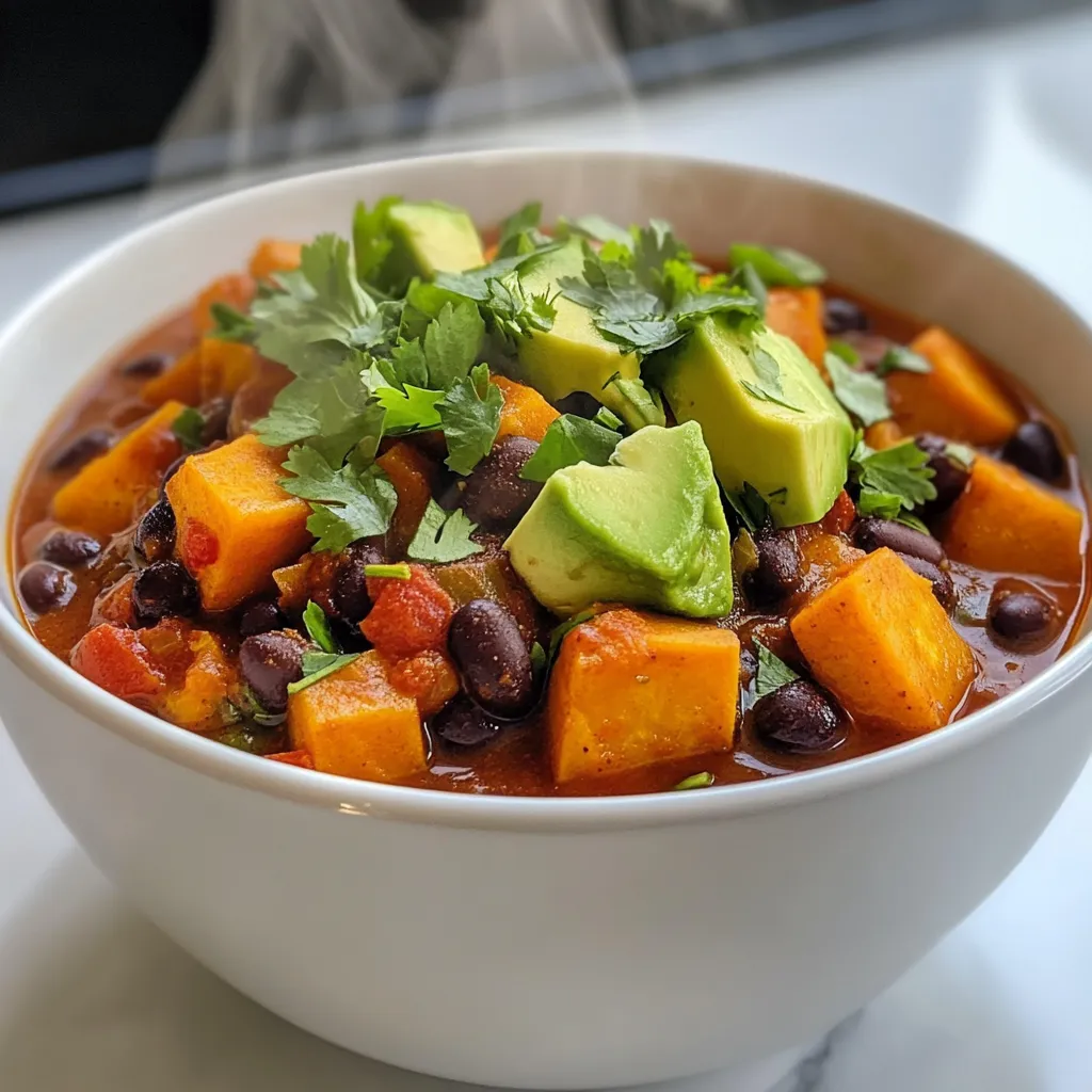 - 2 medium sweet potatoes, peeled and diced - 1 can (15 oz) black beans, drained and rinsed - 1 can (14 oz) diced tomatoes (with juice) - 1 medium onion, finely chopped - 2 cloves garlic, minced - 1 bell pepper (red or green), diced - 2 cups vegetable broth - 2 teaspoons chili powder - 1 teaspoon ground cumin - 1 teaspoon smoked paprika - Salt and pepper to taste - 2 tablespoons olive oil - Fresh cilantro, chopped (for garnish) - Avocado slices (for serving) If you want to switch things up, I have some great ideas. You can use butternut squash instead of sweet potatoes. It adds a nice touch. If black beans are not your thing, kidney beans work well too. For the diced tomatoes, you can try crushed tomatoes or even fresh tomatoes. Don't have vegetable broth? Chicken broth can be a great swap. You can also use any type of onion. Yellow, white, or even green onions can fit in perfectly. Sweet potatoes are full of vitamins and fiber. They help keep you full and provide energy. Black beans are a great source of protein. They also have fiber, which is good for digestion. Tomatoes add antioxidants and vitamins. They help with heart health. Bell peppers bring vitamin C, which boosts your immune system. Garlic may help lower blood pressure and improve heart health too. This dish is not just yummy; it is packed with good stuff! {{ingredient_image_1}} To start, gather your ingredients. You will need: - 2 medium sweet potatoes, peeled and diced - 1 can (15 oz) black beans, drained and rinsed - 1 can (14 oz) diced tomatoes (with juice) - 1 medium onion, finely chopped - 2 cloves garlic, minced - 1 bell pepper (red or green), diced - 2 cups vegetable broth - 2 teaspoons chili powder - 1 teaspoon ground cumin - 1 teaspoon smoked paprika - Salt and pepper to taste - 2 tablespoons olive oil - Fresh cilantro, chopped (for garnish) - Avocado slices (for serving) Now, peel and dice the sweet potatoes. Chop the onion and bell pepper. Mince the garlic. Rinse the black beans. These steps are simple but key to a great chili. In a large pot, heat olive oil over medium heat. Add the chopped onion, bell pepper, and minced garlic. Sauté these for about five minutes. You want the veggies to soften and smell great. Next, stir in the diced sweet potatoes, chili powder, cumin, smoked paprika, and a pinch of salt and pepper. Cook this for another five minutes. This is where the flavors get really nice. Now pour in the vegetable broth and diced tomatoes with their juice. Bring this mixture to a boil. Once it boils, reduce the heat to a simmer, cover, and cook for 20 minutes. The sweet potatoes should be tender at this point. After 20 minutes, add the drained black beans to the pot. Stir well and let it simmer for five more minutes. This will heat the beans through. Always taste your chili now. Adjust the seasoning with more salt or pepper if needed. When ready to serve, dish out the chili into bowls. Garnish each bowl with fresh cilantro and avocado slices. These toppings add color and flavor. Enjoy your hearty and healthy sweet potato black bean chili hot! To boost the flavor of your Sweet Potato Black Bean Chili, try these tips: - Add Fresh Herbs: Toss in fresh cilantro or parsley at the end. This adds a bright taste. - Use Fresh Spices: Fresh spices give more flavor. Buy whole spices and grind them at home. - Include Citrus: A squeeze of lime juice brightens the dish. It adds a nice zing. - Experiment with Heat: If you like spice, add cayenne pepper or jalapeño. This will kick it up a notch. Here are some common mistakes to watch out for: - Not Sautéing Enough: Make sure to cook the onions and peppers well. This builds a flavorful base. - Ignoring Seasoning: Don’t skip salt and pepper. Taste as you go and adjust for the best flavor. - Overcooking Sweet Potatoes: You want them tender, not mushy. Keep an eye on the cooking time. - Skipping the Garnish: Don't forget cilantro and avocado. They add flavor and look great on top. For a delightful chili experience, try these serving ideas: - Serve with Cornbread: Cornbread pairs perfectly with chili. It soaks up all the juices. - Top with Cheese: Add shredded cheese for extra creaminess. It melts beautifully. - Offer Toppings: Set out toppings like sour cream, jalapeños, or green onions. Everyone can customize their bowl. - Pair with Rice: Serving over rice makes it hearty. This adds extra texture and flavor. Pro Tips Use Fresh Ingredients: Fresh sweet potatoes and vegetables will enhance the flavor and texture of your chili. Adjust the Spice Level: If you prefer a spicier chili, add diced jalapeños or a pinch of cayenne pepper. Let it Rest: Allowing the chili to sit for a while after cooking can help the flavors meld together even better. Make it Ahead: This chili tastes even better the next day, making it a great make-ahead meal for busy weeks. {{image_2}} You can easily add protein to your sweet potato black bean chili. Try adding cooked chicken or turkey for a meaty touch. If you prefer plant-based options, use quinoa or tofu. Both choices add texture and nutrition. If you want a heartier dish, beef or pork works too. Just cook the meat before adding it to the chili pot. Adjusting the spice level can change the whole dish. If you like it hot, add chopped jalapeños or a dash of cayenne pepper. For a milder flavor, reduce the chili powder. You can also use smoked paprika for a deeper taste without extra heat. Always taste as you go to find your perfect balance. Feel free to mix in other vegetables for more depth. Corn adds sweetness and crunch. Zucchini or carrots can boost nutrition and color. You could even use spinach or kale for a healthy green twist. Just chop them small and add them when you stir in the sweet potatoes. This keeps your chili vibrant and exciting. To store your sweet potato black bean chili, let it cool first. Once cool, transfer the chili to an airtight container. Make sure to seal it tightly to keep it fresh. Store the chili in the fridge for up to five days. If you want to keep it longer, freezing is a great option. When you’re ready to enjoy your chili again, you can reheat it easily. Pour the desired amount into a pot. Heat it over medium heat, stirring often. You can also use a microwave-safe bowl. Heat it in the microwave for about 2-3 minutes. Stir halfway through to ensure even heating. Make sure it’s hot all the way through before serving. Freezing chili is simple and effective. Use freezer-safe containers or resealable bags. Leave some space at the top, as the chili will expand when frozen. Label the containers with the date. Your chili can last in the freezer for up to three months. When you’re ready to eat it, thaw it overnight in the fridge before reheating. Enjoy the flavor of your chili even after a few months! You can serve this chili with many tasty sides. I love to pair it with warm cornbread. The sweet and savory flavors match well. You can also serve it with a fresh salad. A simple green salad with lemon dressing works great. Another good choice is tortilla chips for some crunch. Sour cream or Greek yogurt adds creaminess. Avocado slices also make a nice topping. They add a rich flavor that you will enjoy. Yes, you can make this chili in a slow cooker! To do this, sauté the onion, bell pepper, and garlic first. Then, add them to your slow cooker. Next, add the sweet potatoes, black beans, tomatoes, and spices. Pour in the vegetable broth and stir. Cook it on low for 6 to 8 hours. If you are short on time, you can set it on high for 3 to 4 hours. This method allows the flavors to blend beautifully. Sweet potato black bean chili can last in the fridge for about 3 to 5 days. Make sure to store it in an airtight container. When reheating, heat it on the stove or in the microwave. Stir it well to ensure even heating. If you notice any off smells or strange colors, it’s best to throw it away. Always trust your senses! This blog post covered the key ingredients needed for a great chili, plus how to prepare, cook, and serve it. I shared tips to boost flavor and avoid mistakes. We also explored variations for protein, spice, and veggies to fit your taste. Lastly, I provided storage info and answered common questions to keep your chili fresh. With these insights, you can make a delicious chili that everyone will love. Enjoy your cooking, and remember to have fun while creating!