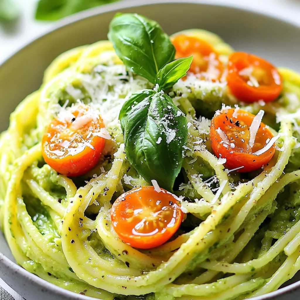 - 12 oz spaghetti or your choice of pasta - 2 ripe avocados, pitted and peeled - 2 cloves garlic, minced - 1/4 cup fresh basil leaves - 1/4 cup olive oil - 2 tablespoons lemon juice - 1/2 teaspoon red pepper flakes - 1/4 cup grated Parmesan cheese or nutritional yeast - Cherry tomatoes, halved for garnish - Extra basil leaves for garnish - Salt and pepper to taste The main ingredients for creamy avocado pasta are simple and fresh. Start with pasta, like spaghetti. I love using whole grain for added flavor. Next, grab ripe avocados. They provide creaminess and healthy fats. Don't skip the garlic; it adds a punch. Fresh basil makes the dish fragrant and bright. Olive oil brings everything together with smooth texture. Lemon juice is key. It brightens the flavor and keeps the avocados green. For optional ingredients, red pepper flakes can spice it up. Parmesan cheese adds a savory touch, but you can use nutritional yeast for a vegan option. Cherry tomatoes are not just pretty; they add sweetness and color. Extra basil leaves make for a lovely finish. Remember to season well! Salt and pepper enhance all the flavors. Enjoy the mix of fresh and creamy tastes in each bite! {{ingredient_image_1}} To start, bring a large pot of salted water to a boil. Once boiling, add 12 ounces of spaghetti or your favorite pasta. Cook until it's al dente, usually about 8 to 10 minutes, but check the package for specifics. Before draining, reserve about 1 cup of pasta water. This water is great for adjusting the sauce later. After reserving, drain the pasta and set it aside. Now, grab a food processor. Add the two ripe avocados, two minced garlic cloves, and 1/4 cup of fresh basil leaves. Pour in 1/4 cup of olive oil and 2 tablespoons of lemon juice. If you like a little heat, add 1/2 teaspoon of red pepper flakes. Blend everything until it's smooth and creamy. Taste the sauce and add salt and pepper as needed. If the sauce seems thick, use some of that reserved pasta water. Add it slowly until you reach the right texture. In a large mixing bowl, combine the cooked pasta with the avocado sauce. Toss it well to coat all the pasta. If the sauce is too thick and doesn’t cling, add more reserved pasta water. This will help the sauce stick better, making each bite delicious. To make creamy avocado pasta, you need ripe avocados. Look for avocados that yield slightly when you press them. This means they are ready to use. If your avocados are hard, place them in a brown paper bag. This helps them ripen faster. Keep the bag at room temperature for a couple of days. You can change the flavor and creaminess of your sauce easily. If you want it tangier, add more lemon juice. For a richer taste, mix in more grated Parmesan cheese. If you like some heat, sprinkle in red pepper flakes. This adds a nice kick to your dish. Remember to taste as you go! A great-looking dish makes your meal more fun. Serve your creamy avocado pasta with fresh cherry tomatoes. Their bright color pops against the green sauce. You can also add extra basil leaves on top. This gives a fresh look and aroma. Use a nice bowl to make it even more beautiful. Enjoy your colorful plate! Pro Tips Choose the Right Avocados: Make sure your avocados are ripe but not overripe. They should yield slightly to gentle pressure and have a vibrant green color for the best flavor and creaminess. Customize the Heat: Adjust the amount of red pepper flakes according to your spice preference. For a milder version, omit them altogether, or add fresh chili for extra heat. Perfect Pasta Texture: Ensure you cook the pasta al dente to maintain a good bite. The pasta will continue to cook slightly when combined with the warm avocado sauce. Freshness is Key: Use fresh basil for the best flavor. You can also experiment with other herbs like cilantro or parsley for a different twist on the sauce. {{image_2}} You can easily make this dish vegan. Just swap out the Parmesan cheese for nutritional yeast. Nutritional yeast gives a cheesy flavor without using dairy. You can also add other veggies for extra nutrition. Think about spinach, kale, or bell peppers. These veggies mix well in the sauce and add color. Want to make your pasta heartier? You can add grilled chicken or shrimp. Simply cook them separately and toss them with the pasta. For vegetarian options, try chickpeas or tofu. Both options add protein and help make the meal more filling. If you want to try something new, switch up the pasta. There are many shapes to choose from. For gluten-free options, look for pasta made from rice or quinoa. They work just as well with the avocado sauce. Other shapes like penne or fusilli can also make your meal fun and unique. To keep your creamy avocado pasta fresh, store it in the fridge. Use an airtight container. This helps keep air out and moisture in. Make sure to cool the pasta before sealing. This way, it stays tasty for longer. Creamy avocado pasta lasts about 2 to 3 days in the fridge. If you need to store it longer, consider freezing. However, freezing may change the texture. If you freeze it, use a freezer-safe container and eat it within a month. When reheating, use low heat to keep the pasta soft. A stovetop works best. Add a splash of water to help it warm up. Avoid using the microwave if you can; it can make the pasta chewy. Stir often to keep the creamy sauce smooth and tasty. Yes, you can prepare creamy avocado pasta ahead. Make the avocado sauce early and store it in the fridge. To keep it fresh, cover the sauce tightly to prevent browning. Cook the pasta just before serving. You can mix them right before you eat. This keeps the pasta al dente and the sauce creamy. Absolutely! You can add many herbs and spices. Try parsley, cilantro, or chives for a fresh twist. If you like heat, add more red pepper flakes. You can also use garlic powder or onion powder for added flavor. Customize it to fit your taste! Yes, creamy avocado pasta is quite healthy! Avocados are full of good fats, fiber, and vitamins. Olive oil adds heart-healthy fats too. Basil brings antioxidants. Using whole-grain pasta can boost fiber even more. It's a tasty way to eat well! You now know how to make creamy avocado pasta with ease. We covered key ingredients, step-by-step instructions, and tips to enhance flavor. You learned about variations and storage to keep it fresh. This dish is not only simple but also healthy and customizable. Enjoy this meal any day of the week. Your kitchen can be a place of creativity and flavor. Try different ingredients and make it your own!