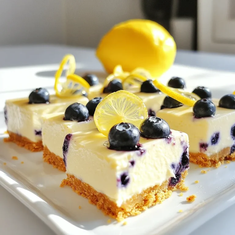 - 1 ½ cups graham cracker crumbs - ½ cup unsalted butter, melted - 2 tablespoons sugar - 16 oz cream cheese, softened - ½ cup sugar - 2 large eggs - 2 tablespoons lemon juice - Zest of 1 lemon - 1 cup fresh blueberries - ¼ cup sour cream - 1 teaspoon vanilla extract You can swap graham cracker crumbs with crushed cookies or nuts. For butter, you can use coconut oil or margarine. If you need gluten-free options, try using almond flour or gluten-free graham crackers. These changes keep the bars tasty while fitting your needs. Set your oven to 325°F (163°C). This temperature is important. It helps the cheesecake bake evenly. A low temperature prevents burning and keeps the texture smooth. In a mixing bowl, combine 1 ½ cups of graham cracker crumbs, ½ cup melted unsalted butter, and 2 tablespoons of sugar. Mix them well until everything is combined. This mixture should feel damp and hold together. Next, firmly press the crust into the bottom of a greased 9x9 inch baking pan. A firm press helps it stay together while baking. Bake for 10 minutes, then let it cool while you prepare the filling. In a large bowl, beat 16 oz of softened cream cheese with ½ cup of sugar. Use an electric mixer for best results. Mix until your cream cheese is smooth and creamy. The consistency is key for a great cheesecake. Next, add 2 large eggs, one at a time. Make sure to mix well after each egg. Then add 2 tablespoons of lemon juice, the zest of 1 lemon, ¼ cup of sour cream, and 1 teaspoon of vanilla extract. Blend until everything is smooth. Gently fold in 1 cup of fresh blueberries. Be careful not to mash the berries. Pour this filling over the pre-baked crust. Spread it evenly. Bake in the preheated oven for about 30 minutes. Look for a set center and lightly golden edges. Remove the pan and let it cool at room temperature for about 30 minutes. Then refrigerate for at least 2 hours. This chilling helps the bars firm up nicely. To make your cheesecake bars smooth, watch out for some common pitfalls. First, don't rush the mixing. Beat the cream cheese until it is very smooth. If there are lumps, your bars may not set right. Also, mix eggs one at a time. This helps them blend in well. Next, keep your ingredients at room temperature. Cold cream cheese can lead to a lumpy filling. Let it sit out for about 30 minutes before you start. This small step makes a big difference in texture. Garnishing your cheesecake bars can make them look stunning. Add thin slices of lemon on top. They add color and a touch of elegance. Fresh blueberries scattered around also look great. When serving, arrange the bars on a nice platter. You can dust them with powdered sugar for a sweet finish. For a fun twist, try adding a mint leaf on top. It adds freshness and looks pretty too. Want to take your bars up a notch? Try adding toppings like whipped cream or a drizzle of honey. These can make each bite even better. Think about what drink to serve with your bars. A cold glass of iced tea or lemonade pairs well with the tangy lemon flavor. If you prefer dessert, try serving them with a scoop of vanilla ice cream. This adds a creamy touch that complements the cheesecake. {{image_2}} You can easily switch the blueberries for other fruits. Raspberries work well. They add a nice tartness. Strawberries are another great choice. Chop them up and fold them in. You can also mix in other citrus fruits. Try using lime or orange zest for a fresh twist. Each fruit adds a unique flavor. To make this recipe vegan, swap cream cheese for a vegan version. You can use coconut cream or cashew cream. Instead of eggs, use flaxseed meal mixed with water. This mix acts as a great binder. For dairy-free sour cream, try cashew or almond yogurt. These swaps keep the cheesecake creamy and delicious. If you need a gluten-free crust, use almond flour or gluten-free graham crackers. You can also make a crust with oats. Just blend the oats until fine. Be sure to check all labels for gluten-free certification. This way, you avoid cross-contamination. Enjoy your tasty cheesecake bars without worry! To keep your Lemon Blueberry Cheesecake Bars fresh, store them in an airtight container. This will help prevent them from drying out. You can place parchment paper between layers to avoid sticking. Keep the container in the fridge. These bars last for about five days in the fridge. If you want to save some for later, freezing is a great option. First, cut the cheesecake bars into squares. Wrap each square tightly in plastic wrap. Then, place them in a freezer-safe bag or container. They can last for up to three months in the freezer. When you’re ready to enjoy them, take the bars out and place them in the fridge for a few hours to thaw. You can also leave them at room temperature for about 30 minutes. This way, they regain that creamy texture you love. Lemon blueberry cheesecake bars can last up to five days when stored in the fridge. Make sure to keep them in an airtight container. This helps them stay fresh and tasty. If you want to keep them longer, you can freeze them. They will last for up to three months in the freezer. Just remember to wrap them well. Yes, you can use frozen blueberries. Just be aware that they may release more juice. This can make the cheesecake bars slightly wetter. If you choose frozen, do not thaw them first. Add them straight from the freezer. This keeps them from breaking down too much. You can make the crust ahead of time. Just prepare it and store it in the fridge for up to two days. This saves time on baking day. When you are ready to bake, press it into the pan and pour on the filling. To cut cheesecake bars neatly, use a sharp knife. Dip the knife in hot water before cutting. Wipe it dry after each cut. This keeps the edges clean and smooth. For best results, cut them while they are chilled. You can tell the cheesecake is done when the edges are golden. The center should be set but still have a slight jiggle. This means it will firm up as it cools. Avoid overbaking to keep the texture creamy and smooth. In this blog post, we explored how to make delicious Lemon Blueberry Cheesecake Bars. We covered the key ingredients, how to measure and substitute, and detailed step-by-step instructions. You learned tips for perfect texture and presentation, along with variations like vegan and gluten-free options. Baking is fun and rewarding. With these clear steps, you can enjoy tasty treats all year. Try different fruits or flavors to make these bars your own. Enjoy your baking journey!