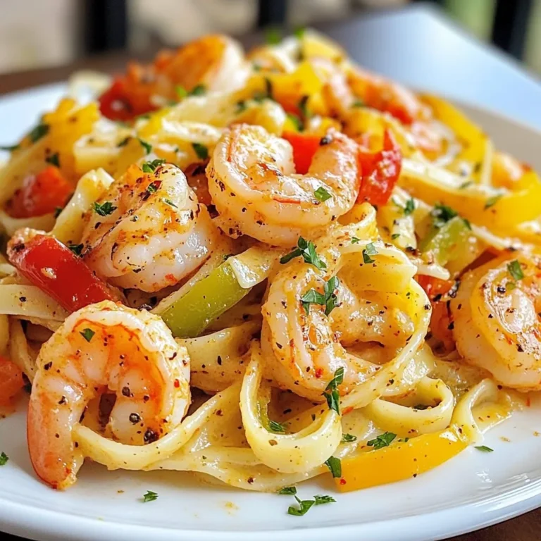 - 8 oz fettuccine pasta - 1 lb shrimp, peeled and deveined - 2 tablespoons olive oil - 1 onion, finely chopped - 3 cloves garlic, minced - 1 red bell pepper, diced - 1 green bell pepper, diced - 1 cup heavy cream - 1 cup grated Parmesan cheese - 2 teaspoons Cajun seasoning - Salt and pepper to taste To create a rich, creamy Cajun shrimp pasta, you need these core ingredients. The fettuccine serves as the perfect base. Shrimp adds protein and a sweet flavor. Olive oil helps cook the shrimp and veggies. Onions and garlic add depth to the dish. Red and green bell peppers bring color and crunch. Heavy cream makes the sauce rich. Parmesan cheese gives it a savory kick. Cajun seasoning adds a warm, spicy touch. Salt and pepper balance the flavors. - Additional spices and herbs - Garnishes such as fresh parsley For those who want to elevate the dish, consider adding more spices like paprika or cayenne for heat. Fresh herbs like thyme or basil can add a nice touch. A sprinkle of fresh parsley not only enhances flavor but also adds a pop of color to your plate. - Calories: About 600 per serving - Protein: 30g - Carbs: 50g This creamy Cajun shrimp pasta packs a hearty punch. The shrimp provides a good source of protein. The heavy cream and cheese contribute healthy fats. Fettuccine adds carbohydrates for energy. By using fresh ingredients, you also get vitamins and minerals. Eating this dish can be a treat while still being nutritious. {{ingredient_image_1}} To cook fettuccine, start with a large pot. Fill it with water and add salt. Bring the water to a boil. Once boiling, add the fettuccine. Stir it gently to prevent sticking. Cook according to the package instructions until al dente, which usually takes about 8-10 minutes. Al dente means the pasta is firm to the bite, not soft. Drain the pasta and save about 1 cup of the pasta water. This water helps adjust the sauce later. For perfectly cooked shrimp, use a large skillet. Heat 2 tablespoons of olive oil over medium heat. Add the shrimp that is peeled and deveined. Season them with salt, pepper, and Cajun seasoning. Cook the shrimp for 3-4 minutes. They will turn pink and opaque when done. Avoid overcooking, or they will become rubbery. Once cooked, remove the shrimp from the skillet and set aside. In the same skillet, add the chopped onion. Cook it for about 3 minutes until it turns translucent. Then, add minced garlic, diced red bell pepper, and green bell pepper. Sauté these for around 5 minutes until the peppers are soft. Next, lower the heat and pour in 1 cup of heavy cream. Stir it well and let it simmer for 2-3 minutes. Gradually add 1 cup of grated Parmesan cheese. Stir until the cheese melts and the sauce is smooth. Now, bring back the cooked shrimp to the skillet. Stir in the remaining Cajun seasoning. If the sauce is too thick, slowly add the reserved pasta water. Mix well until you reach the desired consistency. Then, add the cooked fettuccine to the skillet. Toss everything together until the pasta is well coated with the creamy sauce. Season with more salt and pepper if needed. Serve the pasta in bowls and garnish with fresh parsley. This adds a nice touch of color. To cook shrimp well, avoid overcooking. Shrimp cooks fast, taking only 3-4 minutes. When they turn pink, they’re done. Remove them from heat right away. This keeps them tender and juicy. For the cream sauce, you want it just right. If it’s too thick, add the reserved pasta water. Start with a little and stir. Keep adding until it’s silky smooth. The sauce should coat the pasta nicely, not drown it. To amp up the Cajun flavor, consider adding more spices. A dash of smoked paprika can bring depth. You can also try cayenne for extra heat. If you want a different twist, add a splash of lemon juice. It brightens up the dish beautifully. For a healthier version, swap the heavy cream for Greek yogurt. You still get creaminess, but with less fat. You can also use whole grain pasta for added fiber. Garnishing makes your dish pop. Use fresh parsley for color and freshness. You can also add grated Parmesan on top. This adds a nice touch and boosts flavor. For a complete meal, serve the pasta with a simple salad. A green salad with a light vinaigrette pairs well. You can also serve warm bread on the side. This makes the meal feel more special. Pro Tips Fresh Shrimp: Always use fresh or properly thawed shrimp for the best flavor and texture. Adjust the Spice: Taste the sauce as you go and adjust the Cajun seasoning to your preferred spice level. Pasta Water Magic: Reserve pasta water to adjust the sauce consistency; it adds flavor and helps bind the sauce to the pasta. Garnish Wisely: Use freshly chopped parsley for garnish to add freshness and a burst of color to your dish. {{image_2}} You can add a variety of vegetables to your Cajun shrimp pasta. Consider using zucchini, spinach, or cherry tomatoes for extra flavor and nutrition. Each of these vegetables brings a unique taste and texture. You can also use seasonal produce like asparagus or corn. These vegetables not only add color but also enhance the dish's freshness. When you shop for veggies, choose what looks best at the market. Fresh ingredients can make your meal more vibrant. If shrimp is not your choice, you have great options. Chicken or scallops work well in this dish. For a plant-based option, try using firm tofu or chickpeas. Both can soak up the flavors of the sauce. If you want seafood, consider using crab or lobster. These can elevate your pasta and impress your guests. Each protein brings its own taste, so feel free to mix and match. Fettuccine is great, but you can try other pasta types too. Gluten-free pasta or whole grain options are tasty and healthy alternatives. Different shapes can change your dish’s feel. For instance, penne or rigatoni can hold more sauce. This makes every bite flavorful. Explore your local store for unique shapes and sizes to make your dish exciting. To store leftover creamy Cajun shrimp pasta, place it in an airtight container. Make sure the pasta cools down first. This helps keep the texture nice. You can store it in the fridge for up to three days. If you want to keep it longer, freeze it. Pasta can last up to two months in the freezer. Just remember to label the container with the date. Reheating creamy pasta can be tricky. The best method is to use a skillet. Add a splash of milk or cream to help the sauce stay smooth. Heat it over low heat, stirring gently. You can also use the microwave, but heat it in short bursts. Stir in between to avoid hot spots. Always check the sauce consistency. If it’s too thick, add a little more milk or cream. Enjoy your flavorful dish just like when it was fresh! Yes, you can make this dish ahead of time. Cook the pasta and shrimp, then store them separately. Keep the creamy sauce in an airtight container. Store everything in the fridge for up to two days. When you’re ready to eat, reheat the sauce on low heat. Add a splash of pasta water to bring back the creaminess. Combine the pasta and shrimp just before serving. This keeps everything fresh and tasty. If you want a lighter version, you can use whole milk or half-and-half. You can also try coconut milk for a dairy-free option. For a rich flavor, blend silken tofu with a bit of water. This gives you a creamy texture without the calories. Each option works well but will change the flavor slightly. Adjust seasoning to match your choice. The spice level comes from the Cajun seasoning. It brings a warm heat, but it’s not overpowering. If you’re sensitive to spice, use less seasoning. You can also mix in some cream to tone it down. For those who love heat, add more Cajun seasoning or a dash of hot sauce. It’s all about your taste preference. Yes, feel free to mix in other seafood! Scallops, crab, or even lobster can enhance the dish. Cook them just like the shrimp for a tasty blend. Make sure to adjust the cooking times based on the seafood you choose. This way, everything cooks evenly and tastes great. In this post, we explored how to make Cajun shrimp pasta from start to finish. We covered the key ingredients, instructions for cooking, and ways to enhance flavor. Nutrition details let you see the benefits of each ingredient. When you try this dish, remember to experiment with flavors and variations. Tailor it to your taste and enjoy every bite! That’s how great meals are made. Happy cooking!