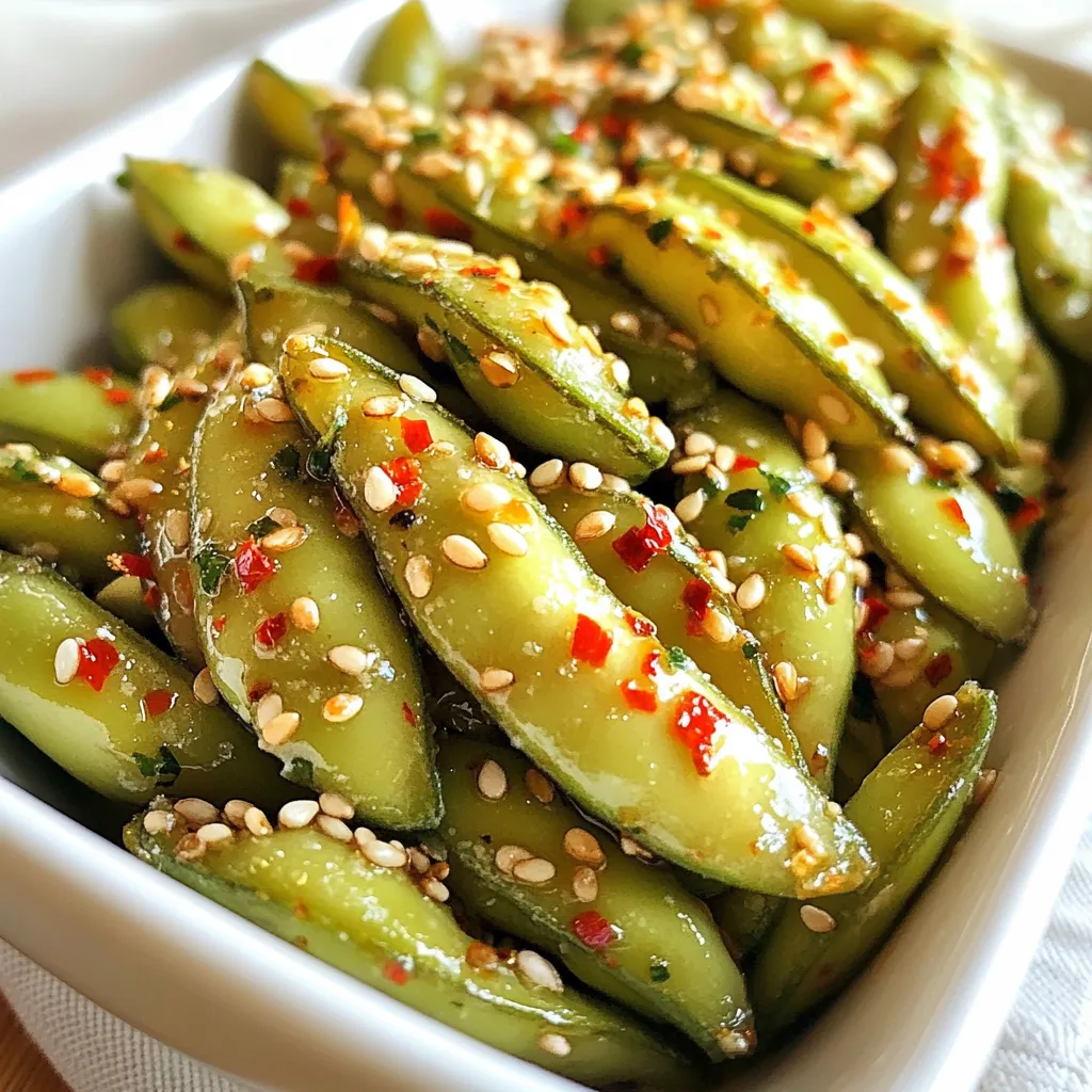 To make Spicy Garlic Edamame, you need the following: - 2 cups edamame (in pods) - 3 tablespoons olive oil - 5 cloves garlic, minced - 1 teaspoon red pepper flakes - 2 tablespoons soy sauce - 1 tablespoon sesame oil - 1 tablespoon lemon juice - 1 teaspoon sesame seeds for garnish - Salt to taste The main flavors in this dish come from garlic and red pepper flakes. Garlic gives a rich, savory taste. Red pepper flakes add heat and spice. The soy sauce brings umami, while sesame oil adds a nutty hint. Lemon juice brightens the dish and balances the flavors. You’ll also find a touch of salt to enhance everything. If you run out of ingredients, here are some easy swaps: - Edamame: You can use green peas or snap peas. - Olive Oil: Use vegetable oil or avocado oil instead. - Soy Sauce: Try tamari for a gluten-free option. - Sesame Oil: Peanut oil can work well in a pinch. - Red Pepper Flakes: Use sriracha for a different spice kick. - Lemon Juice: Lime juice can give a nice twist. These alternatives keep the dish tasty while fitting your needs. {{ingredient_image_1}} To start, bring a pot of water to a boil. Add 2 cups of edamame pods. Boil them for 4-5 minutes. You want them tender but not mushy. Once done, drain the pods and set them aside. This step makes sure the edamame is cooked just right for your dish. Now, grab a large skillet and heat 3 tablespoons of olive oil over medium heat. Add 5 cloves of minced garlic and 1 teaspoon of red pepper flakes. Sauté this mix for 1-2 minutes. You want the garlic to smell great but not brown. The heat brings out the flavor in the garlic and adds a nice kick from the red pepper flakes. Next, add the cooked edamame pods to the skillet. Toss them well in the spicy garlic oil. This helps to coat each pod. Then, drizzle in 2 tablespoons of soy sauce and 1 tablespoon of sesame oil. Stir everything together for about 2 minutes. This allows the flavors to blend nicely. Finally, remove the skillet from the heat and add 1 tablespoon of lemon juice. Toss the edamame again and season with salt to taste. Transfer them to a serving bowl and sprinkle with 1 teaspoon of sesame seeds for a nice crunch. Enjoy your spicy garlic edamame! To cook edamame well, start with fresh pods. Bring a pot of water to a boil. Add the pods and boil for 4-5 minutes. They should be tender but still firm. Drain them and set aside. This process keeps the beans bright green and tasty. If you like heat, add more red pepper flakes. Start with 1 teaspoon. You can always add more, but you can't take it away. Taste as you cook. This way, you find the right spice level for you. If you prefer less heat, reduce the flakes or skip them. Serve your spicy garlic edamame in a nice bowl. Sprinkle sesame seeds on top for crunch. You can also pair it with a dipping sauce like soy sauce. Consider serving it with drinks or as part of a larger meal. This dish is great for sharing with friends! Pro Tips Fresh Garlic is Key: Using fresh garlic instead of pre-minced will provide a more robust flavor to your edamame. Adjust Spice Level: Feel free to vary the amount of red pepper flakes based on your heat preference; start with less if uncertain. Perfectly Cooked Edamame: Ensure not to overcook the edamame; they should be tender yet still have a slight bite to them. Serving Suggestions: This dish pairs well with rice or can be served as a snack on its own; consider adding a squeeze of lime for extra brightness. {{image_2}} You can mix up the flavor of your spicy garlic edamame. Try adding citrus zest for a bright kick. Lime or orange zest adds freshness. You can also swap the red pepper flakes for sriracha for more heat. If you love herbs, fresh cilantro or basil can add a unique twist. For extra umami, try adding miso paste. It gives a deep, savory flavor that pairs well. This recipe is naturally vegan and gluten-free. All ingredients are plant-based and do not contain gluten. To keep it gluten-free, ensure your soy sauce is labeled as gluten-free. Tamari is a great alternative if needed. This way, everyone can enjoy the dish without worry. Serve your spicy garlic edamame in fun ways. Try using small bowls or ramekins for individual servings. You can also pair them with rice or noodles for a complete meal. They make a great side dish for grilled meats or fish. For a fun twist, serve them in lettuce cups for a crunchy wrap. Don’t forget to sprinkle on extra sesame seeds for a nice touch! After enjoying your spicy garlic edamame, you may have some left. Store the leftover edamame in an airtight container. This keeps them fresh and tasty. Place the container in the fridge. They will stay good for about 3 days. Make sure they cool down before sealing. To reheat the edamame, use a skillet on low heat. Add a splash of olive oil if needed. Stir them gently until warm. This helps keep them flavorful and soft. You can also microwave them. Place the edamame in a bowl and cover it. Heat for 30 seconds at a time until warm. If you want to keep edamame for a longer time, freezing is a great option. First, let the cooked edamame cool completely. Then, place them in a freezer bag. Squeeze out all the air before sealing. They can last up to 3 months in the freezer. When ready to eat, thaw them in the fridge overnight. Reheat as mentioned earlier for the best taste. Edamame are young soybeans in pods. They are green, tender, and packed with protein. You usually find them steamed or boiled. They make a great snack or appetizer. Edamame is popular in Japanese cuisine. It’s not just tasty; it’s also fun to eat! Yes, you can use frozen edamame. They are convenient and easy to find. Just cook them as you would fresh ones. Boil them for about 4-5 minutes. This way, you get the same great taste and texture. Leftovers can last 3 to 4 days in the fridge. Store them in an airtight container. Reheat them in the microwave or on the stove. They may lose some crunch but will still taste good. Yes, this recipe is healthy. Edamame is a good source of protein and fiber. Olive oil and garlic add healthy fats and flavor. The dish is low in carbs and high in nutrients. It’s a great option for a light snack or appetizer. Spicy garlic edamame pairs well with many dishes. Try it with sushi, rice bowls, or grilled meats. It also complements salads and stir-fries. The spicy and savory flavors enhance any meal. Enjoy it as a side or a snack at gatherings! In this guide, we explored how to make spicy garlic edamame. We looked at key ingredients, essential cooking steps, and ways to adjust flavors. I shared tips for perfect edamame and fun variations to try. Remember to store leftovers properly to keep them fresh. This dish is not only tasty but also versatile. Use these tips to make your edamame unique. Enjoy cooking and experimenting with flavors!