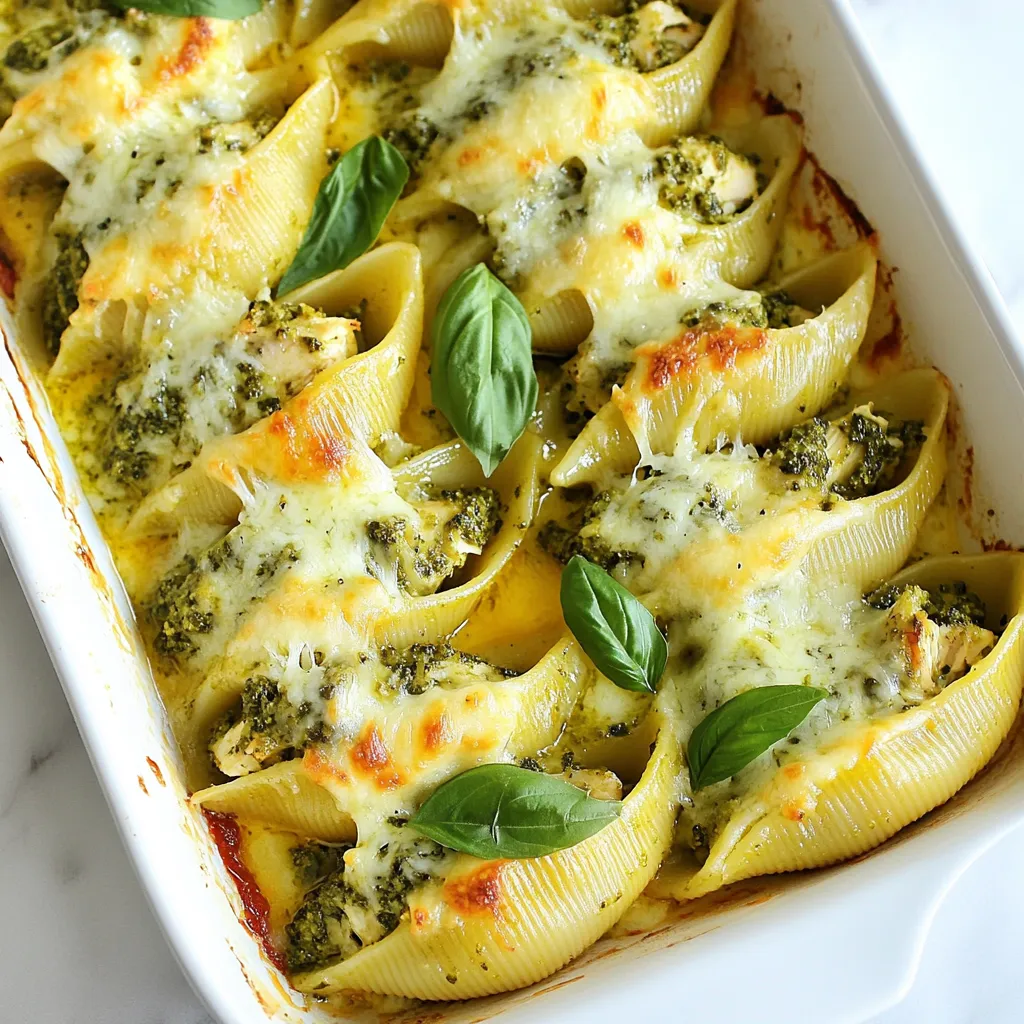 - 12 large jumbo pasta shells - 1 cup cooked chicken, shredded - 1/2 cup homemade or store-bought pesto - 1 cup ricotta cheese - 1 cup shredded mozzarella cheese, divided - 1/4 cup grated Parmesan cheese - 1 cup marinara sauce - 1 teaspoon garlic powder - Salt and pepper to taste - Fresh basil leaves for garnish For pesto, I love using brands like Barilla or Classico. They offer great flavor. For marinara sauce, Rao's Homemade is a top pick. It has a rich taste and is easy to find. Use whole milk ricotta for a creamier texture. For mozzarella, fresh is best, but shredded works too. You can find good Parmesan from brands like BelGioioso. Always check for fresh basil at your local market for the best garnish. - Jumbo pasta shells: 210 calories per serving (4 shells) - Cooked chicken: 165 calories per cup - Pesto: 300 calories per 1/2 cup - Ricotta cheese: 300 calories per cup - Shredded mozzarella cheese: 80 calories per 1/4 cup - Grated Parmesan cheese: 110 calories per 1/4 cup - Marinara sauce: 70 calories per cup - Garlic powder: negligible calories - Salt and pepper: negligible calories - Fresh basil: negligible calories Each ingredient adds flavor and nutrition to the dish. Adjust portions to fit your dietary needs. Enjoy this meal packed with protein and flavor! {{ingredient_image_1}} Making pesto chicken stuffed shells is simple. You start by cooking pasta. Then, you mix the filling and stuff the shells. Finally, you bake them in a tasty sauce. This dish is fun and perfect for dinner. 1. Preheat the oven to 375°F (190°C). This step helps cook the dish evenly. 2. Cook the jumbo pasta shells according to the package. Keep them al dente, so they don’t get mushy. Drain the shells and set them aside. 3. Mix the filling in a bowl. Combine shredded chicken, pesto, ricotta cheese, half the mozzarella cheese, garlic powder, salt, and pepper. Stir until everything blends well. 4. Spread marinara sauce on the bottom of a 9x13 inch baking dish. This sauce adds flavor and keeps the shells moist. 5. Stuff each shell with the chicken and pesto mixture. Use a spoon to fill them carefully. Place the stuffed shells in the baking dish. 6. Pour the rest of the marinara sauce over the stuffed shells. Make sure to cover them well. Then, sprinkle the remaining mozzarella and Parmesan cheese on top. 7. Cover with foil and bake for 25 minutes. This keeps the moisture in. After 25 minutes, remove the foil. Bake for another 10-15 minutes until the cheese is bubbly and golden. 8. Let it cool for a few minutes after baking. This helps prevent burns when serving. 9. Garnish with fresh basil leaves for color and freshness. This adds a nice touch to your dish. - Preheating the oven takes about 10 minutes. - Cooking the pasta should take around 10 minutes. - Mixing the filling takes about 5 minutes. - Spreading the sauce and stuffing the shells can take 15 minutes. - Baking the dish totals around 35-40 minutes. The total time for this meal is about 50 minutes. Enjoy your cooking! To make the best pesto chicken stuffed shells, cook the pasta just right. Make sure to follow the package instructions for al dente. This keeps the shells firm and easy to stuff. Mix your filling well. Blend the chicken, pesto, ricotta, and spices until smooth. This mix should taste fresh and balanced. Don't overstuff the shells. A little goes a long way. Leave space for the cheese to melt. One common mistake is cooking the pasta too soft. This makes the shells hard to handle. Another error is skimping on the sauce. Generous sauce keeps the shells moist. Don't forget to cover the dish with foil while baking. This helps the cheese melt evenly and prevents burning. Lastly, let the dish cool for a few minutes before serving. This helps the flavors meld and makes it easier to eat. Serve your stuffed shells with a fresh salad. A simple green salad adds a nice crunch. Pair it with garlic bread for a classic touch. You can also use a light white wine, like Pinot Grigio. For a fun twist, top the shells with extra basil or pine nuts. This adds freshness and crunch. Enjoy your meal with family or friends for a cozy dinner. Pro Tips Use Fresh Pesto: If you have the time, making your own pesto from fresh basil will elevate the flavors of your stuffed shells significantly. Mix Up the Cheeses: For a creamier texture, try blending in some mascarpone cheese with the ricotta. Customize the Filling: Feel free to add in your favorite veggies, like spinach or sun-dried tomatoes, to the chicken and pesto mixture for added nutrition and flavor. Make Ahead: You can prepare the stuffed shells in advance and store them in the fridge for a day or two. Just add a few extra minutes to the baking time if they go into the oven cold. {{image_2}} You can make this dish vegetarian by swapping the chicken for veggies. Try using spinach, mushrooms, or zucchini. You can also add some artichoke hearts for extra flavor. For a vegan version, replace the ricotta with a mix of tofu and nutritional yeast. This gives a creamy texture and cheesy flavor without dairy. Use a vegan pesto and skip the cheese or use vegan cheese alternatives. Consider changing the filling to match your taste. You can use ground turkey or beef instead of chicken. For a Mediterranean twist, add feta cheese and sun-dried tomatoes. If you want a spicy kick, mix in some jalapeños or red pepper flakes. For sauces, marinara is classic, but you can try Alfredo or a creamy pesto sauce for a different taste. While jumbo shells are great, you can use other pasta shapes too. Try manicotti for a similar stuffed experience. Conchiglioni, which are large shells, work well too. If you prefer a lighter option, use zucchini noodles as a fun twist. These variations keep the dish fresh and exciting every time you make it! To store leftover Pesto Chicken Stuffed Shells, place them in an airtight container. Make sure the shells cool down before sealing. This keeps them fresh for up to three days in the fridge. If you want to save them longer, freezing is a great option. To freeze the stuffed shells, prepare them up to the baking step. After stuffing, lay them in a single layer in a dish. Cover with plastic wrap and then foil to prevent freezer burn. You can freeze them for up to three months. When you're ready to bake, thaw them in the fridge overnight before cooking. For reheating, preheat your oven to 350°F (175°C). Place the stuffed shells in a baking dish. Add a splash of marinara sauce to keep them moist. Cover with foil and heat for about 20-25 minutes. Remove the foil in the last few minutes to crisp the cheese on top. Enjoy your delicious meal as if it was freshly cooked! Yes, you can make these stuffed shells ahead of time. Prepare the dish as instructed, but do not bake it yet. Cover it tightly with plastic wrap or foil and store it in the fridge. You can bake it the next day or even later. Just add a few extra minutes to the baking time if it's cold from the fridge. If you don't have ricotta cheese, try cottage cheese or cream cheese. You can also use Greek yogurt for a lighter option. Just make sure to blend it well to keep the texture smooth. Each option will add a unique flavor to your dish. To make homemade pesto, blend fresh basil, garlic, pine nuts, and Parmesan cheese in a food processor. Drizzle in olive oil while blending to create a smooth paste. You can adjust the amount of garlic or cheese to fit your taste. This method gives you fresh and flavorful pesto. Absolutely! Using rotisserie chicken is a great shortcut. It's cooked, seasoned, and ready to shred. Just remove the skin and bones, then shred the meat. It saves time and adds great flavor to your stuffed shells. Yes, you can find gluten-free jumbo pasta shells at many grocery stores. Look for brands made from rice or corn. These options taste great and work well in this recipe. Just be sure to check the cooking time, as gluten-free pasta may cook differently. You learned how to make Pesto Chicken Stuffed Shells step by step, from ingredients to storage. I shared tips to help you avoid common mistakes and suggested fun variations. Pesto chicken stuffed shells are not just tasty; they are also easy to adapt for many diets. Remember, you can store leftovers or make them ahead for busy nights. Enjoy this dish with family and friends, and let your cooking shine. Your kitchen is a great place for creativity!