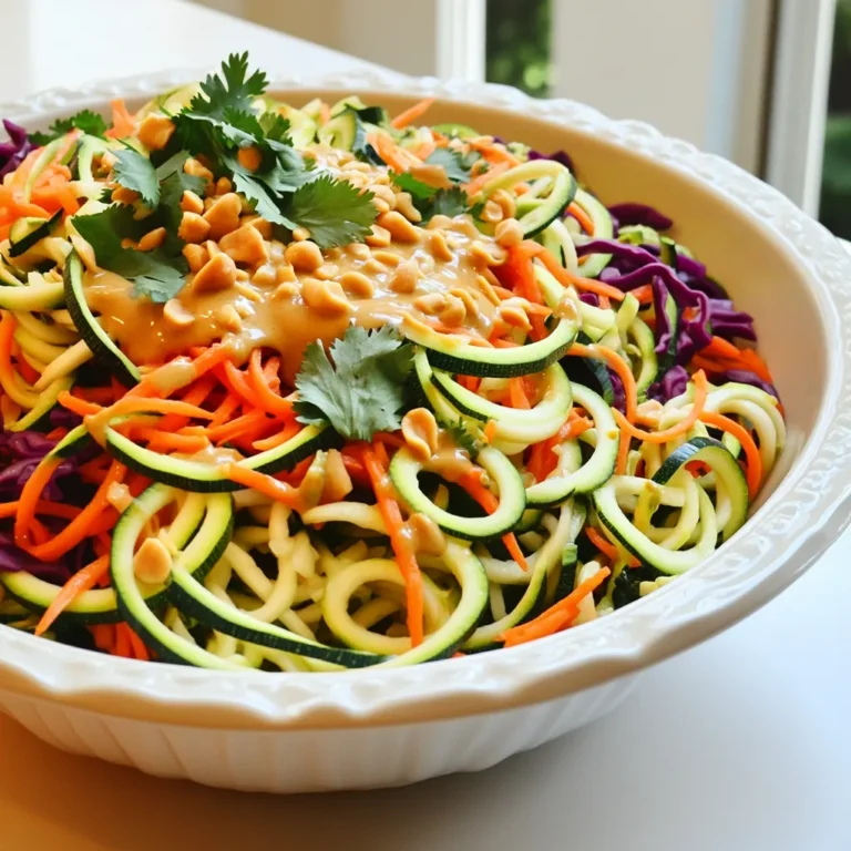 - 2 medium zucchinis - 1 cup shredded carrots - 1 red bell pepper - 1 cup purple cabbage - 1/4 cup green onions - 1/4 cup fresh cilantro - 1/2 cup unsalted roasted peanuts - 1/4 cup creamy peanut butter - 2 tablespoons soy sauce - 1 tablespoon maple syrup - 1 tablespoon rice vinegar - 1 teaspoon sesame oil - 1 clove garlic - 1 teaspoon ginger - Water for thinning Gathering fresh ingredients is key to making this Thai Peanut Zoodle Salad pop with flavor. Start with two medium zucchinis. You will spiralize them into noodles, also called zoodles. They add a fun texture and a healthy base. Next, grab a cup of shredded carrots. They bring sweetness and crunch to the dish. A red bell pepper adds a bright color and a crisp bite. You’ll want to slice it thinly for the best results. Purple cabbage gives the salad a stunning visual appeal. Use one cup, shredded, to add color and a slight crunch. Green onions are next. Chop about a quarter cup to bring a mild onion flavor. Fresh cilantro adds brightness; use a quarter cup, chopped. To finish the fresh ingredients, you need half a cup of unsalted roasted peanuts. They provide great crunch and flavor. Now, let’s talk about the peanut sauce. Start with a quarter cup of creamy peanut butter for that rich, nutty taste. Add two tablespoons of soy sauce for depth and saltiness. A tablespoon of maple syrup brings sweetness that balances the sauce. Next, mix in a tablespoon of rice vinegar. It adds a slight tang. One teaspoon of sesame oil contributes a nutty flavor. One clove of minced garlic and one teaspoon of grated ginger enhance the aroma and taste. Finally, have some water on hand to adjust the sauce’s thickness. With these ingredients, you'll create a fresh and colorful salad that bursts with flavor. To start, grab a bowl. In it, whisk together: - 1/4 cup creamy peanut butter - 2 tablespoons soy sauce - 1 tablespoon maple syrup - 1 tablespoon rice vinegar - 1 teaspoon sesame oil - 1 clove garlic, minced - 1 teaspoon grated ginger Make sure all the ingredients mix well. If the sauce feels too thick, add water. Do this one tablespoon at a time. Keep mixing until you reach your desired thickness. Now, take a large mixing bowl. Add the spiralized zucchini noodles, shredded carrots, sliced red bell pepper, shredded purple cabbage, chopped green onions, and cilantro. Gently pour the peanut sauce over the vegetable mix. Toss everything together well. You want to ensure every piece gets coated in that tasty sauce. Let the salad sit for about 5 to 10 minutes. This time allows all the flavors to meld together. Before serving, sprinkle the chopped peanuts on top. This adds a nice crunch and extra flavor. Enjoy your fresh and colorful Thai Peanut Zoodle Salad! To make the peanut sauce your own, try swapping ingredients. You can use almond butter instead of peanut butter. This switch adds a nice twist. You can also replace soy sauce with coconut aminos for a gluten-free version. Spice levels matter. If you want a kick, add chili paste or crushed red pepper. Just a little can make a big difference. Start small, taste, and adjust until it’s just right for you. For storing the salad, use airtight containers. Glass containers work best for keeping the zoodles fresh. If you use plastic, ensure it’s BPA-free. To keep zoodles crispy, store them separate from the sauce. This keeps them from getting soggy. Just mix them when you’re ready to eat. This zoodle salad pairs well with proteins. Grilled chicken or shrimp adds great flavor and texture. Tofu is a good option for a vegetarian meal, too. For side dishes, consider a light soup or spring rolls. These complement the salad nicely and make your meal complete. {{image_2}} You can make this dish even better by adding protein. Here are some great options: - Grilled chicken: Slice grilled chicken into strips and mix it in. It adds a hearty touch. - Shrimp options: Cook shrimp in a pan and toss them in. Their flavor pairs well with the sauce. - Tofu for a vegetarian option: Use firm tofu. Press it, cube it, and sauté for a tasty veggie twist. Feel free to mix in more veggies for crunch and color. Here are a few ideas: - Cucumber: Add thin cucumber slices for a refreshing bite. - Bell pepper variations: Use yellow or green bell peppers for extra flavor. They bring different tastes. - Leafy greens: Throw in spinach or kale for added nutrients. They boost the salad's health factor. You can switch things up by trying different sauces. Here are some fun alternatives: - Alternative nut butters: Use almond or cashew butter if you want a new flavor. Each nut gives its own taste. - Spicy or creamy dressing variations: Mix in chili paste for heat or yogurt for creaminess. Experiment to find your favorite mix! This Thai Peanut Zoodle Salad is both tasty and healthy. Each serving has about 280 calories. It packs in good nutrition with a nice mix of macronutrients: - Protein: 10 grams - Fat: 16 grams - Carbohydrates: 30 grams This balance gives you energy while keeping your meal light. Zoodles, or zucchini noodles, are low in calories and high in vitamins. They are a great source of vitamin C and potassium. Eating zoodles can help with digestion and weight management. Peanut butter is more than just tasty. It has healthy fats and protein. This helps keep you full longer. The fresh veggies in this salad add fiber and antioxidants. This mix supports overall health. If you need gluten-free meals, use tamari instead of soy sauce. This simple swap makes the salad safe for those with gluten issues. For a vegan version, ensure your maple syrup is pure. The rest of the ingredients are already vegan-friendly. Enjoy this salad knowing it fits many diets! You can use many other veggies for spiralizing. Here are some great choices: - Carrots: They add a nice crunch and sweetness. - Cucumbers: These provide a cool, refreshing taste. - Sweet potatoes: They give a hearty feel. - Butternut squash: This adds a sweet, nutty flavor. Experiment with these to find your favorite! To thicken your peanut sauce, follow these tips: - Add more peanut butter: This boosts the flavor and thickness. - Use less water: Start with less water when mixing. - Incorporate a thickener: Try cornstarch or arrowroot powder. Mix it with a bit of water before adding to the sauce. Adjust until you reach your desired thickness! Yes, you can prep this salad ahead of time! Here’s how: - Make the sauce early: Store it in the fridge for up to a week. - Prep the veggies: Chop and spiralize them, but keep zoodles separate. - Mix before serving: Combine everything just before eating for the best taste. This way, your salad stays fresh and crunchy! This post detailed how to make a fresh salad with zoodles and a tasty peanut sauce. You learned about key ingredients, step-by-step instructions, and tips for success. By adding proteins or other veggies, you can create your perfect dish. Remember, it's all about balance and flavor. Enjoy making this nutritious meal that fits your tastes and needs. Happy cooking!