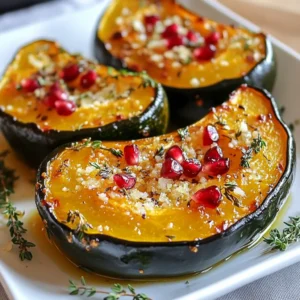 - Acorn squash: You need 2 acorn squashes. Cut them in half and remove the seeds. This helps the squash cook evenly. - Olive oil: Use 4 tablespoons of olive oil. It adds richness and helps the flavors blend. - Fresh herbs: You’ll need 2 teaspoons of fresh thyme and 2 teaspoons of fresh rosemary. These herbs make the dish fragrant and tasty. - Garlic: Use 4 cloves of minced garlic. It brings a strong flavor that pairs well with the squash. - Optional ingredients: You can add 1 teaspoon of maple syrup for sweetness and grated Parmesan cheese for a savory finish. This adds extra layers of flavor. - Seasoning: Don’t forget salt and pepper to taste. They enhance all the other flavors in the dish. {{ingredient_image_1}} Preheating the oven: First, preheat your oven to 400°F (200°C). This step is key. A hot oven helps the squash roast evenly, creating a tender inside and caramelized outside. Preparing the acorn squash: Next, take your two acorn squashes. Cut each one in half from top to bottom. Use a spoon to scoop out the seeds. You can keep the seeds to roast later. They make a great snack! Combining oil, garlic, herbs, and spices: In a small bowl, mix 4 tablespoons of olive oil with 4 minced garlic cloves. Add 2 teaspoons of fresh thyme and 2 teaspoons of fresh rosemary. Then include 1 teaspoon of maple syrup, salt, and pepper to taste. Stir it all together until well mixed. Tips for ensuring even flavor distribution: When you brush the mixture on the squash, make sure you cover the cut sides well. Try to get some garlic pieces into the squash's cavity. This way, every bite will burst with flavor. Proper placement on baking sheet: Place the squash halves cut side down on a baking sheet lined with parchment paper. This helps them roast perfectly and not stick. Roasting time and flipping guidance: Roast in the oven for 25 to 30 minutes. Use a fork to check if they are tender. Flip the squash halfway through roasting to make sure they cook evenly. If you’re using Parmesan cheese, sprinkle it on top in the last 5 minutes. It will melt and brown nicely, adding great flavor. To check for doneness, pierce the squash with a fork. If it goes in easily, it’s done. You want a tender texture, not mushy. Timing is key. Roast for 25 to 30 minutes at 400°F (200°C). Flipping the squash halfway through cooking helps it roast evenly. Use tongs to turn them cut side up. This way, the garlic herb mix can soak in. It also prevents burning on one side. Feel free to change the garlic herb mixture. Try adding some fresh parsley or sage for a new taste. You could also use garlic powder if you're short on fresh garlic. Don't hesitate to mix in some red pepper flakes for heat. For toppings, grated Parmesan cheese adds a rich flavor. Sprinkle it on during the last five minutes of roasting. You can also add pomegranate seeds for a burst of sweetness and color. These toppings make the dish visually appealing and tasty! Pro Tips Choose the right squash: Look for acorn squashes that are firm and heavy for their size, with a dark green color for the best flavor. Enhance the flavor: For an extra kick, consider adding a pinch of cayenne pepper or chili flakes to the garlic herb mixture. Perfect roasting: Ensure even cooking by flipping the squash halfway through roasting, which helps them caramelize nicely. Serving suggestion: Drizzle with balsamic glaze or honey before serving for an added layer of sweetness and depth of flavor. {{image_2}} You can easily switch up the taste of garlic herb roasted acorn squash. One fun way is to add sweetness with honey or brown sugar. Just drizzle a little over the squash before roasting. This makes the dish caramelized and extra delicious. Another great idea is to go for a savory twist. Adding balsamic vinegar brings out a rich flavor that pairs well with the herbs. Just mix it into your garlic herb sauce. You will get a tangy and bold taste that surprises your guests. If you want to cook your acorn squash differently, try an air fryer or a grill. An air fryer cooks the squash faster, usually in about 20 minutes. The result is crispy on the outside and tender on the inside. Grilling gives the squash a smoky flavor. Cut the squash into wedges for the grill, and cook them for about 15 minutes. You’ll want to flip them halfway through. Both methods are fun, and the flavors will change based on how you cook them. To store leftover roasted acorn squash, let it cool completely. Place it in an airtight container. This keeps moisture in and flavors fresh. You can also wrap it tightly in plastic wrap. Properly stored, it lasts in the fridge for about 3 to 5 days. To reheat, use an oven for the best results. Preheat the oven to 350°F (175°C). Place the squash on a baking sheet and cover it with foil. Heat for about 10 to 15 minutes. This method helps keep the squash tender and flavorful. You can also use a microwave. Place it on a microwave-safe plate and heat it in short bursts. As for freezing, yes, you can freeze roasted acorn squash! Slice it into portions and place them in freezer bags. Remove as much air as possible. It keeps well for about 3 months. When you're ready to eat, thaw in the fridge overnight before reheating. Can I use other types of squash? Yes, you can use other squash types. Butternut and spaghetti squash work well. They have different flavors but roast nicely. Adjust the cooking time based on the squash size. How do I know when acorn squash is ripe? Look for a firm skin with a deep green color. The skin should be hard, not soft. A ripe acorn squash feels heavy for its size. Check for a few blemishes; that is normal. What can I serve with garlic herb roasted acorn squash? This dish pairs well with grains like quinoa or rice. You can also serve it with roasted chicken or fish. For a vegetarian meal, add a salad for freshness. This blog post covered everything about making garlic herb roasted acorn squash. You learned about the main ingredients, like acorn squash and olive oil, plus the role of fresh herbs. I shared step-by-step instructions and helpful tips for perfect roasting. We explored flavor variations and proper storage methods for leftovers. Remember, this dish brings out rich flavors and keeps well for later. Enjoy experimenting with seasonings and different cooking methods. You'll love every bite of this delicious, healthy meal.