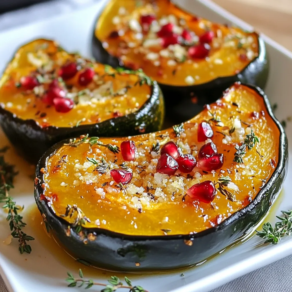 - Acorn squash: You need 2 acorn squashes. Cut them in half and remove the seeds. This helps the squash cook evenly. - Olive oil: Use 4 tablespoons of olive oil. It adds richness and helps the flavors blend. - Fresh herbs: You’ll need 2 teaspoons of fresh thyme and 2 teaspoons of fresh rosemary. These herbs make the dish fragrant and tasty. - Garlic: Use 4 cloves of minced garlic. It brings a strong flavor that pairs well with the squash. - Optional ingredients: You can add 1 teaspoon of maple syrup for sweetness and grated Parmesan cheese for a savory finish. This adds extra layers of flavor. - Seasoning: Don’t forget salt and pepper to taste. They enhance all the other flavors in the dish. {{ingredient_image_1}} Preheating the oven: First, preheat your oven to 400°F (200°C). This step is key. A hot oven helps the squash roast evenly, creating a tender inside and caramelized outside. Preparing the acorn squash: Next, take your two acorn squashes. Cut each one in half from top to bottom. Use a spoon to scoop out the seeds. You can keep the seeds to roast later. They make a great snack! Combining oil, garlic, herbs, and spices: In a small bowl, mix 4 tablespoons of olive oil with 4 minced garlic cloves. Add 2 teaspoons of fresh thyme and 2 teaspoons of fresh rosemary. Then include 1 teaspoon of maple syrup, salt, and pepper to taste. Stir it all together until well mixed. Tips for ensuring even flavor distribution: When you brush the mixture on the squash, make sure you cover the cut sides well. Try to get some garlic pieces into the squash's cavity. This way, every bite will burst with flavor. Proper placement on baking sheet: Place the squash halves cut side down on a baking sheet lined with parchment paper. This helps them roast perfectly and not stick. Roasting time and flipping guidance: Roast in the oven for 25 to 30 minutes. Use a fork to check if they are tender. Flip the squash halfway through roasting to make sure they cook evenly. If you’re using Parmesan cheese, sprinkle it on top in the last 5 minutes. It will melt and brown nicely, adding great flavor. To check for doneness, pierce the squash with a fork. If it goes in easily, it’s done. You want a tender texture, not mushy. Timing is key. Roast for 25 to 30 minutes at 400°F (200°C). Flipping the squash halfway through cooking helps it roast evenly. Use tongs to turn them cut side up. This way, the garlic herb mix can soak in. It also prevents burning on one side. Feel free to change the garlic herb mixture. Try adding some fresh parsley or sage for a new taste. You could also use garlic powder if you're short on fresh garlic. Don't hesitate to mix in some red pepper flakes for heat. For toppings, grated Parmesan cheese adds a rich flavor. Sprinkle it on during the last five minutes of roasting. You can also add pomegranate seeds for a burst of sweetness and color. These toppings make the dish visually appealing and tasty! Pro Tips Choose the right squash: Look for acorn squashes that are firm and heavy for their size, with a dark green color for the best flavor. Enhance the flavor: For an extra kick, consider adding a pinch of cayenne pepper or chili flakes to the garlic herb mixture. Perfect roasting: Ensure even cooking by flipping the squash halfway through roasting, which helps them caramelize nicely. Serving suggestion: Drizzle with balsamic glaze or honey before serving for an added layer of sweetness and depth of flavor. {{image_2}} You can easily switch up the taste of garlic herb roasted acorn squash. One fun way is to add sweetness with honey or brown sugar. Just drizzle a little over the squash before roasting. This makes the dish caramelized and extra delicious. Another great idea is to go for a savory twist. Adding balsamic vinegar brings out a rich flavor that pairs well with the herbs. Just mix it into your garlic herb sauce. You will get a tangy and bold taste that surprises your guests. If you want to cook your acorn squash differently, try an air fryer or a grill. An air fryer cooks the squash faster, usually in about 20 minutes. The result is crispy on the outside and tender on the inside. Grilling gives the squash a smoky flavor. Cut the squash into wedges for the grill, and cook them for about 15 minutes. You’ll want to flip them halfway through. Both methods are fun, and the flavors will change based on how you cook them. To store leftover roasted acorn squash, let it cool completely. Place it in an airtight container. This keeps moisture in and flavors fresh. You can also wrap it tightly in plastic wrap. Properly stored, it lasts in the fridge for about 3 to 5 days. To reheat, use an oven for the best results. Preheat the oven to 350°F (175°C). Place the squash on a baking sheet and cover it with foil. Heat for about 10 to 15 minutes. This method helps keep the squash tender and flavorful. You can also use a microwave. Place it on a microwave-safe plate and heat it in short bursts. As for freezing, yes, you can freeze roasted acorn squash! Slice it into portions and place them in freezer bags. Remove as much air as possible. It keeps well for about 3 months. When you're ready to eat, thaw in the fridge overnight before reheating. Can I use other types of squash? Yes, you can use other squash types. Butternut and spaghetti squash work well. They have different flavors but roast nicely. Adjust the cooking time based on the squash size. How do I know when acorn squash is ripe? Look for a firm skin with a deep green color. The skin should be hard, not soft. A ripe acorn squash feels heavy for its size. Check for a few blemishes; that is normal. What can I serve with garlic herb roasted acorn squash? This dish pairs well with grains like quinoa or rice. You can also serve it with roasted chicken or fish. For a vegetarian meal, add a salad for freshness. This blog post covered everything about making garlic herb roasted acorn squash. You learned about the main ingredients, like acorn squash and olive oil, plus the role of fresh herbs. I shared step-by-step instructions and helpful tips for perfect roasting. We explored flavor variations and proper storage methods for leftovers. Remember, this dish brings out rich flavors and keeps well for later. Enjoy experimenting with seasonings and different cooking methods. You'll love every bite of this delicious, healthy meal.