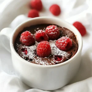 - 4 tablespoons all-purpose flour - 4 tablespoons granulated sugar - 2 tablespoons unsweetened cocoa powder - 1/8 teaspoon baking powder - 1/8 teaspoon salt - 3 tablespoons milk (or any plant-based alternative) - 2 tablespoons vegetable oil - 1/4 teaspoon vanilla extract - 2 tablespoons fresh raspberries (plus extra for garnish) Each ingredient plays a key role in the flavor and texture of your mug cake. Here’s a simple breakdown: - Flour: 4 tablespoons give the cake structure. - Sugar: 4 tablespoons add sweetness and moisture. - Cocoa powder: 2 tablespoons bring rich chocolate flavor. - Baking powder: A pinch helps the cake rise. - Salt: 1/8 teaspoon enhances all the flavors. - Milk: 3 tablespoons keep the batter smooth. - Vegetable oil: 2 tablespoons add moisture and richness. - Vanilla extract: 1/4 teaspoon adds warmth and depth. - Raspberries: 2 tablespoons give a fresh, fruity burst. You can swap some ingredients based on your taste or needs: - Flour: Use whole wheat or gluten-free flour. - Sugar: Substitute with honey or maple syrup for a different sweetness. - Cocoa powder: Carob powder can work for a unique twist. - Milk: Almond, soy, or oat milk are great plant-based options. - Vegetable oil: Melted coconut oil brings a nice flavor. - Vanilla extract: Almond extract can give a fun change. - Raspberries: Try blueberries or strawberries if you prefer. Feel free to mix and match these options! With these ingredients and substitutions, you can create a delightful Chocolate Raspberry Mug Cake that suits your taste. {{ingredient_image_1}} Start by gathering your ingredients. You need flour, sugar, cocoa powder, baking powder, salt, milk, vegetable oil, vanilla, and raspberries. 1. Mix the Dry Ingredients: In a microwave-safe mug, add 4 tablespoons of all-purpose flour, 4 tablespoons of granulated sugar, 2 tablespoons of unsweetened cocoa powder, 1/8 teaspoon of baking powder, and 1/8 teaspoon of salt. Use a whisk to mix them well. 2. Add Wet Ingredients: Pour in 3 tablespoons of milk, 2 tablespoons of vegetable oil, and 1/4 teaspoon of vanilla extract. Stir until the mix is smooth. Make sure there are no dry spots left. 3. Fold in the Raspberries: Take 2 tablespoons of fresh raspberries and gently fold them into the batter. Be careful not to crush them too much. Now it's time to cook your mug cake. 1. Microwave the Mug: Place the mug in the microwave. Cook on high for 1 minute and 30 seconds. Each microwave is different, so watch it closely. 2. Check for Doneness: After 1 minute, check the cake. It should look slightly moist on top but not wet. If it needs more time, microwave in 10-second bursts until done. Checking doneness is key to a great mug cake. - Visual Check: The top should look set but not too dry. It can have a bit of shine. - Toothpick Test: If you want, you can use a toothpick. Insert it into the center. It should come out clean or with a few moist crumbs. - Cooling Time: Let the mug cake cool for a couple of minutes before enjoying. This helps the flavors settle and makes it easier to eat. Enjoy your simple yet delicious Chocolate Raspberry Mug Cake! To make a perfect Chocolate Raspberry Mug Cake, follow these tips: - Use a large mug. A 12 oz mug works best. - Whisk dry ingredients well. This ensures even mixing. - Stir in wet ingredients slowly. This helps avoid lumps. - Gently fold in raspberries. You want them whole for texture. Here are some common mistakes and how to avoid them: - Overmixing the batter can make the cake tough. Mix just until blended. - Cooking too long can dry out the cake. Start checking at 1 minute. - Not using a microwave-safe mug can be dangerous. Always check the label. Want to make your mug cake even better? Here are some ideas: - Add a pinch of cinnamon for warmth. - Try using dark chocolate cocoa powder for a richer taste. - Top with whipped cream or ice cream for a treat. - Include nuts or chocolate chips for extra crunch or sweetness. These tips will help you create a delightful mug cake experience! Pro Tips Use a Larger Mug: To prevent overflow while microwaving, choose a mug that holds at least 12 oz. Don’t Overmix: Stir the batter just until combined; overmixing can make the cake dense. Customize Your Flavor: Experiment with different extracts like almond or orange to add a unique twist. Check for Doneness: Microwaves vary in power, so start checking at 1 minute and adjust time as needed. {{image_2}} You can have fun with flavors in your mug cake. Try adding peanut butter for a nutty taste. Swapping the raspberries for strawberries gives a fresh twist. You can even use mint extract instead of vanilla for a cool flavor. How about adding a sprinkle of cinnamon for warmth? Each twist brings a new cake to life. Want a lighter version? Use whole wheat flour instead of all-purpose flour. You can replace sugar with honey or maple syrup. This change makes the cake less sweet but still tasty. For a vegan option, swap milk with almond or oat milk. This keeps it dairy-free and just as delicious. Toppings can make your mug cake even better. A scoop of ice cream on top adds creaminess. Whipped cream is another fun option. You might sprinkle chocolate chips for extra sweetness. Fresh mint leaves can add a pop of color. Don’t forget to add more fresh raspberries for that burst of flavor! To store leftover mug cake, let it cool completely. Place it in a clean, airtight container. This keeps the cake fresh and moist. You can store it in the fridge for up to three days. If you want to keep it longer, freeze it. Wrap it tightly in plastic wrap before putting it in a freezer-safe bag. When you want to enjoy your mug cake again, use the microwave. Take the cake out of the container and place it in a microwave-safe dish. Heat it for about 15-30 seconds. Check to see if it's warm but not too hot. You want it soft, not dry. Use glass or plastic containers with tight lids for storage. These keep moisture in and air out. For freezing, use freezer-safe bags or containers. Make sure to label them with the date. This way, you will know how fresh they are when you want a sweet treat. Yes, you can easily make this mug cake without eggs. You can use 1/4 cup of unsweetened applesauce or 1 tablespoon of ground flaxseed mixed with 2.5 tablespoons of water. Both options work well and keep the cake moist. To make this mug cake dairy-free, simply swap the milk for a plant-based milk. Almond milk, oat milk, or soy milk are great options. They all add flavor without dairy. Microwave times can change based on the wattage of your microwave. For a 700-watt microwave, cook for 1 minute and 30 seconds. For a 1000-watt microwave, check at 1 minute. If it needs more time, add 10 seconds at a time until done. The cake should look moist on top but not wet. This blog post covered how to make a tasty chocolate raspberry mug cake. We explored the key ingredients and their measurements, plus smart substitutions. I shared easy step-by-step instructions for quick prep and cooking. You learned tips to avoid common mistakes and enhance the cake's taste. We also discussed fun variations, storage tips, and frequently asked questions to guide you. Now, go ahead and enjoy your delicious mug cake. With these tips, you'll impress everyone with your baking skills. Happy cooking!
