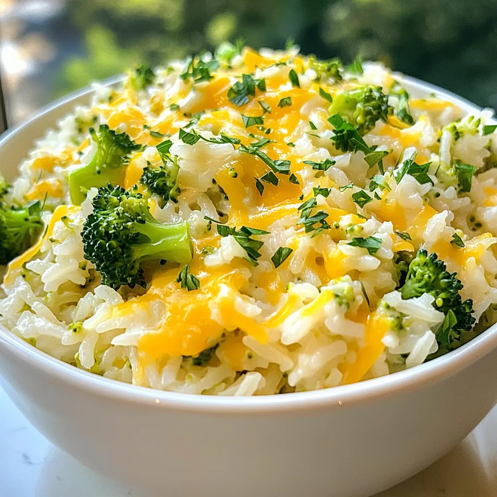 - 1 cup uncooked jasmine rice - 2 cups broccoli florets - 3 cups vegetable broth - 1 cup shredded sharp cheddar cheese - 1/2 cup heavy cream - 1 tablespoon butter - 1 small onion, finely chopped - 2 garlic cloves, minced - 1 teaspoon mustard powder - Salt and pepper to taste - 1/4 cup grated Parmesan cheese (optional for extra flavor) When making creamy broccoli cheddar rice, you want the best ingredients. Each item plays a part in the dish's flavor. Let's start with the main ingredients. Jasmine rice gives a soft and fluffy base. Broccoli florets add a fresh crunch. Vegetable broth adds depth and richness. Sharp cheddar cheese melts into a creamy delight. Next, we have the additional ingredients. Heavy cream makes the dish rich and smooth. Butter adds flavor and helps with sautéing. Onion and garlic bring a wonderful aroma. Mustard powder gives a subtle kick. Finally, salt and pepper enhance all the flavors. You can also add grated Parmesan for a cheesy twist. With these ingredients, you're on your way to a tasty meal. Enjoy the process of cooking this dish! {{ingredient_image_1}} Start by rinsing 1 cup of jasmine rice under cold water. Rinsing helps remove extra starch, which keeps the rice from being sticky. Keep rinsing until the water runs clear. Next, grab a medium saucepan. Heat 3 cups of vegetable broth until it boils. Once it boils, add the rinsed rice, and lower the heat. Cover the pot and let it simmer for about 15 to 18 minutes. The rice will absorb all the broth and become fluffy. While the rice cooks, take 2 cups of broccoli florets. Use a steaming basket or pot to steam the broccoli. Steam it for about 4 to 5 minutes. You want it bright green and tender but not mushy. Once done, set it aside. Now, let’s sauté the aromatics. In a large skillet, melt 1 tablespoon of butter over medium heat. Add a small, finely chopped onion. Sauté it for about 3 to 4 minutes until it turns translucent. Then, add 2 minced garlic cloves. Cook for another minute until it smells good. When the rice is ready, add it to the skillet with the onion and garlic. Stir well to mix everything. Pour in 1/2 cup of heavy cream and add 1 teaspoon of mustard powder. Mix it all together. Let it cook for another 2 to 3 minutes on low heat, stirring now and then. Gradually mix in 1 cup of shredded sharp cheddar cheese. Stir until it melts and becomes creamy. If you like, add 1/4 cup of grated Parmesan cheese for more flavor. Finally, fold in the steamed broccoli. Make sure it’s well mixed throughout the rice. Season with salt and pepper to your taste. Cook everything on low heat for another 2 to 3 minutes. This warms it all up nicely. To make great rice, rinse it well. Rinse jasmine rice under cold water until the water runs clear. This step removes extra starch and keeps the rice from being gummy. When cooking, bring the vegetable broth to a boil first. Add the rinsed rice, then reduce the heat right away. Cover it and let it simmer. This way, the rice absorbs all the broth. Cook for about 15-18 minutes for the best result. For a creamy dish, use sharp cheddar cheese. It melts well and gives a strong flavor. You can also mix in some grated Parmesan cheese for extra richness. Adjust the creaminess by adding more heavy cream. If you want a lighter dish, use less cream. Taste as you go to find the right balance. Serve the creamy broccoli cheddar rice in a large, shallow bowl. You can add extra cheddar cheese on top for a nice look. A sprinkle of fresh parsley adds color too. Pair this dish with a side of crusty bread for a complete meal. It also goes well with a fresh salad or steamed veggies. These sides will add more texture and flavor to your meal. Pro Tips Rinse Your Rice: Rinse the jasmine rice thoroughly under cold water until the water runs clear. This removes excess starch, preventing a gummy texture. Perfectly Steamed Broccoli: Steam the broccoli florets just until they are bright green and tender to retain their vibrant color and nutrients. Gradual Cheese Addition: Add the shredded cheddar cheese gradually to ensure it melts evenly, resulting in a smooth and creamy texture. Season to Taste: Always taste your dish before serving and adjust the salt and pepper as needed to enhance the overall flavor. {{image_2}} You can change a few ingredients to suit your taste. Here are some ideas: - Alternative grains: Try brown rice or quinoa instead of jasmine rice. They add different textures and flavors. - Vegan cheese options: For a dairy-free dish, use vegan cheese. It melts well and keeps the creamy texture. Want to make this dish even tastier? Here are some simple tricks: - Additional spices and herbs: Add spices like paprika or herbs like thyme for more flavor. A pinch of cayenne can add a nice kick. - Adding proteins: Mix in cooked chicken or tofu. This adds protein and makes the dish heartier. You can make this dish fit any season by adding fresh vegetables: - Incorporating seasonal vegetables: In spring, add peas or asparagus. In summer, use fresh corn or zucchini. For fall, try sweet potatoes or carrots. - Fall or winter "comfort" additions: In colder months, add cooked butternut squash or mushrooms. They add warmth and depth to the dish. To keep your creamy broccoli cheddar rice fresh, store it in an airtight container. This helps lock in moisture and flavor. You can keep it in the fridge for about 3 to 4 days. If you want to save it longer, consider freezing it. It can last up to 3 months in the freezer. When it's time to enjoy your leftovers, reheat them gently. The best way is to use the stove. Add a splash of vegetable broth or cream to keep it creamy. Heat over low until warmed through, stirring often. You can also use a microwave. Just cover it with a damp paper towel to keep moisture in. Heat it in short bursts, stirring in between to avoid hot spots. Enjoy your dish just as delicious as the first time! You can serve this dish with many sides. Here are some great options: - Grilled chicken: This adds protein and pairs well with the creamy rice. - Roasted vegetables: A mix of carrots and bell peppers adds color and flavor. - Crusty bread: It’s perfect for scooping up the delicious rice. - Simple salad: A light green salad with a tangy dressing balances the meal. Yes, you can prepare this dish ahead of time. Here are some tips: - Cook the rice and broccoli: Do this a day before. Mix them with the creamy sauce, but do not add cheese yet. - Store in the fridge: Keep it in an airtight container. It stays fresh for up to three days. - Reheat: Warm it slowly in a pot over low heat. Stir in cheese while heating to keep it creamy. If you like heat, here are some ways to spice things up: - Red pepper flakes: Add them when you sauté the onion and garlic. - Hot sauce: Mix a few drops into the creamy sauce before serving. - Jalapeños: Chop fresh jalapeños and fold them in with the broccoli for a kick. Yes, this recipe is great for kids. Here are some benefits: - Nutritional value: Broccoli is high in vitamins and minerals. - Taste: The cheese makes it creamy and tasty, appealing to young eaters. - Kid-friendly tweaks: You can cut the broccoli into smaller pieces to make it easier to eat. This blog post covered how to make Creamy Broccoli Cheddar Rice. You learned the key ingredients to use, like jasmine rice and sharp cheddar cheese. We walked through step-by-step instructions, cooking tips, and ways to make it your own. Remember, you can swap in different grains or add extra flavors. This dish is easy to store and reheat too. Enjoy making it again and again. Happy cooking!