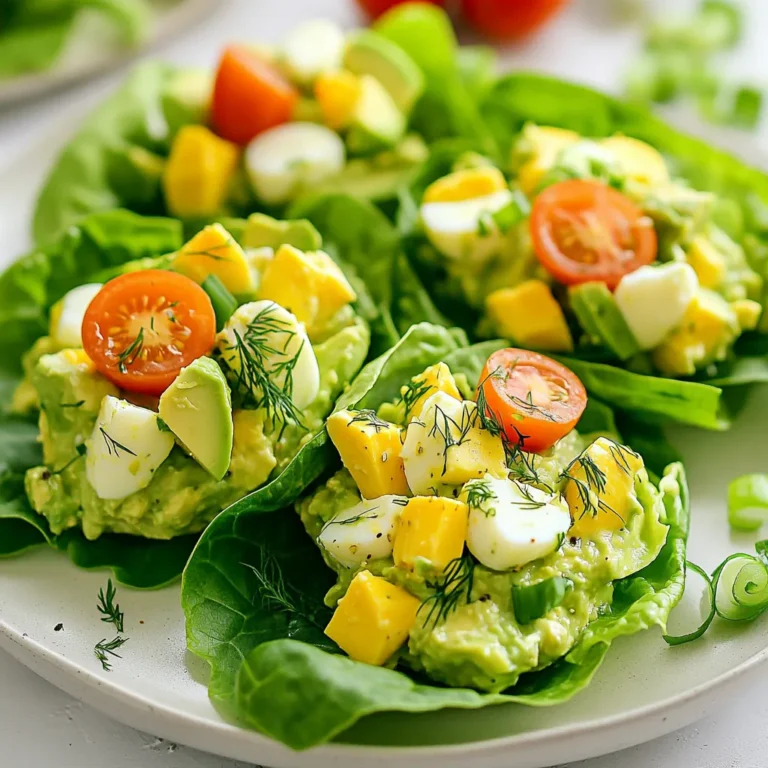 To make avocado egg salad lettuce wraps, you need fresh and simple ingredients. Here’s a list to get you started: - 4 large eggs, hard-boiled and peeled - 1 ripe avocado - 2 tablespoons Greek yogurt (or mayonnaise) - 1 tablespoon Dijon mustard - 1 tablespoon fresh lemon juice - Salt and pepper to taste - 1 tablespoon fresh dill, chopped (or 1 teaspoon dried dill) - 1 tablespoon green onions, finely sliced - 8 large romaine or butter lettuce leaves - Cherry tomatoes, halved (for garnish) Each ingredient plays a role in making this dish tasty. The eggs give protein and texture. The avocado adds creaminess and healthy fats. Greek yogurt or mayonnaise binds everything together. Dijon mustard and lemon juice add a zesty kick. Dill and green onions bring fresh flavors. Using romaine or butter lettuce keeps it light and crunchy. Finally, cherry tomatoes add a fun touch when serving. {{ingredient_image_1}} To start, we need to hard-boil the eggs. Place four large eggs in a pot. Cover them with water. Bring the water to a boil. Once it boils, reduce the heat. Let it simmer for 10 to 12 minutes. This timing gives you firm yolks. After cooking, it's time to cool the eggs. Carefully transfer them to an ice bath. This helps stop the cooking process. Let them sit for a few minutes until they are cool. Then, peel the eggs and chop them into small pieces. Now, let’s prepare the avocado. Take one ripe avocado and cut it in half. Scoop the flesh into a mixing bowl. Use a fork to mash it. Aim for a smooth texture with some chunks. This gives a nice bite in the salad. Next, we mix the egg salad. Add the chopped eggs to the mashed avocado. Then, add two tablespoons of Greek yogurt or mayonnaise. Mix in one tablespoon of Dijon mustard and one tablespoon of fresh lemon juice. Season with salt and pepper to taste. Finally, add one tablespoon of fresh dill and one tablespoon of green onions. Stir until everything blends well. Now, we prepare the lettuce wraps. Choose large romaine or butter lettuce leaves. Rinse them under cold water to clean. Gently dry the leaves with a paper towel. Make sure they are dry, so the wraps hold well. It’s time to assemble the wraps. Take a lettuce leaf and spoon a generous portion of the avocado egg salad mixture into the center. Aim for about a quarter cup per leaf. You can sprinkle some green onions on top for extra flavor. Fold the lettuce over the filling and enjoy your fresh wrap! To make your egg salad shine, start by tasting it. Adjust the seasoning to your liking. If it needs more zing, add a touch more lemon juice or Dijon mustard. Salt and pepper enhance flavors, so add them slowly. Taste after each addition. This makes sure the salad is just right for you. When picking an avocado, look for one that feels slightly soft but not mushy. Gently press the skin. If it gives a little, it’s ready. A bright green color inside means it’s ripe. Avoid avocados with dark spots. Those may be overripe and not taste great in your salad. Both romaine and butter lettuce are great for wraps. Romaine is crisp and sturdy. It holds the filling well. Butter lettuce is tender and has a mild taste. It wraps easily around the filling. Choose romaine for crunch or butter lettuce for softness. You can’t go wrong with either! Pro Tips Perfectly Hard-Boiled Eggs: To achieve the ideal hard-boiled eggs, place them in cold water, bring to a boil, then cover and remove from heat for 12 minutes before cooling in an ice bath. Choose Ripe Avocados: Ensure your avocado is ripe by gently pressing it; it should yield slightly. A perfectly ripe avocado makes for a creamy egg salad. Experiment with Add-Ins: Feel free to customize your egg salad by adding ingredients like diced bell peppers, capers, or even a sprinkle of paprika for an extra flavor boost. Make Ahead: You can prepare the egg salad mixture in advance. Store it in an airtight container in the fridge for up to 2 days for a quick meal option. {{image_2}} You can boost your avocado egg salad with extra protein. Shredded chicken or diced tofu works great. Chicken adds a nice texture and flavor. Tofu is a perfect option for a plant-based meal. Just make sure to season the protein to match the salad's taste. To amp up the taste, add spices or herbs. A pinch of paprika brings warmth. You can also try cumin for a nutty note. Fresh herbs like parsley or cilantro add brightness. Mixing these in gives your dish a unique twist. Don’t be afraid to experiment with what you like. If you want to keep it vegan, swap Greek yogurt for silken tofu. This keeps the creaminess without dairy. For eggs, use a mixture of mashed chickpeas and nutritional yeast. This gives a similar texture and a cheesy flavor. These changes make the dish vegan-friendly without losing taste. To keep your avocado egg salad wraps fresh, store them in an airtight container. Wrap the lettuce separately from the egg salad. This step stops the lettuce from getting soggy. You can keep the salad in the fridge for up to three days. Before serving, you can add fresh lettuce leaves to the egg salad mix for that crisp texture. You can freeze the egg salad mix, but it’s best to eat it fresh. If you freeze it, use a freezer-safe container. Make sure to label it with the date. When you want to use it, thaw it in the fridge overnight. Keep in mind that the texture might change after freezing, so it’s not ideal for wraps. For reheating, avoid using a microwave if possible. Instead, let the egg salad sit at room temperature for 30 minutes before serving. This method helps maintain the creamy texture. If you must use a microwave, heat in short bursts. Stir it gently to avoid overcooking the eggs. Yes, you can use other types of lettuce. Leafy greens like butter lettuce or even cabbage work well. They add crunch and hold the filling nicely. Just make sure the leaves are large enough to hold the salad. The avocado egg salad stays fresh for about 2-3 days in the fridge. Store it in an airtight container. To keep the avocado from browning, cover it tightly with plastic wrap. This helps keep it fresh longer. Absolutely! You can make the avocado egg salad a day ahead. Just store it in the fridge. Assemble the wraps right before serving. This keeps the lettuce crisp and the salad fresh. Yes, if you want a lighter option, try using Greek yogurt instead of mayonnaise. You can also add a splash of vinegar or a sprinkle of your favorite spice to change the flavor. Try different combinations to find what you like best! You now have all the steps to create a delicious avocado egg salad wrap. We covered the key ingredients, from eggs to avocado, and discussed preparation and storage tips. Remember, you can add protein or spices to make it your own. Freshness matters, so follow the storage advice. Enjoy making this easy, tasty dish that fits any diet. Explore different variations until you find your favorite. With these tips, you can impress anyone with your culinary skills!