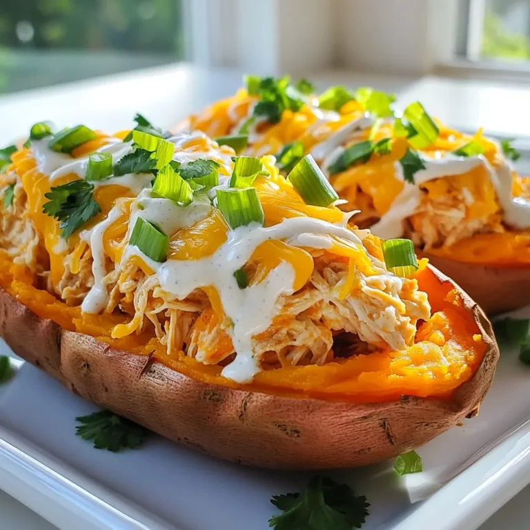 - 4 medium sweet potatoes - 2 cups shredded cooked chicken - ½ cup buffalo sauce - ½ cup cream cheese, softened - 1 cup shredded cheddar cheese - ¼ cup green onions, chopped - Salt and pepper to taste - ½ cup ranch dressing (for drizzling) - Fresh cilantro (for garnish) I love using sweet potatoes for this recipe. They add a nice, sweet flavor. You need medium-sized ones for the best results. Make sure they are firm and smooth. For the filling, I use shredded chicken. You can use leftover chicken or store-bought rotisserie chicken. The buffalo sauce gives it that spicy kick. You can adjust the amount based on your taste. Next, cream cheese makes the filling creamy and rich. It balances the spice from the buffalo sauce. For the toppings, I like to use cheddar cheese. It melts beautifully and adds a great texture. Don’t forget about the green onions! They add a nice crunch and fresh taste. You can also season with salt and pepper to enhance the flavors. For a finishing touch, drizzle ranch dressing over the top. It adds creaminess and cools the heat. Lastly, sprinkle fresh cilantro for color and flavor. It makes the dish look and taste great! - Preheat the oven to 400°F (200°C). - Wash the sweet potatoes thoroughly. Then, poke holes in each potato with a fork. This helps steam escape. - Bake the sweet potatoes for 45-60 minutes. They are done when a knife goes in easily. - In a medium bowl, combine the shredded chicken, buffalo sauce, and softened cream cheese. - Mix in half of the shredded cheddar cheese. Stir until it blends well. - After baking, remove the sweet potatoes from the oven and let them cool a bit. - Carefully cut slits down the center of each sweet potato. - If needed, scoop out some of the center to make room for the filling. - Spoon the buffalo chicken mixture into each sweet potato. Fill them evenly. - Top the stuffed potatoes with the remaining cheddar cheese. - Return the stuffed sweet potatoes to the oven. Bake for an extra 10-15 minutes until the cheese melts. - Once baked, take them out and let them cool slightly. Drizzle with ranch dressing and add chopped green onions. Garnish with fresh cilantro before serving. To make great Buffalo Chicken Stuffed Sweet Potatoes, choose firm, medium-sized sweet potatoes. Look for ones that feel heavy for their size. Check for smooth skin without bruises or soft spots. You can tell when sweet potatoes are done by poking them with a fork. If they feel soft, they are ready. Bake them for 45-60 minutes at 400°F (200°C). You can also test with a knife; it should slide in easily. Balancing the spicy buffalo sauce with creamy cream cheese makes a tasty filling. This mix gives you a nice kick without being too hot. If you want more heat, add extra buffalo sauce. Try different toppings for fun! You might add diced tomatoes, jalapeños, or even avocado. Sour cream or guacamole can also work well. Don’t be afraid to get creative! Buffalo Chicken Stuffed Sweet Potatoes pair well with sides like salad or coleslaw. The crunch from these sides adds a nice contrast. You can also serve them with roasted veggies for extra flavor. For drinks, consider pairing with cold beers or a light cocktail. A citrusy drink can balance the spice of the buffalo chicken. Sparkling water with lime is also a great choice. {{image_2}} Making it gluten-free You can easily make buffalo chicken stuffed sweet potatoes gluten-free. Use gluten-free buffalo sauce and avoid any sauces with gluten. Most brands offer gluten-free options. Check the labels when you shop. Vegetarian alternatives For a vegetarian twist, swap the chicken for a mix of beans or lentils. You can add chopped veggies like bell peppers or zucchini for more flavor. A mixture of cream cheese and buffalo sauce works well here too. Adding extra spices or hot sauce If you love heat, add more hot sauce to the filling. You can also mix in spices like garlic powder or paprika. These will boost the flavor without changing the dish too much. Incorporating vegetables into the filling Want more nutrition? Add vegetables to the buffalo chicken filling. Chopped spinach, shredded carrots, or even corn can work well. This makes the dish colorful and healthier. Exploring cheese options You can use different cheeses for stuffed sweet potatoes. Blue cheese adds a tangy kick, while mozzarella gives a creamy texture. Try mixing cheese types for fun flavors. Mixing cheeses for diverse flavors Combining cheddar with pepper jack can give a nice spicy touch. Or use a blend of mozzarella and cream cheese for extra creaminess. Experimenting with cheese can take your dish to the next level. To keep your Buffalo Chicken Stuffed Sweet Potatoes fresh, wrap them tightly in plastic wrap or foil. You can also use an airtight container. This helps prevent them from drying out. They can last in the fridge for up to four days. Make sure to store them in the coldest part of your fridge. Yes, you can freeze these stuffed sweet potatoes. First, let them cool completely. Then, wrap each one in plastic wrap and place them in a freezer bag. They will stay good for up to three months. To reheat from frozen, bake them in the oven at 350°F (175°C) for about 30-40 minutes. Check to ensure they are hot all the way through. You can prepare the sweet potatoes in advance. Bake and fill them earlier in the week. Store them in the fridge until you're ready to eat. To customize for meal prep, try using different sauces or proteins. You can also mix in veggies like spinach or bell peppers for extra nutrition. You can check if the sweet potatoes are done by poking them with a knife. If the knife goes in easily, they are cooked. Usually, they take about 45 to 60 minutes at 400°F (200°C). Yes, you can use other sauces if you want a different flavor. Try BBQ sauce for a sweet twist or ranch dressing for a creamy taste. Just keep the same amount to maintain balance. If you need a substitute for cream cheese, try Greek yogurt or sour cream. Both add creaminess and a nice tang. You can also use vegan cream cheese if you prefer a plant-based option. To reheat, place the stuffed sweet potatoes in the oven at 350°F (175°C). Bake them for about 15 to 20 minutes until hot. You can also use the microwave for a quicker option, heating in 1-minute bursts. Yes, you can prepare the filling ahead of time. Make it and store it in the fridge for up to two days. You can also bake the sweet potatoes in advance and stuff them right before serving. Stuffed sweet potatoes are tasty and fun to make. We covered how to use sweet potatoes, chicken, and buffalo sauce. You can add cheddar, green onions, or ranch for great flavor. I shared tips for baking and storing leftovers too. Try your own variations by changing cheeses or spices. The options are endless! Enjoy your delicious creation with sides and drinks you love. Now, you’re ready to impress family and friends with this simple yet satisfying dish.