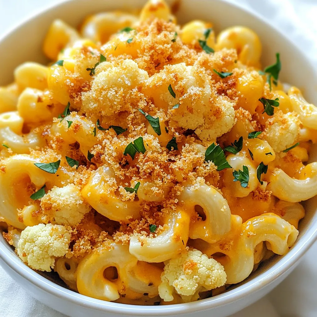 - 1 medium head of cauliflower - 8 ounces elbow macaroni (or pasta of your choice) - 1 cup sharp cheddar cheese, grated - 1 cup mozzarella cheese, grated - 1/2 cup cream cheese - 1/2 cup unsweetened almond milk (or any milk of your choice) - 1/4 cup buffalo sauce (adjust for spice preference) - 1 teaspoon garlic powder - 1 teaspoon onion powder - Salt and pepper to taste - 1/4 cup panko breadcrumbs - 1 tablespoon butter, melted - Fresh parsley for garnish This dish starts with a medium head of cauliflower. Cut it into florets for easy cooking. You’ll also need elbow macaroni, but use your favorite pasta if you want. Next, gather your dairy ingredients. Sharp cheddar cheese gives depth, while mozzarella adds creaminess. The cream cheese makes the sauce rich. Unsweetened almond milk helps blend all these flavors together smoothly. Now for the seasoning! Buffalo sauce adds heat and tang. Garlic powder and onion powder enhance the taste. Don't forget salt and pepper to bring everything together. Finally, for a crunchy top, you’ll need panko breadcrumbs. Mix them with melted butter for a golden finish. Fresh parsley adds color and a fresh touch. These ingredients combine to create a delightful twist on a classic dish. {{ingredient_image_1}} 1. Preheat your oven to 350°F (175°C). This ensures even cooking for our dish. 2. Boil the pasta. Bring a large pot of salted water to a boil. Cook 8 ounces of elbow macaroni until tender. Drain and set aside. 3. Steam the cauliflower florets. Cut one medium head of cauliflower into florets. Steam them for 5-7 minutes until tender. 4. Sauté the cauliflower. In a large skillet, heat 2 tablespoons of olive oil over medium heat. Add the steamed cauliflower and sauté for 3-5 minutes until slightly golden. 5. Incorporate cream cheese. Lower the heat to low. Add 1/2 cup of cream cheese to the skillet. Stir until melted and mixed well with the cauliflower. 6. Combine ingredients. Pour in 1/2 cup of unsweetened almond milk and 1/4 cup of buffalo sauce. Add 1 teaspoon of garlic powder, 1 teaspoon of onion powder, and stir everything together. 7. Combine pasta and cheese. Add the cooked pasta to the skillet. Mix in 1 cup of grated sharp cheddar cheese and 1 cup of grated mozzarella cheese. Stir until everything is coated and the cheese melts. 8. Prepare breadcrumb topping. In a small bowl, mix 1/4 cup of panko breadcrumbs with 1 tablespoon of melted butter. Sprinkle this over the mac and cheese. 9. Bake the dish. Pour the mixture into a greased baking dish. Bake for 20-25 minutes, until the top is golden and crispy. 10. Garnish and serve. Once baked, let it sit for a few minutes. Garnish with fresh parsley for a burst of color. To make your Buffalo Cauliflower Mac and Cheese pop, adjust the spice with buffalo sauce. Start with 1/4 cup, then taste it. If you want more heat, add a bit more sauce. Remember, you can always add spice, but you can't take it away! Melting cheese can be tricky. To get that creamy texture, use low heat. Mix the cream cheese with the cauliflower first. This way, it melts smoothly. When adding the cheddar and mozzarella, stir until they blend well. Prevent clumpy pasta by cooking it al dente. Follow the package instructions carefully. Drain it well, but do not rinse. The starch helps the sauce stick later. If you find your pasta clumps together, add a splash of almond milk before combining. For a crispy topping, panko breadcrumbs work best. Mix them with melted butter to coat evenly. Spread this mixture over the mac and cheese before baking. It will give you a nice crunch after baking. Garnishing with fresh parsley brightens your dish. Chop it finely and sprinkle it on top just before serving. This adds a pop of color and freshness. For maximum appeal, serve in individual bowls. You can also use a large dish for sharing. Either way, a sprinkle of parsley will impress your guests! Pro Tips Cook Pasta Al Dente: Make sure to cook the pasta just until al dente for the best texture. It will continue to cook while baking, so you don’t want it too soft. Customize Your Spices: Adjust the amount of buffalo sauce based on your spice preference. You can also add cayenne or paprika for an extra kick! Cheese Variations: Feel free to mix and match your cheeses. A blend of gouda or pepper jack can add unique flavors to your mac and cheese. Make Ahead: Prepare the dish ahead of time and refrigerate it before baking. Just add a few extra minutes to the baking time if it’s coming straight from the fridge. {{image_2}} You can switch up your pasta. Try penne, shells, or gluten-free options. Each shape holds the cheese sauce well. For a unique twist, use whole wheat pasta for added fiber. If you want to make it dairy-free, use vegan cheese. Look for brands that melt well. You can also swap cream cheese for a nut-based option. This keeps the creamy texture while being plant-friendly. You can boost flavor by adding veggies. Spinach, broccoli, or peas can add color and nutrients. Cook them lightly before mixing them in. Want more protein? Try adding cooked chicken or chickpeas. They pair well with the buffalo sauce. For heat, choose a spicy buffalo sauce. For a milder option, use a classic or sweet version. Adjust to your taste for the perfect kick. Turn this dish into a casserole. Just layer the mixture in a baking dish and bake. This method makes it easy to serve a crowd. Want a fun snack? Serve it with nacho toppings. Add diced tomatoes, jalapeños, or avocado. This gives a fresh twist and makes it great for parties. Store any leftover Buffalo Cauliflower Mac and Cheese in an airtight container. Glass or plastic containers work well. Make sure the lid seals tightly to keep moisture out. Place the container in the fridge. This helps keep it fresh and tasty. If you want to freeze it, let it cool first. Then, use a freezer-safe container. You can also use freezer bags. Remove as much air as possible to avoid freezer burn. When you are ready to eat, thaw it in the fridge overnight. You can reheat it in the oven or microwave. Add a splash of almond milk to keep it creamy. In the fridge, your Buffalo Cauliflower Mac and Cheese stays good for about 3-5 days. Check for signs of spoilage before eating. If it smells sour or has a strange color, throw it away. Fresh food is always the best choice! Yes, you can make this recipe gluten-free. I recommend using gluten-free pasta. Many brands offer elbow macaroni made from rice or chickpeas. These options work well and taste great in the dish. Just check the package to ensure it is labeled gluten-free. The spice level depends on the buffalo sauce you choose. Some brands are hotter than others. To adjust the spice, start with less sauce and taste as you go. You can always add more if you want extra heat. If you prefer it milder, use less sauce or choose a milder brand. Absolutely! You can swap cheeses based on your taste. Gouda or Monterey Jack can add a nice twist. Vegan cheese options are also available if you want a dairy-free version. Just make sure the cheese melts well for that creamy texture. Yes, this recipe is great for meal prep. You can make it ahead and store it in the fridge for up to three days. Just reheat it in the oven or microwave. If you want, you can also freeze it. To freeze, let it cool completely, then store in an airtight container. In this post, we explored a tasty Buffalo Cauliflower Mac and Cheese recipe. We covered key ingredients like fresh produce, cheese, and seasonings. I also shared step-by-step instructions, tips for the best flavor and texture, and ideas for variations. Remember, adjusting the spice level and choosing the right cheese can elevate your dish. Storage tips ensure your leftovers stay fresh. Enjoy making this dish exciting and delicious! Your kitchen adventure awaits, and this recipe is perfect for everyone.