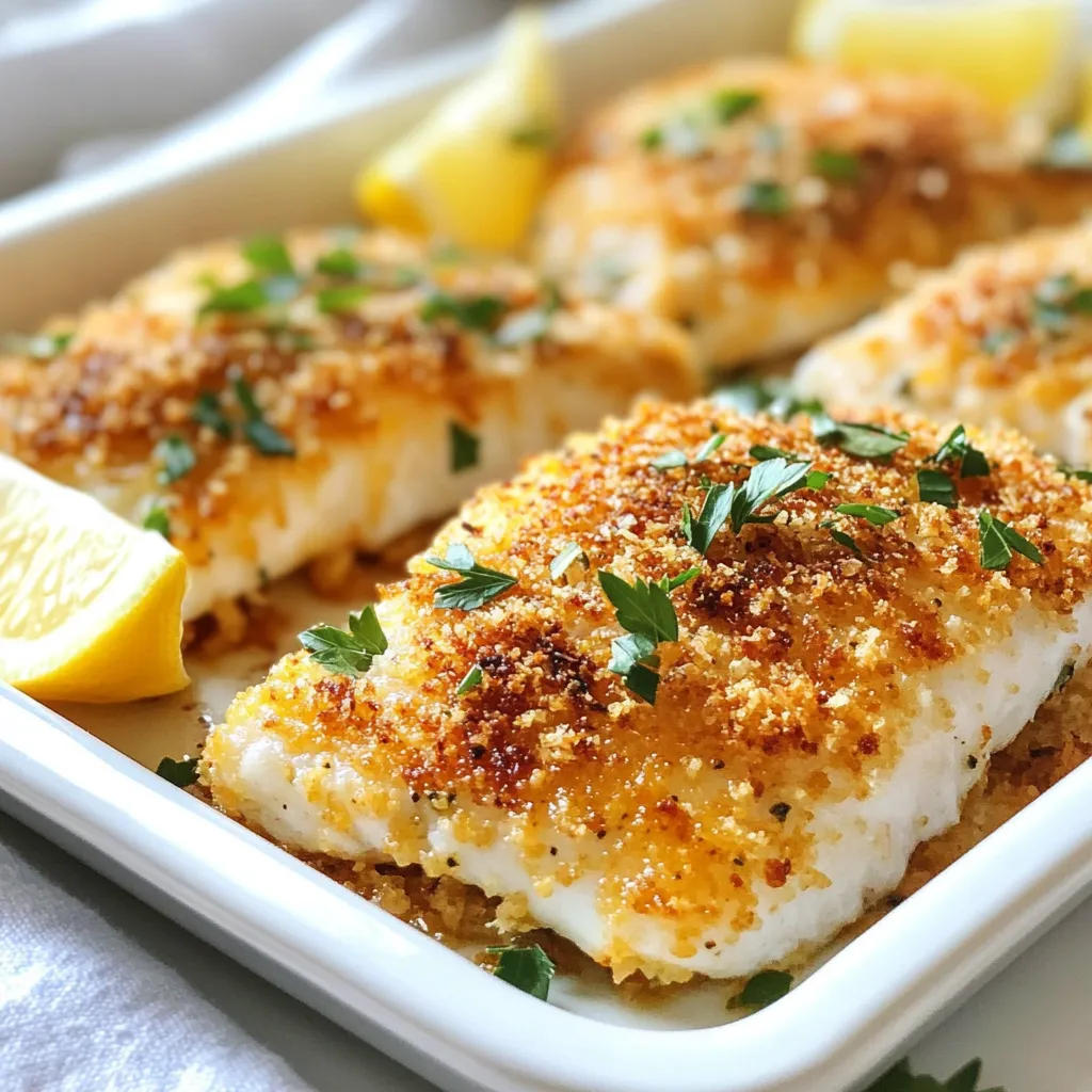 - 4 tilapia fillets - 1 cup grated Parmesan cheese - 1/2 cup breadcrumbs (preferably panko for extra crunch) - 2 tablespoons fresh parsley, chopped - 1 teaspoon garlic powder - 1 teaspoon onion powder - 1/2 teaspoon paprika - Salt and pepper to taste - 2 tablespoons olive oil - 1 lemon, for garnish Each serving of Parmesan Crusted Tilapia contains approximately: - Calories: 300 - Protein: 30g - Carbohydrates: 15g - Fat: 15g - Fiber: 1g This dish is a great source of protein and makes a balanced meal. You can switch out a few ingredients if needed: - Use cheddar instead of Parmesan for a different taste. - Substitute whole wheat breadcrumbs for panko for added fiber. - Try garlic salt instead of garlic powder for more flavor. - Use vegetable oil instead of olive oil for frying. - Fresh herbs can replace dried parsley for a fresher taste. These swaps keep the dish tasty while fitting your needs. {{ingredient_image_1}} Gather all your ingredients before starting. This makes cooking easier. You will need: - 4 tilapia fillets - 1 cup grated Parmesan cheese - 1/2 cup breadcrumbs (panko works best) - 2 tablespoons fresh parsley, chopped - 1 teaspoon garlic powder - 1 teaspoon onion powder - 1/2 teaspoon paprika - Salt and pepper to taste - 2 tablespoons olive oil - 1 lemon for garnish First, preheat your oven to 400°F (200°C). This step is key for a crispy crust. Line a baking sheet with parchment paper to prevent sticking. In a mixing bowl, combine the Parmesan cheese, breadcrumbs, parsley, garlic powder, onion powder, paprika, salt, and pepper. Stir until everything mixes well. This mixture gives the fish a great flavor and crunch. Now it is time to prepare the tilapia. Pat the fillets dry with a paper towel. Dry fillets help the crust stick better. Place the tilapia on the prepared baking sheet. Drizzle olive oil over each fillet. Make sure each piece gets a good coat. Next, take your Parmesan mixture and press it firmly onto the top of each fillet. This creates a nice crust when baked. Put the baking sheet in the preheated oven. Bake for 12 to 15 minutes. The fish is done when it flakes easily with a fork and the crust is golden brown. Once cooked, remove the baking sheet from the oven. Let the tilapia cool for about a minute. This short wait helps the crust set. For a bright touch, garnish with lemon wedges. Squeezing lemon juice over the fish adds a fresh flavor. Serve the tilapia on a platter with veggies or a salad. Enjoy your tasty dinner! To make the crust just right, use panko breadcrumbs. They give a crunchy bite. Press the Parmesan mix firmly onto the fish. This helps it stick. Bake at 400°F for a golden finish. Keep an eye on the fish. It will be done when it flakes easily. To get flaky tilapia, pat the fillets dry first. This removes extra moisture. When you cook, don’t overdo it. Fish cooks fast. Bake for 12 to 15 minutes. Check for doneness with a fork. If it flakes, it’s ready to eat. Serve your tilapia on a bright platter. Add steamed veggies or a fresh salad. Lemon wedges add a nice touch. Squeeze some juice over the fish before serving. This brightens the dish. For drinks, pair it with white wine or sparkling water. Enjoy! Pro Tips Use Panko Breadcrumbs: For an extra crunchy and delightful texture, opt for panko breadcrumbs instead of regular ones. Pat Fish Dry: Ensure the tilapia fillets are patted dry with a paper towel to achieve a crispier crust. Don’t Overbake: Keep an eye on the fish while baking; remove it from the oven as soon as it flakes easily to prevent dryness. Herb Variations: Experiment with different fresh herbs like basil or dill for a unique flavor twist in the crust. {{image_2}} You can switch up the cheese for different flavors. Try using Pecorino Romano for a sharper taste. Feta cheese can add a tangy twist. If you want a creamy touch, go for a blend of mozzarella and Parmesan. Each cheese brings its own unique flavor to the dish. Mixing in veggies or fresh herbs can enhance the dish. Try adding chopped spinach or kale for extra nutrients. You can also sprinkle some sun-dried tomatoes for a burst of taste. Fresh herbs like basil or dill can brighten the dish. Just add them to the cheese mix or as a garnish. You can bake or air fry your tilapia. Baking gives a lovely golden crust and is easy to do. Air frying cooks the fish faster and keeps it crispy. If you choose to air fry, set it to 375°F for about 8-10 minutes. Both methods yield delicious results, so pick what you prefer! To keep your Parmesan crusted tilapia fresh, store it in an airtight container. Make sure it cools to room temperature before sealing. Place it in the fridge for up to three days. This helps maintain the taste and texture. You can freeze the tilapia if you want to save it for later. Wrap each fillet tightly in plastic wrap. Then, put them in a freezer-safe bag. It can last for up to two months in the freezer. Label the bag with the date for easy tracking. When you're ready to eat, preheat your oven to 350°F (175°C). Place the tilapia on a baking sheet. Cover it with foil to keep it moist. Heat for about 10-15 minutes, or until warmed through. You can also reheat it in the microwave for about 1-2 minutes. Just be careful not to overcook it! Yes, you can use other fish. Good options are cod, haddock, or flounder. All these fish have mild flavors. They also cook well with a crispy topping. Adjust the cooking time based on the thickness of the fillets. Thicker fish may need a bit more time in the oven. To make this dish gluten-free, swap breadcrumbs with gluten-free options. You can use gluten-free panko or crushed gluten-free crackers. Look for brands that clearly label their products as gluten-free. This change keeps the crunch while making it safe for gluten-sensitive eaters. Several sides pair nicely with Parmesan crusted tilapia. Try steamed vegetables like broccoli or green beans. A fresh green salad also works great. You might serve it with rice or quinoa for a filling meal. A squeeze of lemon over the top adds a nice touch, too. This article covered the essential ingredients for making Parmesan Crusted Tilapia. We discussed the nutritional value, ingredient swaps, and preparation steps. I shared tips for achieving a perfect crust and ideas for different variations. We also looked at how to store and reheat your dish. In closing, this meal is simple yet delicious, and it can fit any taste. Try it out and enjoy a tasty dish that you made yourself.