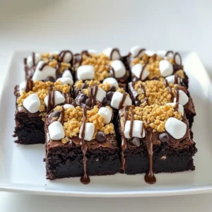 - 1 cup unsalted butter, melted - 2 cups granulated sugar - 4 large eggs - 1 teaspoon vanilla extract - 1 cup all-purpose flour - 1 cup unsweetened cocoa powder - 1/2 teaspoon salt - 1 cup semi-sweet chocolate chips - 1 cup mini marshmallows - 1 cup crushed graham crackers - 1/2 cup chocolate syrup The main star of this treat is the chocolate. I use semi-sweet chocolate chips for a rich taste. They melt nicely and add extra chocolate flavor. The unsweetened cocoa powder also deepens the chocolate notes. Butter adds moisture and richness. The eggs bind everything together, making the bars chewy. Mini marshmallows melt into gooey pockets of sweetness. The crushed graham crackers give a crunchy texture and that classic S’mores taste. For butter, I suggest using a high-quality unsalted brand like Kerrygold. For sugar, any granulated sugar works well. If you want a richer chocolate flavor, you can swap semi-sweet chips for dark chocolate chips. For a different twist, try using milk chocolate for a sweeter taste. If you can’t find mini marshmallows, regular marshmallows cut into small pieces will do. Instead of chocolate syrup, you can use fudge sauce for a thicker drizzle. Start by preheating your oven to 350°F (175°C). This step is key for even baking. Next, take a 9x13 inch baking pan. Grease it well with butter or line it with parchment paper. This makes it easy to lift out the bars later. In a large bowl, pour in 1 cup of melted butter. Add 2 cups of granulated sugar. Mix them well until they blend smoothly. Crack 4 large eggs into the bowl, one at a time. Stir well after each egg. This helps the mix stay fluffy. Add in 1 teaspoon of vanilla extract for flavor. Now it's time to sift the dry ingredients. In a separate bowl, mix 1 cup of all-purpose flour, 1 cup of unsweetened cocoa powder, and 1/2 teaspoon of salt. Slowly fold this mix into your wet ingredients. Be gentle; overmixing can make your bars tough. Once combined, stir in 1 cup of semi-sweet chocolate chips. This adds extra chocolatey goodness. Your batter is now ready! Baking time is key for S’mores brownie bars. I bake them for 25 to 30 minutes. Check with a toothpick. It should come out with moist crumbs. If it’s wet, bake a bit longer. Each oven is different, so keep an eye on your bars. A gooey center makes these bars special. To achieve this, avoid overmixing the batter. Fold in the dry ingredients gently. This keeps air in the mix, which helps the bars rise. Use a mix of chocolate chips and mini marshmallows for extra gooeyness. For a stunning presentation, serve the bars on a decorative platter. Drizzle extra chocolate syrup on top. Add a few mini marshmallows for flair. They look great and taste even better. Cut them into squares for easy serving. Enjoy the smiles from your guests! {{image_2}} You can make S’mores brownie bars gluten-free. Use gluten-free flour instead of all-purpose flour. Brands like Bob's Red Mill or King Arthur Flour work great. Check the labels to ensure no gluten is present. This change keeps the taste and texture delicious. Try different types of chocolate for your bars. Dark chocolate adds a rich flavor. Use semi-sweet chips for a classic taste. If you love white chocolate, swap in white chocolate chips. Each choice gives a new twist to the bars. Adding nuts can give your bars a nice crunch. Chopped walnuts or pecans work well. For a creamy touch, stir in peanut butter. You can swirl it into the batter before baking. This adds a tasty layer of flavor. Experiment with what you like best! To keep your S’mores brownie bars fresh, place them in an airtight container. You can layer them with parchment paper to prevent sticking. This method helps keep the bars moist and tasty. In the refrigerator, these bars stay good for up to one week. If you freeze them, they can last for about three months. Just make sure to wrap them well in plastic wrap before placing them in a freezer bag. To reheat, take a bar out of the fridge or freezer. If frozen, let it sit for a few minutes to soften. Then, microwave it for about 10-15 seconds. This warms it up nicely without drying it out. Enjoy your gooey treat! Yes, you can use different marshmallows. Try using flavored marshmallows for a fun twist. Mini marshmallows work best in this recipe. They melt nicely and mix well with the brownies. If you want, you can use large marshmallows, but cut them into smaller pieces. This way, they’ll fit better in the bars. You can use melted chocolate as a substitute for chocolate syrup. Just melt some semi-sweet chocolate chips. You can also use a chocolate sauce if you have it. If you want a healthier option, consider using a date syrup or maple syrup. Both add sweetness and flavor. Yes, you can make vegan S’mores brownie bars! For the butter, use coconut oil or vegan butter. Replace the eggs with flax eggs or applesauce. Use non-dairy chocolate chips and a vegan chocolate syrup. These swaps keep the bars tasty and suitable for a vegan diet. You now have all the steps to make perfect S’mores brownie bars. We covered the key ingredients, from different types of chocolate to recommended brands. I shared easy tips on mixing and baking for a gooey center. You can also explore fun variations, like gluten-free options or adding nuts. Remember to store your bars properly so they stay fresh. Enjoy making these treats and impress everyone. With practice, you’ll master this fun recipe quickly!