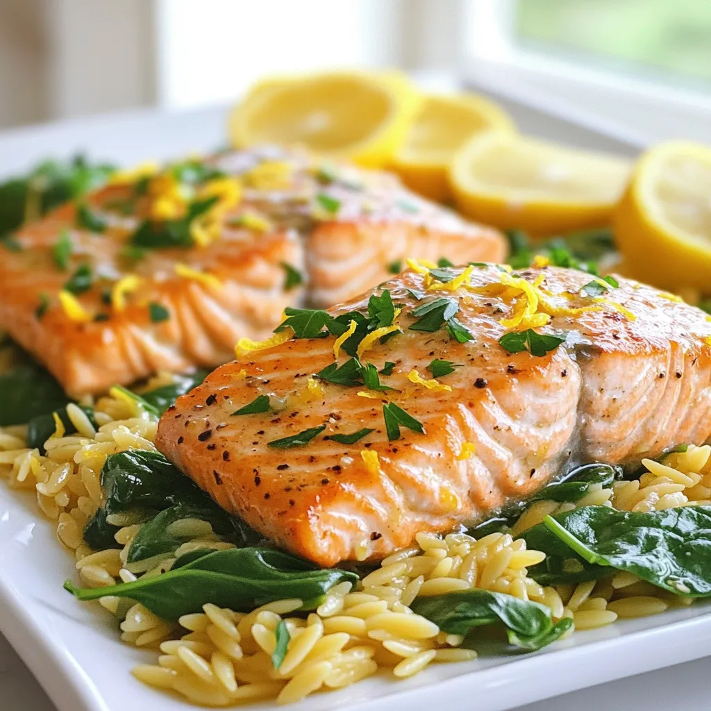 To make Lemon Garlic Salmon Orzo, gather these items: - 2 salmon fillets (about 6 oz each) - 1 cup orzo pasta - 2 tablespoons olive oil - 3 cloves garlic, minced - 1 lemon (zest and juice) - 2 cups vegetable broth - 1 cup baby spinach - 1/4 cup fresh parsley, chopped - Salt and pepper to taste - Lemon slices for garnish You can swap ingredients if needed. Here are some easy swaps: - Use chicken broth instead of vegetable broth for more flavor. - Try quinoa or rice if you don't have orzo. - For a dairy option, add a bit of feta cheese. - If you lack fresh parsley, use dried herbs or another fresh herb like basil. When looking for fresh salmon, follow these tips: - Check for bright, clear eyes. This means the fish is fresh. - The flesh should look moist and firm, not dull or dry. - Smell the fish. It should smell like the ocean, not too fishy. - Buy from a trusted market or fishmonger for the best quality. These details help you make a great Lemon Garlic Salmon Orzo dish. Enjoy cooking! {{ingredient_image_1}} First, grab a medium pot. Pour in 2 cups of vegetable broth and bring it to a boil. When it bubbles, add 1 cup of orzo pasta. Cook the orzo until it is al dente, which takes about 8 to 10 minutes. This means it should be firm but not hard. Once done, drain the orzo and set it aside. While the orzo cooks, take a skillet and heat 1 tablespoon of olive oil over medium-high heat. Season 2 salmon fillets with salt and pepper. Place the salmon skin-side down in the hot skillet. Cook it for about 4 to 5 minutes. You want the skin to be crispy. Then, flip the salmon and cook for another 3 to 4 minutes. When it flakes easily with a fork, it is ready. Remove the salmon from the skillet and set it aside. In the same skillet, add another tablespoon of olive oil. Toss in 3 minced garlic cloves and sauté for about 30 seconds until you smell the garlic. Next, add the drained orzo, lemon zest, and lemon juice. Stir in 1 cup of baby spinach and mix well. The spinach will wilt down nicely. Then, flake the cooked salmon and gently fold it into the orzo mixture. Taste it and adjust the salt and pepper as needed. Serve this warm, garnished with fresh parsley and lemon slices. Enjoy the delightful flavors! To boost flavor, use fresh garlic and lemon. Fresh ingredients make a big difference. When cooking salmon, cook it skin-side down first. This gives a crispy skin, adding texture. Make sure to season the salmon well with salt and pepper. Also, let the orzo absorb the lemon juice and zest. This adds brightness to each bite. Avoid overcooking the salmon. It should flake easily but stay moist. If you cook it too long, it may dry out. Another common mistake is not draining the orzo properly. Excess water can make the dish watery. Also, don't skip the baby spinach. It adds both flavor and color to the dish. Serve the orzo on a large plate, then place the salmon on top. Garnish with lemon slices and parsley for a pretty look. You can pair this dish with a light salad or grilled veggies. A glass of white wine complements the flavors well. Enjoy this dish warm for the best taste experience! Pro Tips Perfectly Cooked Salmon: To achieve perfectly cooked salmon, use a meat thermometer; the internal temperature should reach 145°F (63°C) for optimal doneness. Flavorful Orzo: For added depth of flavor, consider toasting the orzo in the skillet with a little olive oil before boiling it in vegetable broth. Fresh Herbs: Use fresh parsley for garnish, as it elevates the dish with a burst of flavor and a pop of color. You can also experiment with dill or basil! Leftover Storage: Store any leftovers in an airtight container in the refrigerator for up to 2 days. Reheat gently on the stove with a splash of broth to keep the orzo moist. {{image_2}} You can swap the salmon for other proteins. Chicken breast works well. Just cook it until it's done inside. Shrimp is another option. Cook it until it turns pink. Tofu is great for a plant-based meal. You can marinate it with lemon and garlic for flavor. Using seasonal veggies makes your dish fresh and colorful. Try adding asparagus in spring, or zucchini in summer. In fall, roasted butternut squash gives a nice touch. In winter, use hearty greens like kale. Just sauté them briefly to keep their crunch. To boost the flavor, add different spices. A pinch of red pepper flakes gives heat. Fresh dill or thyme can add a nice herbal note. For a smoky taste, try paprika. These spices pair well with lemon and garlic, enhancing your dish. After enjoying your Lemon Garlic Salmon Orzo, store any leftovers in an airtight container. This keeps the dish fresh and safe to eat later. Ensure the orzo and salmon cool to room temperature before sealing. I recommend using glass containers for easy reheating. Store the leftovers in the fridge. They will stay good for up to three days. To reheat, you can use the microwave or stovetop. If using a microwave, place the orzo in a microwave-safe bowl. Add a splash of water to keep it moist. Heat for one to two minutes, stirring halfway through. For the stovetop, warm the orzo in a skillet over low heat. Add a bit of olive oil or broth to keep it from drying out. Heat until warmed through. Gently reheat the salmon in the same way to keep it tender. You can freeze Lemon Garlic Salmon Orzo if you want to save it for later. First, let it cool completely. Then, scoop portions into freezer-safe bags or containers. Remove as much air as possible. Label your containers with the date. This dish will freeze well for about one month. When ready to eat, thaw it overnight in the fridge. Reheat using the methods above. Enjoy your delicious meal even after freezing! Yes, you can prepare Lemon Garlic Salmon Orzo ahead of time. Cook the orzo and salmon separately. Store them in the fridge in airtight containers. When you want to serve, just reheat everything together in a skillet. This method keeps flavors fresh. You can serve Lemon Garlic Salmon Orzo with a simple salad. A side of roasted vegetables pairs well too. Garlic bread adds a nice touch. You might also enjoy a light white wine with it. These options enhance the meal without overwhelming it. Orzo can be a healthy choice. It is made from whole grains, which provide fiber. This pasta is low in fat and calories. It also cooks quickly, making it a great option for busy days. Just watch your portion sizes to keep it balanced. This blog post covered how to make Lemon Garlic Salmon Orzo, from choosing fresh ingredients to cooking tips. You have learned about ingredient substitutions, easy cooking steps, and ways to enhance flavor. Remember to avoid common mistakes and explore fun variations. Proper storage will keep your leftovers tasty. Overall, this dish is not only delicious but also easy to prepare. Enjoy making it and impress your friends and family with this healthy meal!