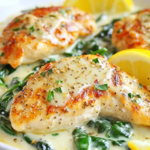 - 4 boneless, skinless chicken breasts - 2 tablespoons olive oil - 4 cloves garlic, minced - 1 cup heavy cream - 1 cup fresh spinach, chopped - 1/2 cup grated Parmesan cheese - 1 teaspoon Italian seasoning - Salt and pepper to taste - Lemon wedges for serving When I make Creamy Garlic Spinach Chicken, I always start with the best ingredients. Fresh chicken breasts are key since they keep the dish moist. I prefer boneless and skinless because they cook evenly. Next, I use olive oil. It adds a nice flavor and helps the chicken brown well. Garlic is a must. I use four cloves of minced garlic to give a strong taste. For creaminess, I choose heavy cream. It makes the sauce rich and smooth. Fresh spinach is essential too. I chop it up and add it to the sauce. It wilts quickly and adds a pop of color. Grated Parmesan cheese gives the dish a lovely salty bite. I sprinkle in Italian seasoning for a hint of herbs. Lastly, I always have salt and pepper on hand to adjust the flavor. Don't forget the lemon wedges! They add a bright touch when you squeeze them over the dish before eating. This combo makes a simple yet tasty meal that shines on any table. {{ingredient_image_1}} 1. Heat 2 tablespoons of olive oil in a large skillet over medium heat. 2. Season 4 boneless, skinless chicken breasts with salt and pepper on both sides. 3. Add the chicken to the skillet and cook for about 6-7 minutes on each side. 4. Look for a golden brown color. Once cooked through, remove the chicken and set it aside. 1. In the same skillet, lower the heat and add 4 minced garlic cloves. 2. Sauté the garlic for about 1 minute until it smells great. Watch closely; you don’t want it to burn. 3. Pour in 1 cup of heavy cream and stir to mix with the garlic. Bring it to a gentle simmer. 4. Add 1 cup of chopped fresh spinach and 1/2 cup of grated Parmesan cheese to the skillet. Stir until the spinach wilts and the cheese melts. 1. Return the cooked chicken to the skillet with the sauce. 2. Spoon the creamy sauce over the chicken pieces. 3. Let it simmer for 2-3 minutes. This helps the flavors blend together beautifully. To prevent overcooking, always check the chicken's internal temperature. Use a meat thermometer and aim for 165°F. This gives you juicy chicken every time. Avoid cooking on high heat. Medium heat lets the chicken brown well without drying it out. For seasoning, start simple. Salt and pepper bring out the chicken's natural flavor. You can add garlic powder or paprika for extra taste. Season both sides evenly to enhance the flavor. To add more flavor to the creamy sauce, think about fresh herbs. Basil or thyme can brighten the dish. You can also mix in lemon juice for a zesty kick. If you want a spicy twist, add red pepper flakes. Adjust the creaminess by adding more heavy cream or broth. If you like it thick, let it simmer longer. For a lighter version, use half-and-half instead of heavy cream. Best side dishes to pair with this dish include rice, pasta, or mashed potatoes. These options soak up the creamy sauce well. Roasted vegetables like broccoli or green beans also add color and texture. For garnishing, sprinkle fresh parsley or additional Parmesan cheese on top. Lemon wedges not only look nice but add a fresh taste when squeezed over the chicken. Enjoy your meal! Pro Tips Use Fresh Ingredients: Always opt for fresh spinach and high-quality chicken for the best flavor and texture in your dish. Mind the Garlic: Sauté garlic on low heat to prevent burning, which can make it bitter; it's best when it's just fragrant. Adjust Creaminess: For a lighter sauce, use half-and-half instead of heavy cream or add more spinach for extra volume. Lemon Zest Boost: Adding a bit of lemon zest along with the juice can enhance the dish's brightness and depth of flavor. {{image_2}} You can switch up the cheese. Use mozzarella or feta instead of Parmesan. Each cheese gives a unique taste to the dish. If you don’t have heavy cream, try using half-and-half or coconut milk. These options keep the sauce rich and creamy. Want to add more flavor? Toss in sun-dried tomatoes or mushrooms. These ingredients bring a burst of taste to the creamy sauce. You can also play with spices. Add a pinch of red pepper flakes for heat or fresh herbs like basil for freshness. To make this dish gluten-free, ensure your seasonings are gluten-free. Most herbs and spices fit this need easily. For a dairy-free version, swap heavy cream with a plant-based cream. Nutritional yeast can give a cheesy flavor without dairy. To keep your creamy garlic spinach chicken fresh, store it right. Place the chicken in an airtight container. This helps keep moisture in and prevents odors. Let the chicken cool to room temperature before sealing it. You can store it in the fridge for up to three days. For best results, use glass or BPA-free plastic containers. They are easy to clean and stack well. Make sure the lid fits tightly to keep flavors intact. When it’s time to enjoy leftovers, reheating needs care. The safest way is to use the microwave. Place the chicken on a microwave-safe plate. Cover it with a damp paper towel to keep it moist. Heat it in short bursts, about 30 seconds at a time. Check often to avoid overcooking. To maintain that creamy texture, you can add a splash of heavy cream or broth before reheating. This helps keep the sauce smooth and rich. If you want to save some for later, freezing is a great choice. First, let the chicken cool completely. Then, wrap it tightly in plastic wrap. Place it in a freezer-safe bag or container. This keeps it safe from freezer burn. You can store it for up to three months. When you're ready to eat, thaw the chicken in the fridge overnight. After it's thawed, reheat it using the microwave or stovetop. Remember to add a bit of liquid to keep the creaminess. Enjoy your meal just like the first time! This dish takes about 30 minutes from start to finish. You’ll spend around 10 minutes prepping the ingredients. Cooking the chicken will take about 12 to 14 minutes. After that, you’ll need about 5 to 7 minutes to make the creamy sauce and finish everything up. It’s a quick and tasty meal that fits into a busy schedule. Yes, you can use frozen chicken breasts. Just make sure to thaw them first. Thawing is best done in the fridge overnight. If you’re short on time, you can use the microwave. Once thawed, follow the same cooking steps. Cook them on medium heat until the chicken is no longer pink inside. Absolutely! Creamy Garlic Spinach Chicken is great for meal prep. You can make a batch and store it in the fridge for up to four days. Just divide it into meal containers. When you’re ready to eat, simply reheat it in the microwave. Pair it with your favorite sides for a complete meal. You can pair this dish with many sides. Here are a few great options: - Rice or quinoa for a filling base - Steamed broccoli for a healthy crunch - Mashed potatoes for a creamy contrast - A fresh garden salad to lighten the meal These sides will complement the rich flavors of the creamy chicken nicely. Enjoy your meal! This blog post covered how to make a delicious Creamy Garlic Spinach Chicken. We explored key ingredients like chicken, garlic, and spinach. I shared step-by-step cooking instructions to ensure perfect results. You learned tips to enhance flavor and serve it well. We also discussed variations and storage options for leftovers. In conclusion, this dish is not just tasty; it's also flexible. You can make it your own while enjoying every bite. Happy cooking!