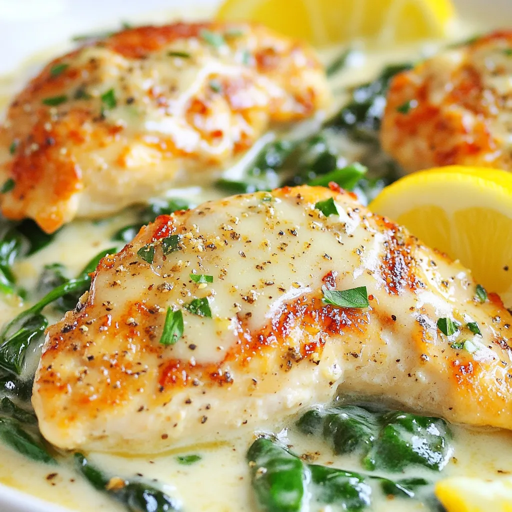 - 4 boneless, skinless chicken breasts - 2 tablespoons olive oil - 4 cloves garlic, minced - 1 cup heavy cream - 1 cup fresh spinach, chopped - 1/2 cup grated Parmesan cheese - 1 teaspoon Italian seasoning - Salt and pepper to taste - Lemon wedges for serving When I make Creamy Garlic Spinach Chicken, I always start with the best ingredients. Fresh chicken breasts are key since they keep the dish moist. I prefer boneless and skinless because they cook evenly. Next, I use olive oil. It adds a nice flavor and helps the chicken brown well. Garlic is a must. I use four cloves of minced garlic to give a strong taste. For creaminess, I choose heavy cream. It makes the sauce rich and smooth. Fresh spinach is essential too. I chop it up and add it to the sauce. It wilts quickly and adds a pop of color. Grated Parmesan cheese gives the dish a lovely salty bite. I sprinkle in Italian seasoning for a hint of herbs. Lastly, I always have salt and pepper on hand to adjust the flavor. Don't forget the lemon wedges! They add a bright touch when you squeeze them over the dish before eating. This combo makes a simple yet tasty meal that shines on any table. {{ingredient_image_1}} 1. Heat 2 tablespoons of olive oil in a large skillet over medium heat. 2. Season 4 boneless, skinless chicken breasts with salt and pepper on both sides. 3. Add the chicken to the skillet and cook for about 6-7 minutes on each side. 4. Look for a golden brown color. Once cooked through, remove the chicken and set it aside. 1. In the same skillet, lower the heat and add 4 minced garlic cloves. 2. Sauté the garlic for about 1 minute until it smells great. Watch closely; you don’t want it to burn. 3. Pour in 1 cup of heavy cream and stir to mix with the garlic. Bring it to a gentle simmer. 4. Add 1 cup of chopped fresh spinach and 1/2 cup of grated Parmesan cheese to the skillet. Stir until the spinach wilts and the cheese melts. 1. Return the cooked chicken to the skillet with the sauce. 2. Spoon the creamy sauce over the chicken pieces. 3. Let it simmer for 2-3 minutes. This helps the flavors blend together beautifully. To prevent overcooking, always check the chicken's internal temperature. Use a meat thermometer and aim for 165°F. This gives you juicy chicken every time. Avoid cooking on high heat. Medium heat lets the chicken brown well without drying it out. For seasoning, start simple. Salt and pepper bring out the chicken's natural flavor. You can add garlic powder or paprika for extra taste. Season both sides evenly to enhance the flavor. To add more flavor to the creamy sauce, think about fresh herbs. Basil or thyme can brighten the dish. You can also mix in lemon juice for a zesty kick. If you want a spicy twist, add red pepper flakes. Adjust the creaminess by adding more heavy cream or broth. If you like it thick, let it simmer longer. For a lighter version, use half-and-half instead of heavy cream. Best side dishes to pair with this dish include rice, pasta, or mashed potatoes. These options soak up the creamy sauce well. Roasted vegetables like broccoli or green beans also add color and texture. For garnishing, sprinkle fresh parsley or additional Parmesan cheese on top. Lemon wedges not only look nice but add a fresh taste when squeezed over the chicken. Enjoy your meal! Pro Tips Use Fresh Ingredients: Always opt for fresh spinach and high-quality chicken for the best flavor and texture in your dish. Mind the Garlic: Sauté garlic on low heat to prevent burning, which can make it bitter; it's best when it's just fragrant. Adjust Creaminess: For a lighter sauce, use half-and-half instead of heavy cream or add more spinach for extra volume. Lemon Zest Boost: Adding a bit of lemon zest along with the juice can enhance the dish's brightness and depth of flavor. {{image_2}} You can switch up the cheese. Use mozzarella or feta instead of Parmesan. Each cheese gives a unique taste to the dish. If you don’t have heavy cream, try using half-and-half or coconut milk. These options keep the sauce rich and creamy. Want to add more flavor? Toss in sun-dried tomatoes or mushrooms. These ingredients bring a burst of taste to the creamy sauce. You can also play with spices. Add a pinch of red pepper flakes for heat or fresh herbs like basil for freshness. To make this dish gluten-free, ensure your seasonings are gluten-free. Most herbs and spices fit this need easily. For a dairy-free version, swap heavy cream with a plant-based cream. Nutritional yeast can give a cheesy flavor without dairy. To keep your creamy garlic spinach chicken fresh, store it right. Place the chicken in an airtight container. This helps keep moisture in and prevents odors. Let the chicken cool to room temperature before sealing it. You can store it in the fridge for up to three days. For best results, use glass or BPA-free plastic containers. They are easy to clean and stack well. Make sure the lid fits tightly to keep flavors intact. When it’s time to enjoy leftovers, reheating needs care. The safest way is to use the microwave. Place the chicken on a microwave-safe plate. Cover it with a damp paper towel to keep it moist. Heat it in short bursts, about 30 seconds at a time. Check often to avoid overcooking. To maintain that creamy texture, you can add a splash of heavy cream or broth before reheating. This helps keep the sauce smooth and rich. If you want to save some for later, freezing is a great choice. First, let the chicken cool completely. Then, wrap it tightly in plastic wrap. Place it in a freezer-safe bag or container. This keeps it safe from freezer burn. You can store it for up to three months. When you're ready to eat, thaw the chicken in the fridge overnight. After it's thawed, reheat it using the microwave or stovetop. Remember to add a bit of liquid to keep the creaminess. Enjoy your meal just like the first time! This dish takes about 30 minutes from start to finish. You’ll spend around 10 minutes prepping the ingredients. Cooking the chicken will take about 12 to 14 minutes. After that, you’ll need about 5 to 7 minutes to make the creamy sauce and finish everything up. It’s a quick and tasty meal that fits into a busy schedule. Yes, you can use frozen chicken breasts. Just make sure to thaw them first. Thawing is best done in the fridge overnight. If you’re short on time, you can use the microwave. Once thawed, follow the same cooking steps. Cook them on medium heat until the chicken is no longer pink inside. Absolutely! Creamy Garlic Spinach Chicken is great for meal prep. You can make a batch and store it in the fridge for up to four days. Just divide it into meal containers. When you’re ready to eat, simply reheat it in the microwave. Pair it with your favorite sides for a complete meal. You can pair this dish with many sides. Here are a few great options: - Rice or quinoa for a filling base - Steamed broccoli for a healthy crunch - Mashed potatoes for a creamy contrast - A fresh garden salad to lighten the meal These sides will complement the rich flavors of the creamy chicken nicely. Enjoy your meal! This blog post covered how to make a delicious Creamy Garlic Spinach Chicken. We explored key ingredients like chicken, garlic, and spinach. I shared step-by-step cooking instructions to ensure perfect results. You learned tips to enhance flavor and serve it well. We also discussed variations and storage options for leftovers. In conclusion, this dish is not just tasty; it's also flexible. You can make it your own while enjoying every bite. Happy cooking!